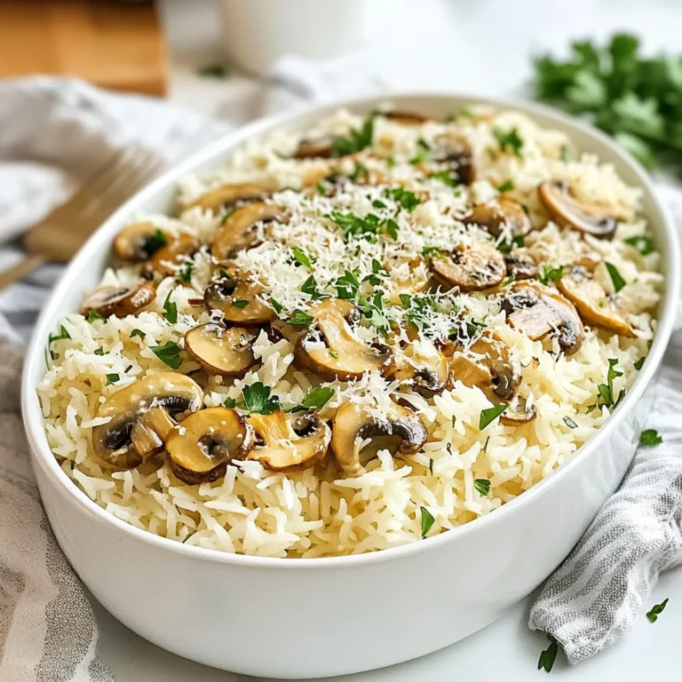 - 1 cup jasmine or basmati rice - 2 cups vegetable or chicken broth - 2 tablespoons unsalted butter - 3 cloves garlic, minced - 1 cup mushrooms, sliced (cremini or button) - 1 small onion, finely chopped - 1/4 cup grated Parmesan cheese (optional but recommended) - 1 tablespoon fresh parsley, finely chopped - Salt and freshly cracked pepper, to taste Choosing the right rice is key. I love using jasmine or basmati rice. Both types have a lovely aroma and cook well. They are fluffy and absorb flavors nicely. For the broth, you can use vegetable or chicken. The broth adds depth to the dish. It makes the rice taste rich and savory. Garlic and butter are the heart of this recipe. They bring out the best in the mushrooms. The butter adds a creamy texture, while the garlic gives a nice kick. If you want to take this dish up a notch, consider adding Parmesan cheese. It melts into the rice and makes it extra tasty. Fresh parsley adds color and a fresh taste. Lastly, don’t forget about salt and pepper. They make all the flavors pop! Adjust them to your liking for the best result. This ingredient list makes Garlic Butter Mushroom Rice a joy to prepare. Each ingredient plays an important role in creating a delicious meal. {{ingredient_image_2}} 1. Rinsing and draining the rice: First, rinse 1 cup of jasmine or basmati rice under cold water. Swirl it around for a minute until the water is clear. Drain the rice well and set it aside. 2. Cooking the rice in broth: In a medium pot, bring 2 cups of vegetable or chicken broth to a boil. Add the rinsed rice once it starts boiling. Cover the pot, lower the heat, and let it simmer for 15-20 minutes. When done, remove it from heat and let it rest for 5 minutes with the lid on. 1. Heating butter in the skillet: While the rice rests, heat a large skillet over medium heat. Add 2 tablespoons of unsalted butter and let it melt until it foams slightly. 2. Sautéing onions, garlic, and mushrooms: Add 1 small finely chopped onion to the skillet. Sauté for 2-3 minutes until it turns translucent. Then, add 3 cloves of minced garlic and 1 cup of sliced mushrooms. Cook for about 5-7 minutes. The mushrooms should be golden brown and their moisture mostly gone. 1. Folding the rice into the mushroom mixture: Once the rice is ready, fluff it with a fork. Gently fold the rice into the mushroom mixture in the skillet. This ensures every grain gets coated in flavor. 2. Seasoning and adding optional ingredients: If you want, sprinkle 1/4 cup of grated Parmesan cheese over the mix. Add freshly chopped parsley and season with salt and cracked pepper. Cook everything together for 2-3 minutes. This melds the flavors and warms it all through. To get fluffy rice, always rinse it well. Rinsing removes excess starch. This keeps the grains separate. Use cold water and swirl the rice for a minute. Drain it well before cooking. When cooking, bring the broth to a strong boil. Then, lower the heat and cover it. Let the rice simmer until it absorbs all the liquid. After cooking, let it rest for five minutes. This step helps steam the rice, making it light and fluffy. You can add more flavor to your rice dish in many ways. Consider using herbs like thyme or rosemary for added depth. A splash of soy sauce can also enhance the taste. For a spicy kick, add red pepper flakes. When it comes to garnishes, fresh herbs like parsley or chives work great. You can even add toasted nuts for a crunchy texture. A squeeze of lemon juice just before serving brightens the dish. Choosing the right tools makes cooking easier. A medium pot with a tight lid works best for cooking rice. It helps trap steam and heat. For sautéing, use a large skillet. A non-stick skillet is ideal for easy cleanup. A wooden spoon or silicone spatula helps avoid scratches. If you want to get fancy, a rice cooker can make perfect rice every time. Pro Tips Rinse the Rice: Always rinse your rice under cold water until the water runs clear to remove excess starch, which helps prevent it from becoming sticky. Sauté for Flavor: Ensure your onions and garlic are sautéed until fragrant and golden before adding the mushrooms. This builds a rich flavor base for the dish. Mushroom Selection: Use a mix of mushrooms for a more complex flavor. Cremini, shiitake, or portobello can add depth and variety to the dish. Rest the Rice: After cooking, let the rice rest covered for 5 minutes. This allows it to steam and fluff up nicely, enhancing the final texture. {{image_4}} To make this dish vegan, you can swap butter and cheese. Use plant-based butter instead of regular butter. For cheese, skip it or use a vegan cheese option. Nutritional yeast also adds a cheesy flavor without dairy. You can add chicken or tofu for extra protein. If you use chicken, cut it into small pieces. Cook it in the skillet before adding the mushrooms. This usually takes about 5-7 minutes. For tofu, press it to remove water, then cube it. Sauté it for 5 minutes until it’s golden. Adjust the rice cooking time if you add a lot of protein. Ensure everything blends well before serving. Different mushrooms bring unique flavors. Cremini mushrooms taste rich and earthy, while button mushrooms are milder. For a deeper taste, try shiitake or portobello mushrooms. Wild mushrooms like chanterelles and morels can elevate the dish. They add a gourmet touch that many love. Just remember to clean them gently before use. To keep your Garlic Butter Mushroom Rice fresh, store it in an airtight container. Let the rice cool first to avoid condensation. Place it in the fridge within two hours of cooking. If stored correctly, it will stay fresh for about 3 to 5 days. You can also freeze it. For freezing, use a freezer-safe container. It will keep well for up to 3 months. When you reheat rice, you want to avoid drying it out. One great way is to add a splash of broth or water. Use a microwave-safe bowl, cover it with a damp paper towel, and heat in short bursts. Stir it gently to heat evenly. You can also use a skillet on low heat. Add a tiny bit of butter or oil to keep it moist. For extra flavor when reheating, sprinkle some fresh herbs or a touch of lemon juice. You can even mix in a little extra cheese for richness. These small tweaks can make your leftover rice just as tasty as when it was first made! Yes, you can prepare Garlic Butter Mushroom Rice ahead of time. To meal prep, cook the rice and let it cool completely. Store it in an airtight container in the fridge for up to three days. When ready to eat, reheat it in a skillet with a bit of broth or water to add moisture. This method keeps the rice tasty and fluffy. Garlic Butter Mushroom Rice pairs well with many dishes. Here are some great options: - Grilled chicken or steak for protein. - Roasted vegetables like broccoli or asparagus. - A fresh green salad for crunch. - Sautéed shrimp for a seafood twist. These pairings create a fun and balanced meal, making your dinner both tasty and satisfying. You can make your rice more flavorful with a few simple tips: - Use broth instead of water for cooking. Vegetable or chicken broth adds depth. - Add herbs like thyme or rosemary while cooking for extra aroma. - Mix in some soy sauce or lemon juice for a touch of zest. These tips will enhance the taste of your Garlic Butter Mushroom Rice, making each bite delightful. This blog post covered essential ingredients, step-by-step instructions, tips, variations, and storage. You learned how to make tasty Garlic Butter Mushroom Rice. From choosing the right broth to seasoning, each step matters. Perfecting the rice texture and using various mushrooms can enhance your meal. Remember, leftovers can still taste great with proper storage. Enjoy the process and feel free to try new flavors. Cooking can be fun and rewarding!