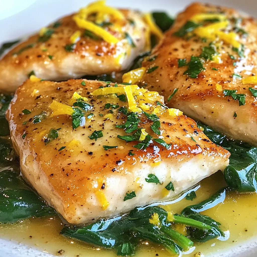 - 4 boneless, skinless chicken breasts - 2 tablespoons extra virgin olive oil - 4 cloves garlic, finely minced - Zest and juice of 2 large lemons - 1 teaspoon dried oregano - 1 teaspoon smoked paprika - Sea salt and freshly cracked pepper to taste - 1 cup low-sodium chicken broth - 2 cups fresh baby spinach - Chopped fresh parsley for garnish I love that this Lemon Garlic Chicken Skillet uses simple ingredients. The chicken breasts are the star of the dish. They are juicy and tender, perfect for soaking up all the flavors. Extra virgin olive oil adds richness and helps brown the chicken. Garlic is essential here. When you mince it and sauté it, it becomes fragrant and delicious. The zest and juice of the lemons add bright, fresh notes. You can feel the flavors pop! Dried oregano and smoked paprika deepen the taste. They give the dish a warm, aromatic quality. Use sea salt and freshly cracked pepper to taste. This helps balance all the flavors. The chicken broth adds moisture and richness. It keeps the chicken from drying out. Fresh baby spinach is a wonderful touch. It wilts perfectly into the dish, adding a pop of color and nutrition. Finally, chopped fresh parsley makes a lovely garnish. It brightens the dish and adds a fresh finish. This simple list of ingredients makes Lemon Garlic Chicken Skillet a go-to meal for busy nights. Everything comes together easily, so you can enjoy a tasty dinner in no time! {{ingredient_image_2}} How do I season the chicken? Start by seasoning the chicken breasts. Use sea salt, freshly cracked pepper, smoked paprika, and dried oregano. Make sure you coat both sides well. This gives your chicken a great flavor. How do I sear the chicken breasts? Heat 2 tablespoons of extra virgin olive oil in a large skillet over medium-high heat. When the oil shimmers, add the seasoned chicken. Sear each side for about 6-7 minutes. Look for a golden brown color. The chicken should reach 165°F inside. Once done, remove it and place it on a warm plate. How do I sauté the garlic? In the same skillet, add 4 cloves of finely minced garlic. Sauté it for about 30 seconds. Stir often until it turns fragrant and slightly golden. This adds depth to your sauce. How do I add lemon and broth? Now, add the zest of one lemon, juice from two fresh lemons, and 1 cup of low-sodium chicken broth to the skillet. Use a wooden spoon to scrape any browned bits from the bottom. These bits add lots of flavor. Bring the mixture to a gentle simmer. How do I return chicken to the skillet? Place the seared chicken back into the skillet. Reduce the heat to low. This helps the chicken soak up all the sauce's flavors. How do I incorporate the spinach? Gently stir in 2 cups of fresh baby spinach. Cover the skillet and let it cook for 5 minutes. The spinach will wilt nicely, and the chicken will be coated in the tasty sauce. - To sear the chicken perfectly, heat the olive oil until it shimmers. - Season the chicken well with salt, pepper, paprika, and oregano. - Sear each side for 6-7 minutes until golden brown and fully cooked. - Use a meat thermometer; the internal temperature should reach 165°F. - Taste the sauce before serving. Adjust seasoning with salt and pepper. - Fresh herbs add bright flavor; use dried herbs if fresh isn’t available. - Lemon zest gives a punch; don’t skip it for more aroma. - Garnish with fresh parsley for a pop of color. - Serve on a white plate to highlight the vibrant sauce. - Pair with roasted seasonal vegetables or fluffy quinoa for balance. - Drizzle sauce generously over the chicken for an appealing look. Pro Tips Proper Searing: Ensure your skillet is hot enough before adding the chicken. A properly heated skillet will help achieve that perfect golden-brown crust. Fresh Ingredients: Use fresh garlic and lemons for the best flavor. Freshly squeezed lemon juice and minced garlic will enhance the dish's overall taste. Adjusting Seasoning: Always taste the sauce before serving. Adjust the seasoning with salt and pepper to ensure the flavors are balanced and to your preference. Pairing Suggestions: Complement this dish with a side of roasted vegetables or quinoa to create a well-rounded meal that's both nutritious and satisfying. {{image_4}} You can boost the flavor of your Lemon Garlic Chicken Skillet with simple additions. Adding vegetables like bell peppers or mushrooms brings a nice crunch and color. They also add nutrients, making your meal healthier. Try sautéing them with the garlic for extra taste. Using fresh herbs like basil or thyme can elevate the dish further. These herbs add a fresh aroma and depth to the flavors. You can sprinkle them in during cooking or use them as garnish. Experimenting with these ingredients can make your dish unique every time. You can also cook this dish in different ways. An oven-baked version is great for a hands-off approach. Simply place the seasoned chicken in a baking dish. Pour the lemon-garlic sauce over it and bake at 375°F for about 25-30 minutes. This method keeps the chicken juicy and lets the flavors meld. If you prefer grilled chicken, this recipe works well. Marinate the chicken in the lemon-garlic mixture for a few hours. Then grill the chicken over medium heat until fully cooked. This method adds a smoky flavor that pairs well with the lemon and garlic. Each method offers a new twist on this classic dish. To keep your Lemon Garlic Chicken Skillet fresh, store it properly. - Refrigerating leftovers: Place the chicken in an airtight container. It lasts up to three days in the fridge. Make sure to include any sauce. - Best practices for freezing: For longer storage, freeze the chicken. Use a freezer-safe container or bag. It stays good for up to three months. Thaw in the fridge before reheating. Reheating is key to keeping your chicken tasty. - Tips for reheating chicken to maintain texture: Use a skillet or microwave. If using a skillet, add a splash of chicken broth. Heat on low until warmed through. This helps keep the chicken moist. - Sauce reapplication suggestions: When reheating, spoon some sauce over the chicken. This adds flavor and moisture. If needed, make a little more sauce to drizzle on top. Making this dish takes about 30 minutes. You will need 10 minutes to prep the ingredients. The cooking time is about 20 minutes. Once you start, the chicken cooks fast, and the flavors come together quickly. You can use skin-on chicken, but it will alter the cooking a bit. The skin adds fat and flavor. It may take a little longer to cook through. Make sure you check the internal temperature. It should reach 165°F for safety. This meal pairs well with many sides. Here are some suggestions: - Roasted seasonal vegetables - Fluffy quinoa - Steamed rice - A fresh green salad - Crisp white wine or sparkling water These sides will complement the bright flavors of the chicken. Enjoy your meal! In this blog post, we explored how to make a delicious Lemon Garlic Chicken Skillet. We covered key ingredients like chicken, garlic, and fresh lemon, then shared step-by-step cooking instructions. From cooking tips to storage advice, you now have tools for great results. Remember, this dish is versatile, with many ways to adjust flavors and ingredients. You can create a delightful meal that's perfect for any occasion. Enjoy the process and share the dish with loved ones!