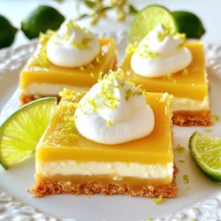 To make these tasty Key Lime Pie Bars, you need simple and fresh ingredients: - 1 ½ cups graham cracker crumbs - ½ cup unsweetened shredded coconut - ½ cup unsalted butter, melted - ¼ cup granulated sugar - 2 large eggs - 1 can (14 oz) sweetened condensed milk - ⅓ cup fresh key lime juice (or regular lime juice) - Zest from 2 key limes These ingredients create a sweet and zesty flavor. The graham cracker crumbs form the crust, while the eggs and sweetened condensed milk provide a rich filling. The key lime juice and zest give the bars their signature tang. You can add a few fun toppings to make your bars even better: - Whipped cream for topping (optional) - Lime slices for garnish - Additional lime zest Whipped cream adds creaminess. Lime slices and zest provide a bright, fresh look. These toppings also enhance the flavor and make your dessert pop. You will need some basic kitchen tools: - 8x8-inch baking dish - Mixing bowls - Whisk - Spatula - Oven Using the right tools makes baking easier. The baking dish helps shape the bars, while the mixing bowls allow you to combine ingredients smoothly. A whisk ensures your filling is light and fluffy. {{ingredient_image_2}} First, preheat your oven to 350°F (175°C). This step is key for even baking. While the oven warms up, grab an 8x8-inch baking dish. You can lightly grease it, or line it with parchment paper to make removing the bars easier. In a bowl, mix 1 ½ cups of graham cracker crumbs, ½ cup of unsweetened shredded coconut, ½ cup of melted unsalted butter, and ¼ cup of granulated sugar. Stir until it looks crumbly but sticks together when pressed. Firmly press this mixture into the bottom of your baking dish. Make sure it is even and compact. Bake the crust for about 10 minutes, until it turns slightly golden. Take it out of the oven and let it cool for a bit. In a separate bowl, whisk 2 large eggs until they are frothy. Next, add 1 can (14 oz) of sweetened condensed milk, ⅓ cup of fresh key lime juice, and the zest from 2 key limes. Mix everything well until the filling is smooth. This mixture gives the bars their zesty flavor. Now, carefully pour the lime filling over the cooled crust. Use a spatula to spread it evenly. Put it back in the oven and bake for 15 to 20 minutes. The filling should set but still jiggle a little in the center. Once done, take it out and allow it to cool at room temperature. After that, chill the bars in the fridge for at least 2 hours. This step helps them firm up nicely. When it’s time to serve, cut the bars into squares and enjoy! To make a great crust for your Key Lime Pie Bars, use fresh graham cracker crumbs. You can crush whole crackers in a bag for a finer texture. Mix in the unsweetened shredded coconut for added flavor and chewiness. The melted unsalted butter helps bind the crumbs. Press the mixture firmly into your baking dish. This step ensures a sturdy base that holds up when you cut the bars. Bake until golden to enhance the flavor. For a smooth filling, whisk the eggs until frothy before adding other ingredients. Combine sweetened condensed milk and fresh key lime juice slowly. This method allows for a better mix without lumps. The zest adds brightness and should be evenly distributed. The filling should be smooth but not too runny. If it jiggles slightly in the middle when done, it is perfect. To serve, chill your bars well before cutting. This step helps them hold their shape. Use a sharp knife for clean cuts. Place each bar on a plate, and add a dollop of whipped cream on top. Garnish with fresh lime slices and extra zest for a pop of color. Arrange the bars on a nice platter to impress your guests. A great presentation makes your dessert stand out! Pro Tips Use Fresh Limes: For the best flavor, always opt for fresh key limes over bottled juice. Freshly squeezed juice provides a vibrant taste that enhances the overall experience of your key lime pie bars. Chill Before Serving: Allowing the bars to chill in the refrigerator for at least 2 hours not only firms them up but also helps the flavors to meld beautifully, resulting in a more delicious dessert. Customize Your Crust: Feel free to experiment with different crusts by adding crushed nuts or using chocolate graham crackers for a unique twist on the classic flavor profile. Garnish Creatively: Elevate your presentation by garnishing with fresh mint leaves or edible flowers in addition to lime slices and zest, making your dessert not just tasty but visually stunning! {{image_4}} You can add a tropical twist with coconut. Use the same ingredients but add more shredded coconut. Mix 1 cup of shredded coconut into the crust. This gives your bars a rich, nutty flavor. Coconut pairs well with the zesty lime. Bake as usual, and enjoy a delightful change. Want a plant-based option? You can make vegan key lime pie bars! Replace the eggs with flaxseed meal. Mix 1 tablespoon of flaxseed meal with 2.5 tablespoons of water for each egg. Use coconut cream instead of sweetened condensed milk. This keeps the bars creamy and smooth. Follow the same steps, and you’ll have a tasty vegan treat. Mini bars are fun and easy to serve. Use a muffin tin instead of a baking dish. Line the muffin cups with paper liners. Follow the same crust and filling steps. Bake for 12-15 minutes, or until set. These mini bars are perfect for parties or gatherings. They look cute and are easy to grab! To keep your key lime pie bars fresh, store them in the fridge. Place the bars in an airtight container. This will stop them from drying out. You can also cover the dish with plastic wrap. Make sure to seal it tightly. This way, the bars stay moist and tasty for longer. Freezing is a great option for key lime pie bars. First, let them cool completely. Once cooled, slice the bars into squares. Wrap each square in plastic wrap. Then, place the wrapped bars in a freezer bag. Squeeze out as much air as you can. They can freeze well for up to three months. When stored in the fridge, key lime pie bars last about five days. If you freeze them, they can last three months. Always check for signs of spoilage before eating. If they smell off or have a strange color, it’s best to toss them. Enjoy your treats fresh for that zesty burst of flavor! Yes, you can use regular limes. Regular limes will work in this recipe. They may taste a bit sharper than key limes. Key limes have a sweeter and more aromatic flavor. If you want that classic taste, key limes are best. But don’t worry, your bars will still be tasty with regular limes. You will know the bars are done when the filling is set. The center should have a slight jiggle but not be runny. It usually takes about 15-20 minutes in the oven. The edges may look firm, but the center will still move a little. This means the bars will be creamy and smooth. If you need a substitute for sweetened condensed milk, try evaporated milk with sugar. Mix one cup of evaporated milk with 1 ¼ cups of sugar. Stir until the sugar dissolves. You can also use coconut cream for a dairy-free option. It will add a nice flavor while keeping the bars rich. You’ve learned how to make delicious Key Lime Pie Bars, from gathering ingredients to baking, cooling, and serving. We discussed tips for a perfect crust and various tasty variations. Remember, a great dessert starts with good prep and the right tools. Store your bars well for freshness or freeze for later. With this easy guide, you can impress your friends and family. Enjoy creating your own sweet treats!