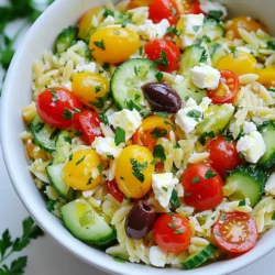 To make this tasty Lemon Feta Orzo Salad, gather these ingredients: - 1 cup orzo pasta - 1 cup cherry tomatoes, halved - 1 medium cucumber, diced - 1/2 medium red onion, finely chopped - 1/2 cup feta cheese, crumbled - 1/4 cup Kalamata olives, pitted and sliced - 1/4 cup fresh parsley, chopped - Zest and juice of 1 juicy lemon - 3 tablespoons high-quality olive oil - 1 teaspoon honey or maple syrup for a vegan alternative - Sea salt and freshly cracked black pepper to taste Each ingredient plays a role in making this dish bright and delicious. The orzo offers a soft base, while the veggies add crunch. Feta cheese brings a creamy taste, and olives offer a salty kick. This salad is not just good for the taste buds. It also brings some health perks: - Orzo Pasta: A source of carbs, which provide energy. - Cherry Tomatoes: Rich in vitamins C and K, they help boost your immunity. - Cucumber: Low in calories, cucumbers keep you hydrated. - Feta Cheese: Offers protein and calcium for strong bones. - Olives: Packed with healthy fats, olives support heart health. - Parsley: This herb has antioxidants that can help fight disease. - Lemon: Full of vitamin C, lemons help with skin health. Including these key ingredients provides a balanced meal. You get energy, vitamins, and minerals all in one bowl. If you have dietary needs, don't worry! Here are some easy swaps: - Gluten-free: Use gluten-free pasta instead of orzo. - Dairy-free: Substitute feta cheese with vegan cheese or avocado. - Vegan: Replace honey with maple syrup for a sweet touch. - Low-sodium: Use low-sodium olives and feta cheese to cut back on salt. These substitutions keep the flavor intact while making the salad fit your diet. Enjoy making this dish your own! {{ingredient_image_2}} To cook the orzo pasta, grab a medium pot. Fill it with water and add salt. Bring the water to a boil. Once boiling, add 1 cup of orzo. Cook it for about 8-10 minutes. You want it to be al dente, firm to the bite. After cooking, drain the orzo in a colander. Rinse it quickly under cold water. This stops the cooking and cools it down fast. Set the orzo aside in a bowl. Now, let’s mix the salad. In a large bowl, add the cooled orzo. Next, toss in 1 cup of halved cherry tomatoes. Dice 1 medium cucumber and add it to the bowl. Finely chop half of a red onion and mix it in. Crumble in 1/2 cup of feta cheese. Add 1/4 cup of sliced Kalamata olives and 1/4 cup of chopped fresh parsley. Use a spatula to gently fold everything together. Be careful not to crush the feta. This step keeps the salad looking fresh and colorful. For the dressing, take a small bowl. Start by adding the zest and juice of 1 lemon. Add 3 tablespoons of high-quality olive oil. Then, mix in 1 teaspoon of honey or maple syrup. This adds a touch of sweetness. Season with a pinch of sea salt and black pepper. Whisk the mixture until it’s well combined. The goal is to blend the oil and lemon juice into a smooth dressing. This will coat the salad nicely. Always taste your salad before serving. You want it to shine. If it needs more zing, add more lemon juice. For saltiness, sprinkle in a bit of sea salt. If it feels flat, a touch of honey can brighten the flavors. Mix gently after each adjustment. This way, you keep the texture intact. You can save time by prepping your ingredients first. Cook the orzo pasta a day ahead. Just make sure to cool and store it in the fridge. Chop the veggies and parsley in advance too. Keep them in airtight containers. This lets you assemble the salad quickly when you're ready to eat. A colorful bowl makes your salad pop. Serve it in a large dish or individual bowls. Add a sprinkle of parsley on top for freshness. Lemon wedges on the side add flair. If you want, drizzle a bit of olive oil before serving. This adds a nice shine and makes it look gourmet. Pro Tips Cook Orzo Al Dente: Ensure you cook the orzo pasta just until al dente to prevent it from becoming mushy when mixed with the salad ingredients. Fresh Ingredients Matter: Use fresh, high-quality ingredients, especially for the vegetables and herbs, as they greatly enhance the salad's flavor. Let It Rest: Allow the salad to rest for at least 10-15 minutes before serving. This helps the flavors meld together beautifully. Customizable Dressing: Feel free to adjust the dressing ingredients based on your taste preferences; adding more lemon juice or herbs can elevate the flavor even further. {{image_4}} You can make this salad more filling by adding protein. Grilled chicken adds a nice flavor and texture. Simply slice it and place it on top or mix it in. For a plant-based option, try chickpeas. They add protein and a nice bite. Use one cup of cooked chickpeas for a great boost. Both options make the salad heartier. This salad is perfect for using fresh, seasonal ingredients. In spring, add asparagus or radishes for crunch. In summer, try sweet corn or bell peppers for bright color. You can also use fresh herbs like basil or mint for a twist. Changing the fruits and veggies keeps the salad exciting and fresh. You can easily make this dish vegan-friendly. Swap out feta for tofu or a vegan cheese. For the dressing, use maple syrup instead of honey. You can also try tahini for a creamier texture. These changes maintain the salad's bright flavors while keeping it plant-based. Enjoy exploring different options that suit your diet! Store leftover Lemon Feta Orzo Salad in an airtight container. This keeps moisture in and odors out. If you have extra dressing, store it separately to keep the salad fresh longer. The salad stays fresh in the fridge for about 3 days. After that, the veggies may get soggy. Always check for smell or color changes before eating. I do not recommend freezing this salad. The orzo and veggies lose their texture when thawed. If you want to save it, consider freezing just the cooked orzo separately. You can use it later in other dishes. Yes, you can make this salad ahead of time. It tastes great after a few hours. Prepare it a day in advance for the best flavor. Just store it in the fridge in a sealed container. The salad will stay fresh and tasty. Serve this salad in a large bowl or individual plates. It looks colorful and inviting. You can add extra parsley and lemon wedges on top for a nice touch. Enjoy it chilled or at room temperature for a refreshing meal. Absolutely! While orzo works well, you can use any small pasta. Try ditalini, farfalle, or even quinoa for a gluten-free option. Just make sure to cook it al dente, so it holds its shape. Yes, this salad is perfect for meal prep. It keeps well in the fridge for about three days. Just remember to add the dressing right before you eat to keep it fresh. This makes it a great choice for quick lunches or easy dinners. This article covered how to make a delicious Lemon Feta Orzo Salad. We explored key ingredients and their health benefits, plus substitutions for different diets. I shared step-by-step instructions for cooking pasta and mixing flavors. You'll find tips for tasting and prepping your salad, along with options for protein and seasonal ingredients. Proper storage guidance ensures leftovers stay fresh. Remember, this salad is great for meal prep! Enjoy creating your own version of this tasty dish. Happy cooking!