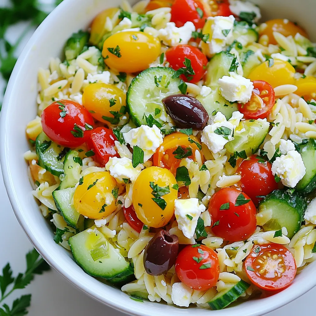 To make this tasty Lemon Feta Orzo Salad, gather these ingredients: - 1 cup orzo pasta - 1 cup cherry tomatoes, halved - 1 medium cucumber, diced - 1/2 medium red onion, finely chopped - 1/2 cup feta cheese, crumbled - 1/4 cup Kalamata olives, pitted and sliced - 1/4 cup fresh parsley, chopped - Zest and juice of 1 juicy lemon - 3 tablespoons high-quality olive oil - 1 teaspoon honey or maple syrup for a vegan alternative - Sea salt and freshly cracked black pepper to taste Each ingredient plays a role in making this dish bright and delicious. The orzo offers a soft base, while the veggies add crunch. Feta cheese brings a creamy taste, and olives offer a salty kick. This salad is not just good for the taste buds. It also brings some health perks: - Orzo Pasta: A source of carbs, which provide energy. - Cherry Tomatoes: Rich in vitamins C and K, they help boost your immunity. - Cucumber: Low in calories, cucumbers keep you hydrated. - Feta Cheese: Offers protein and calcium for strong bones. - Olives: Packed with healthy fats, olives support heart health. - Parsley: This herb has antioxidants that can help fight disease. - Lemon: Full of vitamin C, lemons help with skin health. Including these key ingredients provides a balanced meal. You get energy, vitamins, and minerals all in one bowl. If you have dietary needs, don't worry! Here are some easy swaps: - Gluten-free: Use gluten-free pasta instead of orzo. - Dairy-free: Substitute feta cheese with vegan cheese or avocado. - Vegan: Replace honey with maple syrup for a sweet touch. - Low-sodium: Use low-sodium olives and feta cheese to cut back on salt. These substitutions keep the flavor intact while making the salad fit your diet. Enjoy making this dish your own! {{ingredient_image_2}} To cook the orzo pasta, grab a medium pot. Fill it with water and add salt. Bring the water to a boil. Once boiling, add 1 cup of orzo. Cook it for about 8-10 minutes. You want it to be al dente, firm to the bite. After cooking, drain the orzo in a colander. Rinse it quickly under cold water. This stops the cooking and cools it down fast. Set the orzo aside in a bowl. Now, let’s mix the salad. In a large bowl, add the cooled orzo. Next, toss in 1 cup of halved cherry tomatoes. Dice 1 medium cucumber and add it to the bowl. Finely chop half of a red onion and mix it in. Crumble in 1/2 cup of feta cheese. Add 1/4 cup of sliced Kalamata olives and 1/4 cup of chopped fresh parsley. Use a spatula to gently fold everything together. Be careful not to crush the feta. This step keeps the salad looking fresh and colorful. For the dressing, take a small bowl. Start by adding the zest and juice of 1 lemon. Add 3 tablespoons of high-quality olive oil. Then, mix in 1 teaspoon of honey or maple syrup. This adds a touch of sweetness. Season with a pinch of sea salt and black pepper. Whisk the mixture until it’s well combined. The goal is to blend the oil and lemon juice into a smooth dressing. This will coat the salad nicely. Always taste your salad before serving. You want it to shine. If it needs more zing, add more lemon juice. For saltiness, sprinkle in a bit of sea salt. If it feels flat, a touch of honey can brighten the flavors. Mix gently after each adjustment. This way, you keep the texture intact. You can save time by prepping your ingredients first. Cook the orzo pasta a day ahead. Just make sure to cool and store it in the fridge. Chop the veggies and parsley in advance too. Keep them in airtight containers. This lets you assemble the salad quickly when you're ready to eat. A colorful bowl makes your salad pop. Serve it in a large dish or individual bowls. Add a sprinkle of parsley on top for freshness. Lemon wedges on the side add flair. If you want, drizzle a bit of olive oil before serving. This adds a nice shine and makes it look gourmet. Pro Tips Cook Orzo Al Dente: Ensure you cook the orzo pasta just until al dente to prevent it from becoming mushy when mixed with the salad ingredients. Fresh Ingredients Matter: Use fresh, high-quality ingredients, especially for the vegetables and herbs, as they greatly enhance the salad's flavor. Let It Rest: Allow the salad to rest for at least 10-15 minutes before serving. This helps the flavors meld together beautifully. Customizable Dressing: Feel free to adjust the dressing ingredients based on your taste preferences; adding more lemon juice or herbs can elevate the flavor even further. {{image_4}} You can make this salad more filling by adding protein. Grilled chicken adds a nice flavor and texture. Simply slice it and place it on top or mix it in. For a plant-based option, try chickpeas. They add protein and a nice bite. Use one cup of cooked chickpeas for a great boost. Both options make the salad heartier. This salad is perfect for using fresh, seasonal ingredients. In spring, add asparagus or radishes for crunch. In summer, try sweet corn or bell peppers for bright color. You can also use fresh herbs like basil or mint for a twist. Changing the fruits and veggies keeps the salad exciting and fresh. You can easily make this dish vegan-friendly. Swap out feta for tofu or a vegan cheese. For the dressing, use maple syrup instead of honey. You can also try tahini for a creamier texture. These changes maintain the salad's bright flavors while keeping it plant-based. Enjoy exploring different options that suit your diet! Store leftover Lemon Feta Orzo Salad in an airtight container. This keeps moisture in and odors out. If you have extra dressing, store it separately to keep the salad fresh longer. The salad stays fresh in the fridge for about 3 days. After that, the veggies may get soggy. Always check for smell or color changes before eating. I do not recommend freezing this salad. The orzo and veggies lose their texture when thawed. If you want to save it, consider freezing just the cooked orzo separately. You can use it later in other dishes. Yes, you can make this salad ahead of time. It tastes great after a few hours. Prepare it a day in advance for the best flavor. Just store it in the fridge in a sealed container. The salad will stay fresh and tasty. Serve this salad in a large bowl or individual plates. It looks colorful and inviting. You can add extra parsley and lemon wedges on top for a nice touch. Enjoy it chilled or at room temperature for a refreshing meal. Absolutely! While orzo works well, you can use any small pasta. Try ditalini, farfalle, or even quinoa for a gluten-free option. Just make sure to cook it al dente, so it holds its shape. Yes, this salad is perfect for meal prep. It keeps well in the fridge for about three days. Just remember to add the dressing right before you eat to keep it fresh. This makes it a great choice for quick lunches or easy dinners. This article covered how to make a delicious Lemon Feta Orzo Salad. We explored key ingredients and their health benefits, plus substitutions for different diets. I shared step-by-step instructions for cooking pasta and mixing flavors. You'll find tips for tasting and prepping your salad, along with options for protein and seasonal ingredients. Proper storage guidance ensures leftovers stay fresh. Remember, this salad is great for meal prep! Enjoy creating your own version of this tasty dish. Happy cooking!