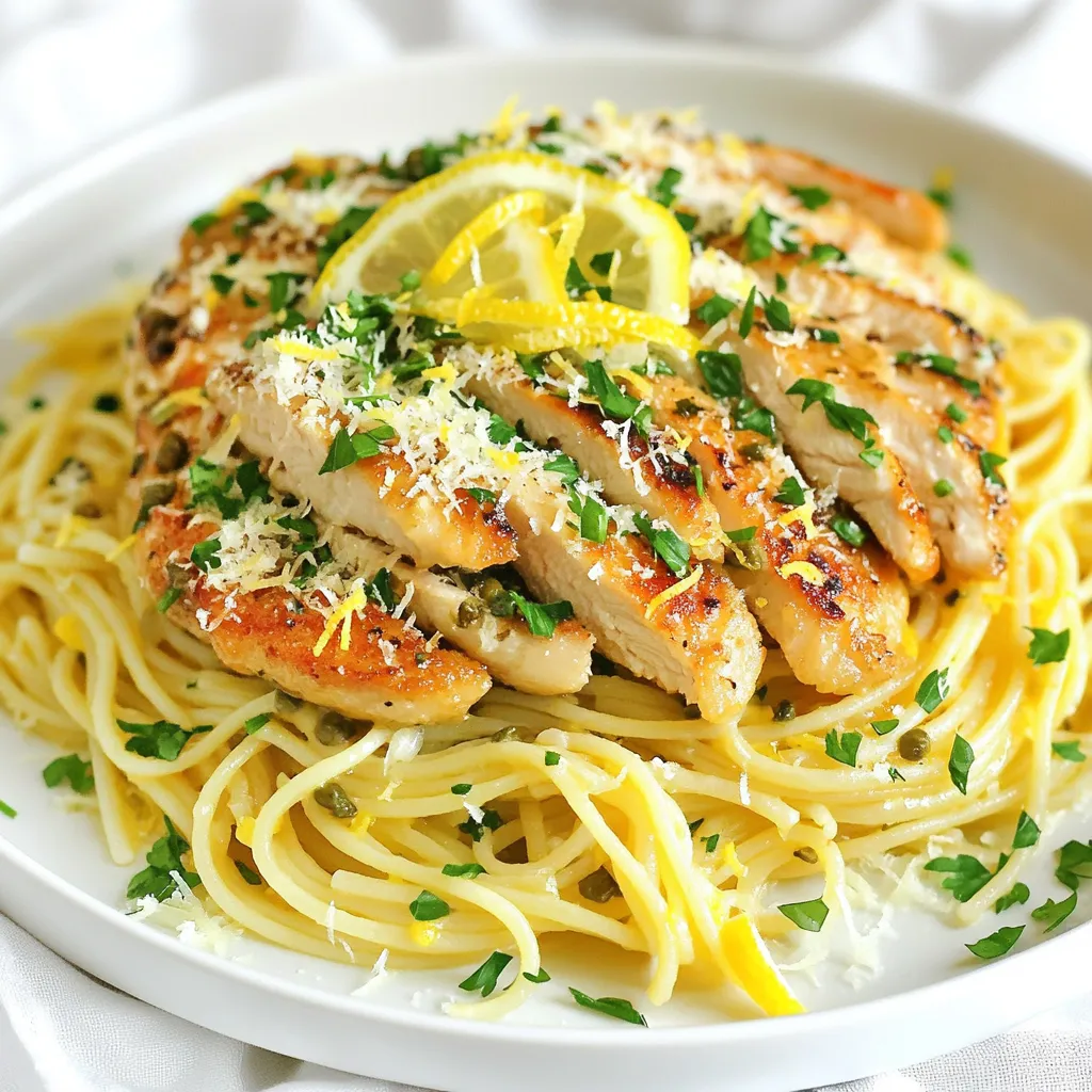 To make Lemon Caper Chicken Piccata Pasta, gather these key items: - 8 oz spaghetti or your choice of pasta - 2 boneless, skinless chicken breasts - Salt and freshly ground black pepper, to taste - 1/2 cup all-purpose flour (for dredging) - 3 tablespoons extra virgin olive oil - 3 cloves garlic, minced - 1 1/2 cups low-sodium chicken broth - 3 tablespoons capers, drained and rinsed - Juice of 1 lemon (approximately 3 tablespoons) - Zest of 1 lemon - 1/4 cup fresh parsley, finely chopped - Grated Parmesan cheese, for serving (optional) You can customize this dish to your taste. Consider these options: - Add red pepper flakes for spice. - Use whole wheat pasta for a healthier choice. - Substitute chicken with shrimp or tofu for a twist. - Mix in vegetables like spinach or sun-dried tomatoes for extra flavor. To make this dish, you will need: - A large pot for boiling pasta - A colander for draining pasta - A large, non-stick skillet for searing chicken and making sauce - A wooden spoon for stirring - A sharp knife for slicing chicken - Measuring cups and spoons for accuracy These tools will help you prepare a delicious meal with ease. {{ingredient_image_2}} Start by boiling water in a large pot. Add salt to the water. Once it’s boiling, add 8 oz of spaghetti. Cook until it's al dente, about 8 to 10 minutes. Drain the pasta in a colander but save a cup of the pasta water. Set the pasta aside. While the pasta cooks, take 2 chicken breasts. Pat them dry with a paper towel. Season them with salt and pepper. Dredge each breast in 1/2 cup of flour. Shake off the extra flour. This will give the chicken a nice crust. Heat 3 tablespoons of olive oil in a large skillet over medium heat. When the oil shimmers, add the chicken. Sear each side for 5 to 7 minutes until golden brown. The chicken should be 165°F inside. Take the chicken out and let it rest on a cutting board. In the same skillet, add 3 minced garlic cloves. Sauté for 30 seconds. Pour in 1 1/2 cups of chicken broth. Scrape up the brown bits. Stir in 3 tablespoons of capers, the juice of 1 lemon, and lemon zest. Let it simmer for 5 minutes until it thickens slightly. Put the drained spaghetti back in the skillet with the sauce. Toss the pasta gently to coat it well. If the sauce is too thick, add some reserved pasta water until it’s just right. Slice the rested chicken into strips. Serve the pasta in bowls or on plates. Top with the sliced chicken and sprinkle with 1/4 cup of chopped parsley. For extra flavor, add grated Parmesan cheese on top. Enjoy your delicious Lemon Caper Chicken Piccata Pasta! To cook chicken breasts just right, start by drying them with a paper towel. This step helps the chicken brown well. Season both sides with salt and black pepper. Coat them in flour for a crispy finish. Heat olive oil in a skillet over medium heat until it shimmers. Place the chicken in the pan and cook for 5-7 minutes on each side. Check the internal temperature; it should be 165°F (75°C). Let the chicken rest before slicing. This keeps it juicy and tender. To enhance the taste, consider adding fresh herbs. Basil or thyme works great in this dish. A pinch of red pepper flakes can add a nice kick. If you enjoy creaminess, stir in a splash of heavy cream to the sauce. You can also add sun-dried tomatoes for a pop of color and flavor. These boosts make your meal even more delicious. When cooking pasta, use a large pot with plenty of salted water. Bring it to a rolling boil before adding the spaghetti. This helps prevent sticking. Cook until it’s al dente, which means firm to the bite. Remember to save some pasta water; it’s starchy and helps thicken the sauce later. Don't rinse the pasta after draining; this keeps the sauce from sliding off. Toss the hot pasta with the sauce immediately for the best flavor. Pro Tips Choose the Right Pasta: Opt for spaghetti or any long pasta that can hold the sauce well; this will enhance the flavor with each bite. Perfectly Cooked Chicken: Ensure that the chicken is cooked to an internal temperature of 165°F (75°C) for optimal juiciness and safety. Adjust Sauce Thickness: Use reserved pasta water gradually to adjust the sauce's thickness; it adds starchiness and flavor. Fresh Ingredients Matter: Use fresh lemon juice and parsley for the best flavor; dry ingredients won't give you the same vibrant taste. {{image_4}} If you want a gluten-free meal, switch the pasta for gluten-free options. Many brands make pasta from rice or corn. These work well with the sauce. Just be sure to check the cooking time, as it may differ from regular pasta. You can swap chicken for other proteins. Try shrimp or fish for a lighter taste. Both cook quickly and absorb the lemon-caper flavors well. For a vegetarian option, use mushrooms or tofu. They will soak up the sauce nicely. Adding vegetables can brighten the dish. Consider spinach, asparagus, or cherry tomatoes. Sauté them in the skillet before adding the sauce. This adds color and boosts the nutrition. You can also toss in some peas for a pop of sweetness. To keep your Lemon Caper Chicken Piccata Pasta fresh, place it in an airtight container. Make sure it cools down before sealing. Store it in the fridge for up to three days. Label the container with the date. This helps you remember when you made it. When reheating, you can use the microwave or the stovetop. If using a microwave, heat in short bursts. Stir after each burst for even heating. If using the stovetop, add a splash of chicken broth to the pan. Heat over low heat, stirring gently. This keeps the pasta moist and tasty. You can freeze this dish for later. Place the cooled pasta in a freezer-safe container. Leave some space at the top for expansion. It can last up to three months in the freezer. When ready to eat, thaw it in the fridge overnight. Reheat as mentioned above for the best taste. Yes, you can prepare this dish ahead. Cook the pasta and make the sauce. Store them in separate containers. When ready to eat, combine them on the stove. This keeps the pasta fresh. You can use shrimp or tofu instead of chicken. Both options cook quickly. Shrimp will add a nice ocean flavor. Tofu will absorb all the tasty sauce. To avoid sticky pasta, use plenty of water. Make sure it boils before adding the pasta. Stir the pasta occasionally while it cooks. Adding a little olive oil can also help. Absolutely! You can use penne, fettuccine, or even gluten-free pasta. Each type will change the dish a bit. Just make sure to adjust the cooking time as needed. This dish pairs well with a fresh salad. A side of steamed veggies works great too. You can also serve it with crusty bread to soak up the sauce. Enjoy your meal! You now know the key ingredients and steps for Lemon-Caper Chicken Piccata Pasta. We've covered how to cook the pasta, prepare the chicken, and make a tasty sauce. I offered tips for perfect chicken and added variations for different diets. Always store leftovers properly to enjoy later. With these insights, you can make a delicious meal that fits your taste. Enjoy your cooking adventure!