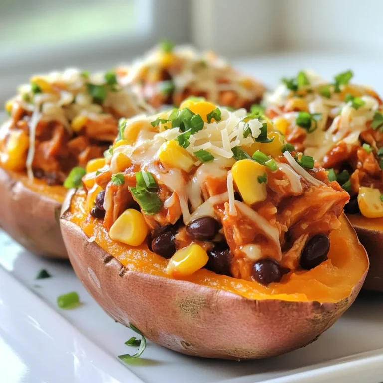 - 4 medium-sized sweet potatoes - 2 cups shredded cooked chicken - 1 cup barbecue sauce - 1/2 cup corn kernels - 1/2 cup black beans - 1 cup shredded cheese - 1/4 cup green onions - 1 teaspoon smoked paprika - Salt and pepper to taste - Olive oil for drizzling Gathering fresh ingredients is key to tasty BBQ chicken stuffed sweet potatoes. Start with sweet potatoes; they should feel firm and heavy. The chicken must be cooked and shredded for easy mixing. I love using rotisserie chicken for its flavor and ease. Choose your favorite barbecue sauce; it adds the main flavor punch. Next, corn and black beans add texture. You can use canned or frozen corn for convenience. Rinse the black beans well to remove extra salt. Cheese is the creamy topping that makes this dish so good. I suggest cheddar or a blend for a rich taste. For seasoning, green onions add freshness, while smoked paprika gives a subtle depth. Always use salt and pepper to enhance the flavors. A drizzle of olive oil on sweet potatoes helps them roast perfectly. This simple list makes meal prep easy and fun. You can mix and match some ingredients based on your taste. Don't forget to have fun with it! {{ingredient_image_2}} - Preheat Oven: Start by preheating your oven to 400°F (200°C). This step is important for even cooking. - Washing and Piercing Sweet Potatoes: Wash the sweet potatoes well under running water. Use a fork to pierce each potato several times. This will let steam escape. - Coating with Olive Oil and Salt: Lightly drizzle olive oil over the sweet potatoes. Then, sprinkle some salt on them. This helps flavor the skin. - Combining Chicken and Barbecue Sauce: In a bowl, mix 2 cups of shredded cooked chicken with 1 cup of barbecue sauce. Stir well to coat the chicken. - Adding Corn, Black Beans, and Seasoning: Add 1/2 cup corn and 1/2 cup black beans to the chicken. Sprinkle in 1 teaspoon of smoked paprika and season with salt and pepper. Mix everything until evenly combined. - Fluffing the Sweet Potatoes: Once the sweet potatoes are cooked, take them out of the oven. Allow them to cool for a few minutes. Cut each potato in half lengthwise. Use a fork to fluff the inside. - Filling with BBQ Chicken Mixture: Spoon the BBQ chicken mixture into each sweet potato half. Make sure to fill them generously. - Topping with Cheese and Final Bake: Top each stuffed potato with 1 cup of shredded cheese. Return them to the oven for 10-15 minutes. Bake until the cheese is melted and bubbly. These steps will help you create a delicious meal that is both quick and satisfying. Enjoy your BBQ chicken stuffed sweet potatoes! - Look for firm sweet potatoes with smooth skin. - Avoid any that have soft spots or blemishes. - Choose medium-sized sweet potatoes for even cooking. - Check for a vibrant orange color, which indicates sweetness. - Use rotisserie chicken for quick prep. - Cook chicken in a slow cooker for tender meat. - For shredding, boil chicken breasts until cooked through. - Let the chicken cool before shredding with two forks. - Top your stuffed sweet potatoes with fresh cilantro. - Add a squeeze of lime for zest. - Serve with extra barbecue sauce on the side. - Arrange on a platter for a colorful display. Pro Tips Choose Fresh Sweet Potatoes: Look for firm, smooth-skinned sweet potatoes without any blemishes or soft spots for the best flavor and texture. Get Creative with BBQ Sauce: Experiment with different types of barbecue sauces—spicy, tangy, or smoky—to customize the flavor profile of your stuffed sweet potatoes. Cheese Options: While cheddar is a classic choice, consider using pepper jack or a blend of cheeses for an extra kick and depth of flavor. Add Toppings: Enhance your stuffed sweet potatoes with toppings like sour cream, avocado, or jalapeños for added flavor and texture. {{image_4}} You can easily swap chicken for grilled veggies or tofu. This change keeps the dish tasty and healthy. Try bell peppers, zucchini, or mushrooms for a hearty filling. Tofu adds protein and absorbs flavors well. Marinate the tofu in barbecue sauce before grilling. Cut it into small cubes and mix it with veggies for a colorful filling. BBQ sauce can greatly change the flavor of your stuffed sweet potatoes. Explore different styles like smoky, spicy, or sweet. You might enjoy a mustard-based sauce for a tangy twist. A honey barbecue sauce adds a sweet touch. For heat, try a chipotle barbecue sauce. Mix and match to find your favorite flavor profile. Cheese can take your stuffed sweet potatoes to the next level. Cheddar cheese is a classic choice, but feel free to experiment. Try pepper jack for a spicy kick or mozzarella for a gooey texture. A cheese blend brings different flavors together. For a rich taste, crumbled feta or goat cheese works well too. To keep your BBQ chicken stuffed sweet potatoes fresh, store them in the fridge. Use an airtight container for best results. They can stay good for up to four days. Make sure to let them cool down before sealing the container. This prevents moisture build-up, which can make them soggy. When you’re ready to eat leftovers, you can reheat them easily. The best method is using the oven. Preheat the oven to 350°F (175°C). Place the stuffed sweet potatoes on a baking sheet. Heat them for about 15-20 minutes. This keeps the sweet potatoes soft and the cheese melty. You can also use the microwave for a quicker option. Just heat them for about 2-3 minutes, but they may not be as crispy. If you want to save them for later, freezing works too! Wrap each stuffed sweet potato tightly in plastic wrap. Then, put them in a freezer-safe bag or container. They can last in the freezer for up to three months. When you’re ready to eat, let them thaw in the fridge overnight. After thawing, reheat in the oven for the best taste. Enjoy your delicious meal anytime! Yes, you can prepare BBQ Chicken Stuffed Sweet Potatoes in advance. Here are some meal prep tips: - Cook the sweet potatoes: Bake them and let them cool. - Make the filling: Combine the chicken, barbecue sauce, corn, black beans, and spices. - Store separately: Keep the sweet potatoes and filling in airtight containers in the fridge. - Reheat before serving: Just fill the potatoes and heat them in the oven. BBQ Chicken Stuffed Sweet Potatoes are great with these side dishes: - Coleslaw: The crunch adds a nice contrast. - Grilled vegetables: Zucchini and bell peppers work well. - Cornbread: A classic Southern side that complements the flavors. - Salad: A fresh green salad brightens up the meal. You can easily change the spice level. Here are some tips for adding heat or reducing spice: - To add heat: Mix in jalapeños or hot sauce with the BBQ chicken filling. - To reduce spice: Use a milder barbecue sauce and skip spicy add-ons. - Taste as you go: Adjust the spice to your liking for the best result. BBQ chicken stuffed sweet potatoes offer a tasty and easy meal. We covered the main ingredients, step-by-step prep, and useful tips. You can mix in your favorite flavors and even store leftovers for later. Remember, the right cheese and sauce can elevate your dish. Don't hesitate to customize and experiment! Enjoy creating a fun and delicious meal that you and others will love. Satisfy your taste buds with this simple yet versatile recipe!