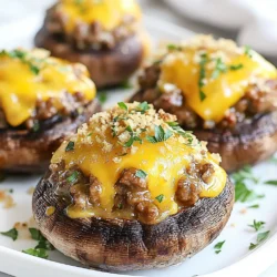 To make cheeseburger stuffed mushrooms, you need the following key ingredients: - 12 large portobello or button mushrooms - 1 pound ground beef - 1/2 cup onion, finely chopped - 2 cloves garlic, minced - 1 teaspoon Worcestershire sauce - 1 cup cheddar cheese, shredded - 1/2 cup breadcrumbs - 2 tablespoons fresh parsley, chopped - Salt and pepper to taste - Olive oil for drizzling These ingredients work together to create a tasty, savory filling that packs a punch. You can enhance your cheeseburger stuffed mushrooms with these optional ingredients: - Diced bell peppers for added crunch - Cooked bacon for a smoky flavor - Italian seasoning for a twist - Hot sauce for some heat Feel free to mix and match these options to suit your taste. You don’t need many tools to create these delicious bites. Here’s what you’ll need: - Baking sheet - Parchment paper - Large skillet - Spatula - Mixing bowl - Damp cloth for cleaning mushrooms Having these tools ready will make your cooking experience smooth and fun. Enjoy getting creative in the kitchen! {{ingredient_image_2}} Start by cleaning your mushrooms. Use a damp cloth to wipe off any dirt. This step keeps them fresh. Remove the stems and set them aside. You won’t need them for the filling. Now, preheat your oven to 375°F (190°C). This temperature helps the mushrooms cook evenly. In a large skillet, drizzle some olive oil. Heat it over medium heat. Once it's hot, add your finely chopped onion and minced garlic. Sauté for about 3 to 4 minutes. You want the onion to turn soft and smell great. Next, increase the heat a bit. Add the ground beef to the skillet. Break the meat into small crumbles using a spatula. Cook this for about 5 to 7 minutes. You want the beef to brown fully. Now, stir in the Worcestershire sauce, a pinch of salt, and some pepper. Mix everything well. Cook for another minute to blend the flavors. Remove the skillet from heat and let the mixture cool for a couple of minutes. Now, add the breadcrumbs, half of your cheddar cheese, and the fresh parsley. Stir until it's all mixed nicely. Grab your cleaned mushroom caps and spoon the beef mixture into each one. Make sure to mound it up for a nice look. Place the stuffed mushrooms on a baking sheet lined with parchment paper. Sprinkle the remaining cheese on top of each mushroom. Drizzle a bit of olive oil over them for a golden finish. Bake in the preheated oven for 20 to 25 minutes. You want the mushrooms tender and the cheese bubbly and golden brown. Once done, take the baking sheet out and let the mushrooms cool for a few minutes before serving. When picking mushrooms, freshness is key. Look for mushrooms that are firm and plump. Avoid mushrooms that feel slimy or have dark spots. Portobello and button mushrooms work great for this recipe. Their size holds the filling well. Always check for a clean, smooth cap. This means they are fresh and ready to cook. To make a tasty filling, use good quality ground beef. I like to use 80/20 beef for a juicy bite. Sauté onions and garlic until they are soft. This adds a nice base flavor. Worcestershire sauce is a must; it gives a savory kick. Mixing in breadcrumbs helps bind the filling and gives it texture. Fresh parsley brightens the taste and adds color. Don't forget to season well with salt and pepper. For that gooey cheese effect, use shredded cheddar cheese. Shredded cheese melts better than blocks. Add half the cheese to the beef mixture and sprinkle the rest on top. Drizzle olive oil over the mushrooms before baking. This helps the cheese melt evenly and creates a golden crust. Bake until the cheese is bubbly and the mushrooms are tender. Pro Tips Choose the Right Mushrooms: Opt for large portobello mushrooms for a hearty bite, or button mushrooms for a more delicate flavor. Both work well, but size may affect the cooking time. Flavor Boost: Consider adding cooked bacon bits or diced jalapeños to the beef mixture for an extra flavor kick. You can also experiment with different cheeses like pepper jack for a spicy twist. Make Ahead: Prepare the filling in advance and stuff the mushrooms just before baking. This can save time if you're entertaining guests and allows the flavors to develop. Don’t Overbake: Keep an eye on the mushrooms while baking to avoid drying them out. They should be tender but not mushy, and the cheese should be just bubbly and golden. {{image_4}} You can switch the ground beef for other meats. Ground turkey is a great choice. It has less fat and still tastes good. Ground chicken also works well. If you want a meat-free option, try using lentils or black beans. Both add protein and flavor. Cheddar cheese is classic, but you can try other cheeses. Swiss cheese melts nicely and has a mild taste. Pepper Jack adds a spicy kick. You can even mix cheeses for a unique flavor. Be creative and find what you like best. Adding spices can boost the taste of your stuffed mushrooms. Garlic powder or onion powder can add depth. You can also sprinkle in some paprika for a smoky flavor. Don't forget about toppings! Crispy bacon bits or diced tomatoes can add texture. Top with fresh herbs like basil or cilantro for a fresh finish. After enjoying your cheeseburger stuffed mushrooms, you might have some left. To keep them fresh, let them cool completely. Place them in an airtight container. Store them in the fridge for up to three days. If you want to keep them longer, freezing is a great option. To reheat your stuffed mushrooms, preheat your oven to 350°F (175°C). Place the mushrooms on a baking sheet. Cover them with foil to prevent drying out. Heat for about 15-20 minutes or until warmed through. You can also use a microwave. Just heat them for 1-2 minutes, but they might get a bit soggy. If you want to freeze your stuffed mushrooms, do this right after baking. Allow them to cool and place them in a freezer-safe container. They can last up to two months. When you're ready to eat, thaw them in the fridge overnight. Reheat as described above. This way, you can enjoy your tasty crowd-pleaser anytime! Yes, you can use many kinds of mushrooms. Portobello and button mushrooms work best. You can also try shiitake or cremini mushrooms for a different taste. Each type adds its own flavor and texture. Just remember to clean them well before cooking. Cheeseburger stuffed mushrooms pair well with various sides. You can serve them with a fresh salad or crispy fries. They also go great with dipping sauces like ranch or ketchup. For a fun twist, offer mini buns on the side for a complete cheeseburger experience. Baking the stuffed mushrooms takes about 20 to 25 minutes. Make sure your oven is set to 375°F (190°C). You want them to be tender and the cheese to be melted and bubbly. Keep an eye on them to avoid overcooking. Cheeseburger stuffed mushrooms are a fun twist on a classic dish. We covered the main ingredients, cooking steps, and helpful tips to make these delicious snacks. You can personalize them with different meats and cheeses or add your favorite flavors. Don't forget to check out storage tips for leftovers! I hope you feel ready to try this recipe. It’s tasty, easy, and great for sharing. Enjoy making your cheeseburger stuffed mushrooms!