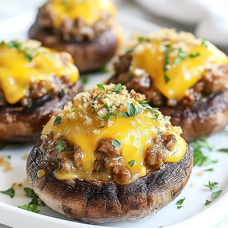 To make cheeseburger stuffed mushrooms, you need the following key ingredients: - 12 large portobello or button mushrooms - 1 pound ground beef - 1/2 cup onion, finely chopped - 2 cloves garlic, minced - 1 teaspoon Worcestershire sauce - 1 cup cheddar cheese, shredded - 1/2 cup breadcrumbs - 2 tablespoons fresh parsley, chopped - Salt and pepper to taste - Olive oil for drizzling These ingredients work together to create a tasty, savory filling that packs a punch. You can enhance your cheeseburger stuffed mushrooms with these optional ingredients: - Diced bell peppers for added crunch - Cooked bacon for a smoky flavor - Italian seasoning for a twist - Hot sauce for some heat Feel free to mix and match these options to suit your taste. You don’t need many tools to create these delicious bites. Here’s what you’ll need: - Baking sheet - Parchment paper - Large skillet - Spatula - Mixing bowl - Damp cloth for cleaning mushrooms Having these tools ready will make your cooking experience smooth and fun. Enjoy getting creative in the kitchen! {{ingredient_image_2}} Start by cleaning your mushrooms. Use a damp cloth to wipe off any dirt. This step keeps them fresh. Remove the stems and set them aside. You won’t need them for the filling. Now, preheat your oven to 375°F (190°C). This temperature helps the mushrooms cook evenly. In a large skillet, drizzle some olive oil. Heat it over medium heat. Once it's hot, add your finely chopped onion and minced garlic. Sauté for about 3 to 4 minutes. You want the onion to turn soft and smell great. Next, increase the heat a bit. Add the ground beef to the skillet. Break the meat into small crumbles using a spatula. Cook this for about 5 to 7 minutes. You want the beef to brown fully. Now, stir in the Worcestershire sauce, a pinch of salt, and some pepper. Mix everything well. Cook for another minute to blend the flavors. Remove the skillet from heat and let the mixture cool for a couple of minutes. Now, add the breadcrumbs, half of your cheddar cheese, and the fresh parsley. Stir until it's all mixed nicely. Grab your cleaned mushroom caps and spoon the beef mixture into each one. Make sure to mound it up for a nice look. Place the stuffed mushrooms on a baking sheet lined with parchment paper. Sprinkle the remaining cheese on top of each mushroom. Drizzle a bit of olive oil over them for a golden finish. Bake in the preheated oven for 20 to 25 minutes. You want the mushrooms tender and the cheese bubbly and golden brown. Once done, take the baking sheet out and let the mushrooms cool for a few minutes before serving. When picking mushrooms, freshness is key. Look for mushrooms that are firm and plump. Avoid mushrooms that feel slimy or have dark spots. Portobello and button mushrooms work great for this recipe. Their size holds the filling well. Always check for a clean, smooth cap. This means they are fresh and ready to cook. To make a tasty filling, use good quality ground beef. I like to use 80/20 beef for a juicy bite. Sauté onions and garlic until they are soft. This adds a nice base flavor. Worcestershire sauce is a must; it gives a savory kick. Mixing in breadcrumbs helps bind the filling and gives it texture. Fresh parsley brightens the taste and adds color. Don't forget to season well with salt and pepper. For that gooey cheese effect, use shredded cheddar cheese. Shredded cheese melts better than blocks. Add half the cheese to the beef mixture and sprinkle the rest on top. Drizzle olive oil over the mushrooms before baking. This helps the cheese melt evenly and creates a golden crust. Bake until the cheese is bubbly and the mushrooms are tender. Pro Tips Choose the Right Mushrooms: Opt for large portobello mushrooms for a hearty bite, or button mushrooms for a more delicate flavor. Both work well, but size may affect the cooking time. Flavor Boost: Consider adding cooked bacon bits or diced jalapeños to the beef mixture for an extra flavor kick. You can also experiment with different cheeses like pepper jack for a spicy twist. Make Ahead: Prepare the filling in advance and stuff the mushrooms just before baking. This can save time if you're entertaining guests and allows the flavors to develop. Don’t Overbake: Keep an eye on the mushrooms while baking to avoid drying them out. They should be tender but not mushy, and the cheese should be just bubbly and golden. {{image_4}} You can switch the ground beef for other meats. Ground turkey is a great choice. It has less fat and still tastes good. Ground chicken also works well. If you want a meat-free option, try using lentils or black beans. Both add protein and flavor. Cheddar cheese is classic, but you can try other cheeses. Swiss cheese melts nicely and has a mild taste. Pepper Jack adds a spicy kick. You can even mix cheeses for a unique flavor. Be creative and find what you like best. Adding spices can boost the taste of your stuffed mushrooms. Garlic powder or onion powder can add depth. You can also sprinkle in some paprika for a smoky flavor. Don't forget about toppings! Crispy bacon bits or diced tomatoes can add texture. Top with fresh herbs like basil or cilantro for a fresh finish. After enjoying your cheeseburger stuffed mushrooms, you might have some left. To keep them fresh, let them cool completely. Place them in an airtight container. Store them in the fridge for up to three days. If you want to keep them longer, freezing is a great option. To reheat your stuffed mushrooms, preheat your oven to 350°F (175°C). Place the mushrooms on a baking sheet. Cover them with foil to prevent drying out. Heat for about 15-20 minutes or until warmed through. You can also use a microwave. Just heat them for 1-2 minutes, but they might get a bit soggy. If you want to freeze your stuffed mushrooms, do this right after baking. Allow them to cool and place them in a freezer-safe container. They can last up to two months. When you're ready to eat, thaw them in the fridge overnight. Reheat as described above. This way, you can enjoy your tasty crowd-pleaser anytime! Yes, you can use many kinds of mushrooms. Portobello and button mushrooms work best. You can also try shiitake or cremini mushrooms for a different taste. Each type adds its own flavor and texture. Just remember to clean them well before cooking. Cheeseburger stuffed mushrooms pair well with various sides. You can serve them with a fresh salad or crispy fries. They also go great with dipping sauces like ranch or ketchup. For a fun twist, offer mini buns on the side for a complete cheeseburger experience. Baking the stuffed mushrooms takes about 20 to 25 minutes. Make sure your oven is set to 375°F (190°C). You want them to be tender and the cheese to be melted and bubbly. Keep an eye on them to avoid overcooking. Cheeseburger stuffed mushrooms are a fun twist on a classic dish. We covered the main ingredients, cooking steps, and helpful tips to make these delicious snacks. You can personalize them with different meats and cheeses or add your favorite flavors. Don't forget to check out storage tips for leftovers! I hope you feel ready to try this recipe. It’s tasty, easy, and great for sharing. Enjoy making your cheeseburger stuffed mushrooms!