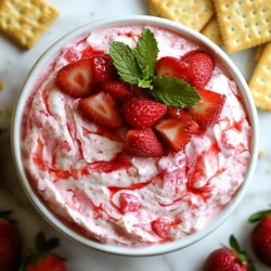 - 1 cup cream cheese, softened to room temperature - 1/2 cup powdered sugar, sifted - 1 teaspoon pure vanilla extract - 1/4 cup sour cream - 1 1/2 cups fresh strawberries, hulled and finely chopped - 1/4 cup strawberry jam - Fresh mint leaves for garnish (optional) To create this strawberry cheesecake dip, you need a few simple ingredients. First, the cream cheese gives the dip its rich base. Make sure it is soft. This helps it mix well. Next, powdered sugar adds sweetness. You can sift it to avoid lumps. Vanilla extract gives a warm, sweet taste. Sour cream adds creaminess and a slight tang. The fresh strawberries bring bright flavor and texture. It’s best to chop them finely. Strawberry jam enhances the fruity notes and adds sweetness. For garnishing, fresh mint leaves add color and a nice smell. You can use graham crackers or vanilla wafer cookies for dipping. They pair perfectly with the dip’s creamy texture. Enjoy making this easy and tasty treat! {{ingredient_image_2}} 1. Mixing cream cheese and powdered sugar Start with a medium bowl. Add 1 cup of softened cream cheese and 1/2 cup of sifted powdered sugar. Use an electric mixer on medium speed. Beat until the mix is smooth and creamy. Make sure there are no lumps. This step forms the base of your dip. 2. Incorporating vanilla extract and sour cream Next, add 1 teaspoon of pure vanilla extract and 1/4 cup of sour cream to the bowl. Lower the mixer speed. Mix until you see a velvety texture. This adds a rich flavor and creaminess to your dip. 3. Folding in strawberries and jam Now, take 1 1/2 cups of finely chopped fresh strawberries and 1/4 cup of strawberry jam. Gently fold them into the mixture using a spatula. Be careful not to overmix. You want to see swirls of red and pink. The fresh strawberries should stay chunky for a nice bite. 4. Adjusting sweetness to taste After mixing, taste your dip. If you want it sweeter, you can add more powdered sugar or jam. Mix it in gently. This step helps you make the dip just right for your taste. 5. Transferring dip to a serving bowl Finally, scoop the dip into a charming serving bowl. For a special touch, you can garnish with whole strawberries and fresh mint leaves. This makes your dip look even more inviting. Now your Strawberry Cheesecake Dip is ready! Serve it with graham crackers or vanilla wafer cookies for dipping. Enjoy this simple and creamy treat! - Best practices for softening cream cheese: To soften cream cheese, take it out of the fridge. Let it sit for about 30 minutes. You can also cut it into small cubes. This helps it soften faster. If you’re in a hurry, use a microwave. Heat it for about 10 seconds. Check it to avoid melting. - How to achieve the perfect swirl with strawberries: When adding strawberries, fold gently. Use a spatula to mix in the chopped strawberries and jam. Stir until you see a nice blend of colors. Avoid overmixing so the strawberry pieces stay chunky. This gives your dip a beautiful look. - Serving suggestions for dips and garnishes: Serve your dip in a fun bowl. Use a colorful plate to catch the eye. Add whole strawberries on top for flair. Fresh mint leaves make it look fancy too. For dippers, graham crackers or vanilla wafers work well. You can even use sliced fruit for a healthy twist. Pro Tips Use Room Temperature Ingredients: Make sure your cream cheese is softened to room temperature for a smooth and creamy dip. This prevents lumps and ensures a velvety texture. Choose Fresh Strawberries: Opt for ripe, fresh strawberries for the best flavor. Look for berries that are bright red and fragrant for a sweet and juicy addition to your dip. Adjust Sweetness to Taste: Feel free to tweak the sweetness by adding more powdered sugar or strawberry jam based on your personal preference. A taste test is key! Chill Before Serving: For maximum flavor, let the dip chill in the refrigerator for about 30 minutes before serving. This allows the flavors to meld beautifully. {{image_4}} You can change the flavor of this dip easily. Try using different fruits. Blueberries or raspberries can give a new taste. Simply chop them up and mix them in. Each fruit adds a fun twist. Adding citrus zest is another great way to boost flavor. Lemon or lime zest can brighten the dip. Just a little bit can make a big difference. The zest adds a fresh kick that pairs well with the sweetness. If you need a dairy-free or vegan option, you can still enjoy this dip. Use vegan cream cheese and dairy-free sour cream. These swaps will keep the creamy texture without the dairy. You can still use fresh fruits and jams to keep the flavor rich. Enjoy your treat while staying true to your dietary needs! To keep your Strawberry Cheesecake Dip fresh, store it in the fridge. Use an airtight container to seal in flavor and moisture. This dip stays good for about three days when refrigerated. If you want to freeze it, you can. Just place the dip in a freezer-safe container. Make sure to leave some space at the top, as it may expand when frozen. The dip can be stored in the freezer for up to a month. When you're ready to eat it again, let it thaw in the fridge overnight. After thawing, stir it well before serving. This dip tastes best fresh, so try to enjoy it soon after making it! Yes, you can make this dip ahead of time. It stays fresh in the fridge for up to two days. Just cover it well with plastic wrap. This makes it easy for parties or gatherings. When you're ready to serve, just give it a quick stir. You can use many things for dipping. Try pretzels for a salty crunch. Fresh fruit like apple slices or banana chunks work well too. You can even use cookies like shortbread. Each option adds a unique touch to the dip. To make the dip less sweet, you can add more cream cheese or sour cream. This will balance the sugar. You can also lower the amount of powdered sugar or strawberry jam. Always taste as you go. Adjust it until it fits your taste. This blog post walked you through making a tasty Strawberry Cheesecake Dip. We covered the key ingredients like cream cheese and strawberries. I shared simple steps to mix and serve the dip, and offered tips to get the best results. You learned about fun variations and how to store leftovers properly. I hope you try this easy recipe at your next gathering. Enjoy the sweet and creamy taste with friends and family!