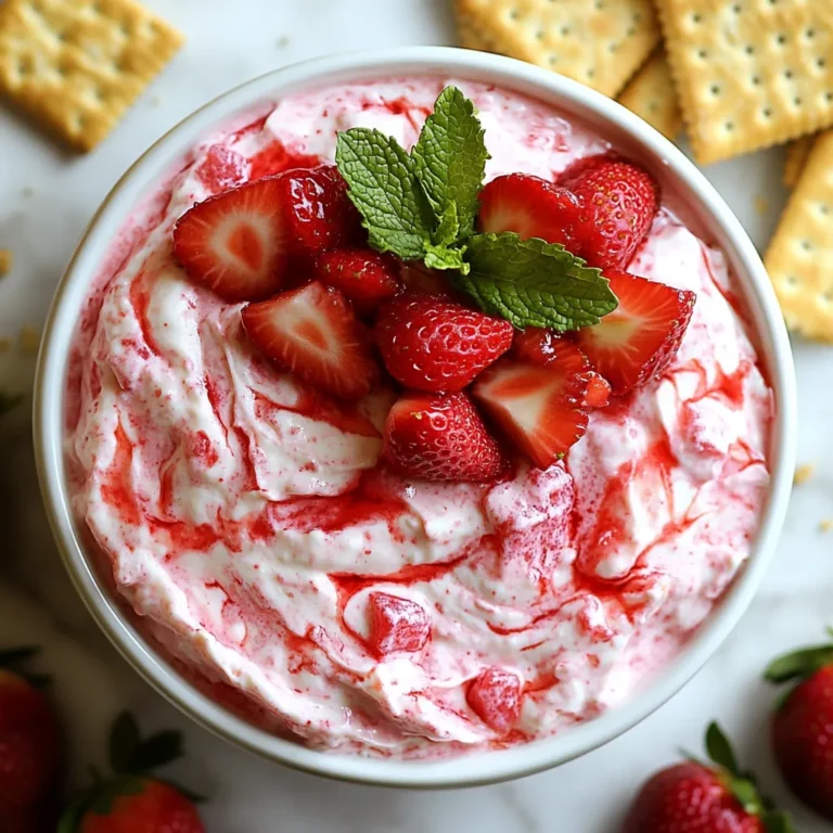 - 1 cup cream cheese, softened to room temperature - 1/2 cup powdered sugar, sifted - 1 teaspoon pure vanilla extract - 1/4 cup sour cream - 1 1/2 cups fresh strawberries, hulled and finely chopped - 1/4 cup strawberry jam - Fresh mint leaves for garnish (optional) To create this strawberry cheesecake dip, you need a few simple ingredients. First, the cream cheese gives the dip its rich base. Make sure it is soft. This helps it mix well. Next, powdered sugar adds sweetness. You can sift it to avoid lumps. Vanilla extract gives a warm, sweet taste. Sour cream adds creaminess and a slight tang. The fresh strawberries bring bright flavor and texture. It’s best to chop them finely. Strawberry jam enhances the fruity notes and adds sweetness. For garnishing, fresh mint leaves add color and a nice smell. You can use graham crackers or vanilla wafer cookies for dipping. They pair perfectly with the dip’s creamy texture. Enjoy making this easy and tasty treat! {{ingredient_image_2}} 1. Mixing cream cheese and powdered sugar Start with a medium bowl. Add 1 cup of softened cream cheese and 1/2 cup of sifted powdered sugar. Use an electric mixer on medium speed. Beat until the mix is smooth and creamy. Make sure there are no lumps. This step forms the base of your dip. 2. Incorporating vanilla extract and sour cream Next, add 1 teaspoon of pure vanilla extract and 1/4 cup of sour cream to the bowl. Lower the mixer speed. Mix until you see a velvety texture. This adds a rich flavor and creaminess to your dip. 3. Folding in strawberries and jam Now, take 1 1/2 cups of finely chopped fresh strawberries and 1/4 cup of strawberry jam. Gently fold them into the mixture using a spatula. Be careful not to overmix. You want to see swirls of red and pink. The fresh strawberries should stay chunky for a nice bite. 4. Adjusting sweetness to taste After mixing, taste your dip. If you want it sweeter, you can add more powdered sugar or jam. Mix it in gently. This step helps you make the dip just right for your taste. 5. Transferring dip to a serving bowl Finally, scoop the dip into a charming serving bowl. For a special touch, you can garnish with whole strawberries and fresh mint leaves. This makes your dip look even more inviting. Now your Strawberry Cheesecake Dip is ready! Serve it with graham crackers or vanilla wafer cookies for dipping. Enjoy this simple and creamy treat! - Best practices for softening cream cheese: To soften cream cheese, take it out of the fridge. Let it sit for about 30 minutes. You can also cut it into small cubes. This helps it soften faster. If you’re in a hurry, use a microwave. Heat it for about 10 seconds. Check it to avoid melting. - How to achieve the perfect swirl with strawberries: When adding strawberries, fold gently. Use a spatula to mix in the chopped strawberries and jam. Stir until you see a nice blend of colors. Avoid overmixing so the strawberry pieces stay chunky. This gives your dip a beautiful look. - Serving suggestions for dips and garnishes: Serve your dip in a fun bowl. Use a colorful plate to catch the eye. Add whole strawberries on top for flair. Fresh mint leaves make it look fancy too. For dippers, graham crackers or vanilla wafers work well. You can even use sliced fruit for a healthy twist. Pro Tips Use Room Temperature Ingredients: Make sure your cream cheese is softened to room temperature for a smooth and creamy dip. This prevents lumps and ensures a velvety texture. Choose Fresh Strawberries: Opt for ripe, fresh strawberries for the best flavor. Look for berries that are bright red and fragrant for a sweet and juicy addition to your dip. Adjust Sweetness to Taste: Feel free to tweak the sweetness by adding more powdered sugar or strawberry jam based on your personal preference. A taste test is key! Chill Before Serving: For maximum flavor, let the dip chill in the refrigerator for about 30 minutes before serving. This allows the flavors to meld beautifully. {{image_4}} You can change the flavor of this dip easily. Try using different fruits. Blueberries or raspberries can give a new taste. Simply chop them up and mix them in. Each fruit adds a fun twist. Adding citrus zest is another great way to boost flavor. Lemon or lime zest can brighten the dip. Just a little bit can make a big difference. The zest adds a fresh kick that pairs well with the sweetness. If you need a dairy-free or vegan option, you can still enjoy this dip. Use vegan cream cheese and dairy-free sour cream. These swaps will keep the creamy texture without the dairy. You can still use fresh fruits and jams to keep the flavor rich. Enjoy your treat while staying true to your dietary needs! To keep your Strawberry Cheesecake Dip fresh, store it in the fridge. Use an airtight container to seal in flavor and moisture. This dip stays good for about three days when refrigerated. If you want to freeze it, you can. Just place the dip in a freezer-safe container. Make sure to leave some space at the top, as it may expand when frozen. The dip can be stored in the freezer for up to a month. When you're ready to eat it again, let it thaw in the fridge overnight. After thawing, stir it well before serving. This dip tastes best fresh, so try to enjoy it soon after making it! Yes, you can make this dip ahead of time. It stays fresh in the fridge for up to two days. Just cover it well with plastic wrap. This makes it easy for parties or gatherings. When you're ready to serve, just give it a quick stir. You can use many things for dipping. Try pretzels for a salty crunch. Fresh fruit like apple slices or banana chunks work well too. You can even use cookies like shortbread. Each option adds a unique touch to the dip. To make the dip less sweet, you can add more cream cheese or sour cream. This will balance the sugar. You can also lower the amount of powdered sugar or strawberry jam. Always taste as you go. Adjust it until it fits your taste. This blog post walked you through making a tasty Strawberry Cheesecake Dip. We covered the key ingredients like cream cheese and strawberries. I shared simple steps to mix and serve the dip, and offered tips to get the best results. You learned about fun variations and how to store leftovers properly. I hope you try this easy recipe at your next gathering. Enjoy the sweet and creamy taste with friends and family!