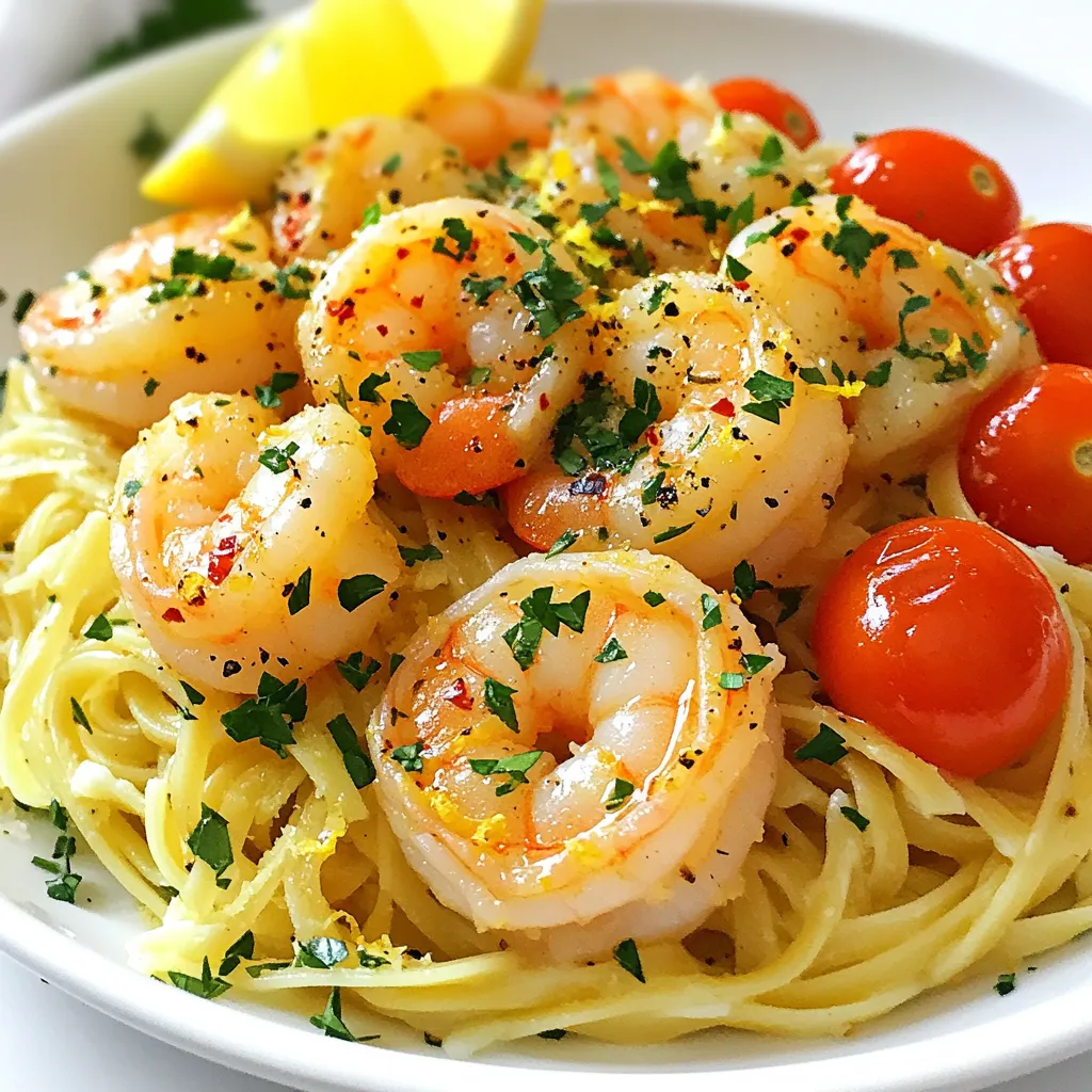 To create a bright and tasty Lemon Garlic Shrimp Scampi, you need these key ingredients: - 1 pound large shrimp, peeled and deveined - 1/2 cup unsalted butter - 4 cloves garlic, finely minced - 1 teaspoon red pepper flakes - Zest and juice of 2 medium lemons - 1/4 cup fresh parsley, finely chopped - Salt and freshly ground black pepper - 8 ounces linguine or spaghetti - 1/2 cup cherry tomatoes (optional) Each ingredient plays a vital role. Large shrimp bring a sweet and tender bite. Butter gives a rich base, while garlic adds a warm, savory note. Red pepper flakes give a gentle kick, and lemon brightens the dish. Fresh parsley adds color and freshness. When choosing your shrimp, look for ones that are firm and smell fresh. The butter should be unsalted to control your dish's saltiness. Fresh garlic is a must for best flavor. If you want a bit of spice, adjust the red pepper flakes to your liking. For a pop of color, halved cherry tomatoes make a lovely addition. Gather these ingredients, and you are ready to make a delightful meal that bursts with flavor. {{ingredient_image_2}} To start, you need to cook the pasta. First, fill a large pot with water and add salt. Bring the water to a vigorous boil. This step is key for great pasta. Once boiling, add 8 ounces of linguine or spaghetti. Cook it until it is al dente, which usually takes about 8-10 minutes. After cooking, drain the pasta but save 1/2 cup of that starchy pasta water. This water helps thicken the sauce later. Set the pasta aside while you prepare the shrimp. Next, it's time to sauté the shrimp. Grab a large skillet and heat it over medium heat. Add 1/2 cup of unsalted butter to the skillet and let it melt completely. Once melted, toss in 4 cloves of finely minced garlic and 1 teaspoon of red pepper flakes. Stir this mixture for about 1-2 minutes until the garlic becomes fragrant and light golden. Now, add the shrimp. You should have 1 pound of large shrimp that are peeled and deveined. Arrange them in a single layer in the skillet. Season them with salt and freshly ground black pepper. Cook the shrimp for 2-3 minutes on one side until they start to turn pink. Then flip them over and cook for an extra 2 minutes. The shrimp should now be fully pink and opaque. Once your shrimp is cooked, it’s time to brighten the dish. Squeeze in the juice of 2 medium lemons and add the zest from 1 lemon. This will give your dish a fresh, zesty flavor. Now, stir in 1/4 cup of finely chopped fresh parsley. If you want a pop of color, add 1/2 cup of halved cherry tomatoes. If the sauce looks thick, add some of that reserved pasta water a little at a time. Keep stirring until you’ve reached the right sauce consistency. Now, let's bring the dish together. Take the drained pasta and add it to the skillet with the shrimp and sauce. Toss everything gently to coat the pasta well with the sauce. Heat it through for about 1 minute. This lets all those wonderful flavors meld together beautifully. Finally, it’s time to serve. Use a plate to distribute the shrimp scampi evenly. For a lovely finish, garnish each plate with some extra parsley and a sprinkle of lemon zest. Enjoy your bright and tasty lemon garlic shrimp scampi while it's hot! - Best type of shrimp to use: I recommend using large shrimp. They hold their shape well and have a nice, meaty texture. Look for shrimp that are fresh, with a slight ocean smell. - How to prevent overcooking shrimp: Shrimp cook quickly. Once they turn pink and opaque, they are done. Keep a close eye on them and remove them from heat as soon as they look right. You can also use a timer for each side, cooking for about 2-3 minutes. - Adding white wine for depth: A splash of white wine adds great flavor. It balances the richness of the butter and brings out the lemon. Use a dry wine like Sauvignon Blanc or Pinot Grigio. - Recommended spices and herbs: Besides garlic, red pepper flakes give a kick. Fresh parsley adds a bright touch. You can also try thyme or basil for extra flavor. - Creative plating suggestions: Use a large plate to showcase the pasta and shrimp. Twirl the pasta into a nest in the center. Arrange shrimp around it for a pleasing look. - Using garnishes to elevate the dish: A sprinkle of fresh parsley and a bit of lemon zest on top adds color and freshness. You can also add a few cherry tomato halves for a pop of red. Pro Tips Fresh Shrimp is Best: Always opt for fresh shrimp when available. It enhances the flavor and texture of the dish significantly. Adjust Spice Levels: Feel free to adjust the amount of red pepper flakes to suit your spice preference. Start with a smaller amount and add more if desired. Reserve Pasta Water: Don’t forget to save some pasta water before draining. It’s a great way to adjust the sauce’s consistency without losing flavor. Garnish for Presentation: A sprinkle of extra parsley and lemon zest just before serving not only enhances the flavor but also makes the dish visually appealing. {{image_4}} You can easily swap out the pasta for other types. If you need gluten-free, use brown rice pasta or quinoa pasta. They work well in this dish. For a lighter twist, replace the butter with olive oil. This change keeps the flavor but cuts some fat. Add fresh veggies to boost nutrition and taste. Spinach or bell peppers blend nicely with the shrimp. They add color and crunch. You can also try different herbs. Basil adds a unique flavor that pairs well with lemon. Experiment to find your favorite combinations. If you want a low-carb meal, use zucchini noodles instead of pasta. They are fresh and delicious, making a great base for the shrimp. For a vegan option, try plant-based shrimp and dairy-free butter. This way, everyone can enjoy the dish, no matter their diet. To keep your shrimp scampi fresh, refrigerate it within two hours of cooking. Place it in a shallow container to cool quickly. This helps prevent bacteria growth. You can use glass or plastic containers with tight lids. If you have a lot, divide the dish into smaller portions. This makes it easier to reheat later. When reheating shrimp and pasta, use the stovetop for best results. Heat a skillet over low heat. Add a splash of water or broth to keep it moist. Stir gently to warm the dish evenly. Avoid the microwave, as it can make the shrimp soggy. Always check that the shrimp is heated through but not overcooked. Yes, you can freeze shrimp scampi. For best results, pack it in airtight containers. Leave a little space at the top for expansion. Label the container with the date. When ready to eat, thaw it in the fridge overnight. Reheat gently on the stove to keep the texture nice. Lemon Garlic Shrimp Scampi is quick. It takes about 10 minutes to prep and 15 minutes to cook. In total, you will spend around 25 minutes on this dish. It is perfect for a busy weeknight or a special dinner. Yes, you can use frozen shrimp! Just remember to thaw them first. Place them in cold water for about 15-20 minutes. This helps keep their texture nice. After thawing, pat them dry with a paper towel. This step helps the shrimp sauté well without steaming. This dish pairs well with many sides. Here are a few ideas: - Garlic bread - A fresh garden salad - Steamed asparagus or broccoli - White wine, such as Pinot Grigio or Sauvignon Blanc, complements the flavors nicely. Lemon Garlic Shrimp Scampi is a tasty choice! It has protein from shrimp and healthy fats from butter. One serving has about 400 calories. However, the butter does add saturated fat, so enjoy it in moderation. You can also lighten it by using olive oil instead of butter. This blog post covered how to make Lemon Garlic Shrimp Scampi. We discussed the ingredients, steps, and tips to create the dish perfectly. Remember, using fresh shrimp and herbs will enhance your meal. Feel free to switch up the pasta and flavors to fit your tastes. With these tips, you can impress friends and family. Enjoy crafting this delicious recipe, and make it your own!
