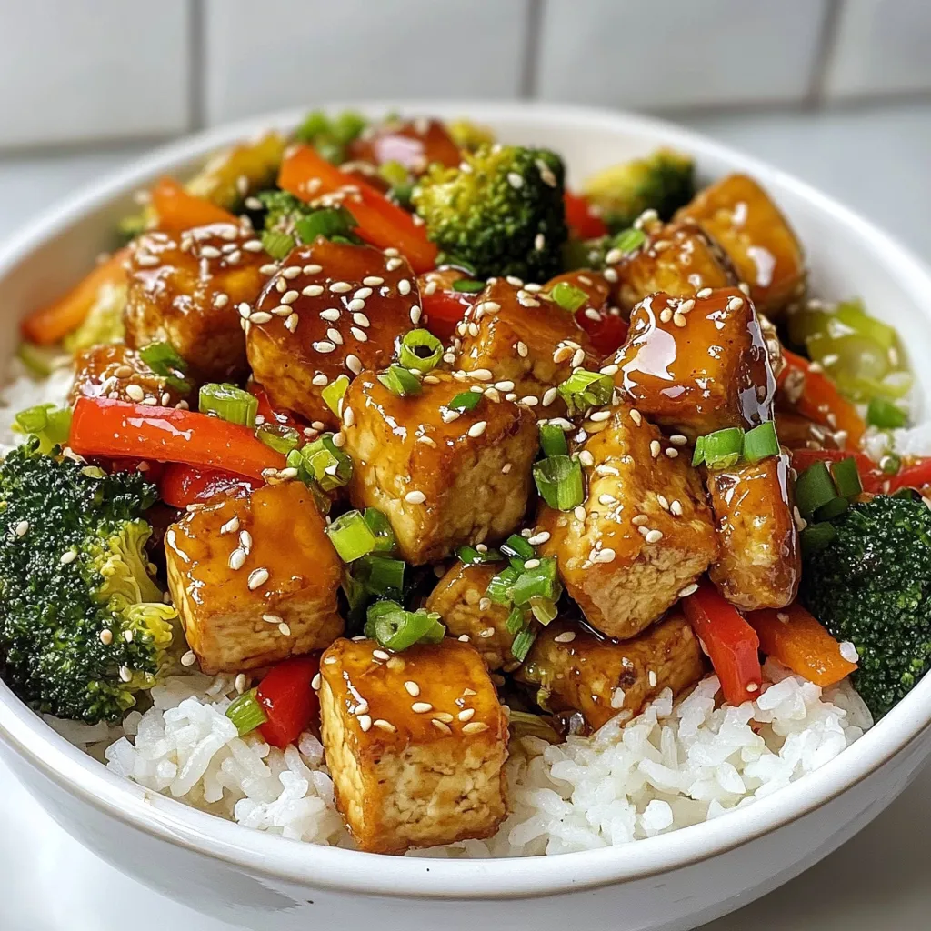 - 14 oz firm tofu, pressed and cut into 1-inch cubes - 1 red bell pepper, sliced into thin strips - 1 cup fresh broccoli florets - 1 medium carrot, julienned - 3 green onions, chopped (reserve some for garnish) - 1/4 cup soy sauce (low-sodium recommended) - 2 tablespoons pure maple syrup - 1 tablespoon rice vinegar - 1 teaspoon garlic, minced - 1 teaspoon fresh ginger, grated - 1 tablespoon sesame seeds (optional for garnish) - Additional green onions for garnish I love using firm tofu because it holds its shape well. Pressing it helps remove moisture. This makes it crispy when you cook it. Fresh vegetables like red bell pepper, broccoli, and carrot add color and crunch. They also provide important nutrients. The teriyaki sauce is key to this dish. It has a great balance of salty and sweet. Soy sauce gives it depth. Maple syrup adds sweetness. Rice vinegar brightens the flavors. Garlic and ginger add a warm, spicy kick. For garnish, I like sesame seeds and more chopped green onions. They add a nice touch and a bit of flavor. Using these simple ingredients, you can create a delicious meal in no time! {{ingredient_image_2}} To start, you need to press the tofu. This step helps remove extra moisture. Wrap the tofu in a clean kitchen towel or paper towels. Place a heavy object on top for about 15 minutes. After pressing, cut the tofu into 1-inch cubes. This size works well for frying and eating. Next, coat the tofu. In a large bowl, add the cubed tofu. Sprinkle 2 tablespoons of cornstarch over it. Gently toss the tofu until every piece is coated. This coating makes the tofu crispy when cooked. Heat 2 tablespoons of vegetable oil in a skillet over medium-high heat. Once the oil shimmers, add the coated tofu cubes in a single layer. Fry for about 4-5 minutes on each side. They should turn golden brown and crispy. When done, set the tofu aside on a plate lined with paper towels. This will soak up any extra oil. In the same skillet, add a little more oil if needed. Then, toss in the sliced red bell pepper, broccoli florets, and julienned carrot. Stir-fry these vegetables for about 3-4 minutes. You want them to stay colorful and tender-crisp. Remove them from heat once they reach that perfect texture. While your vegetables cook, make the teriyaki sauce. In a small bowl, combine 1/4 cup soy sauce, 2 tablespoons maple syrup, and 1 tablespoon rice vinegar. Add 1 teaspoon of minced garlic and 1 teaspoon of grated ginger. Whisk everything together until it blends well. This sauce adds the sweet and savory flavor your dish needs. Now it’s time to mix everything. Return the crispy tofu to the skillet with the vegetables. Pour the teriyaki sauce over them. Stir gently to coat all the ingredients in the sauce. Cook for an additional 2-3 minutes. This helps the flavors meld together and warms the sauce. Once ready, remove the skillet from heat. Stir in the chopped green onions, saving some for garnish. Serve the stir fry over bowls of warm cooked rice or quinoa. For a beautiful touch, sprinkle sesame seeds on top. Add the reserved green onions for extra color. This dish looks as good as it tastes! To get extra crispy tofu, start with firm or extra-firm tofu. Press the tofu well to remove moisture. I like to use a clean kitchen towel and a heavy object for about 15 minutes. After pressing, cut the tofu into 1-inch cubes. Toss the cubes in cornstarch to coat them evenly. This step is key for crispiness. When cooking, use hot oil. Heat 2 tablespoons of vegetable oil until it shimmers in the pan. Place the tofu in a single layer, and don’t overcrowd the pan. Cook each side for about 4-5 minutes until golden brown. For colorful and tender-crisp vegetables, choose fresh ones like red bell pepper, broccoli, and carrots. Cut them into even sizes. This helps them cook evenly. Use high heat for a quick stir-fry. Add the veggies to the hot skillet after the tofu is cooked. Stir-fry for 3-4 minutes. You want them bright and still slightly crunchy. Remove them from heat once they look vibrant and crisp. To customize your teriyaki sauce, adjust the sweetness and flavors. Use low-sodium soy sauce for a healthier option. If you like it sweeter, add more maple syrup. For a tangy kick, increase the rice vinegar. Don’t forget to whisk the sauce well to mix all the flavors. Taste it as you go. This way, you can find the perfect balance for your dish. Pro Tips Press the Tofu Well: Ensure you press the tofu long enough to remove as much moisture as possible, which helps achieve maximum crispiness during frying. Use High Heat for Tofu: Fry the tofu over medium-high heat to create a golden, crispy exterior while keeping the inside tender. Don’t Overcrowd the Pan: Cook the tofu in batches if necessary to avoid overcrowding, which can cause steaming instead of frying. Customize Your Veggies: Feel free to swap in your favorite vegetables or whatever you have on hand; just ensure they are cut to similar sizes for even cooking. {{image_4}} If you want to switch up the protein, try chicken, shrimp, or tempeh. Chicken works well in this dish. Just cut it into bite-sized pieces and cook it until golden. Shrimp cooks quickly and adds a nice flavor. Simply sauté them until they turn pink. Tempeh is a great plant-based option. Slice it thin and cook it like the tofu for a different texture. You can swap the veggies for others you enjoy. Snap peas add a nice crunch and flavor. Use bell peppers in different colors for added color and sweetness. Carrots can be replaced with zucchini or mushrooms, too. Just remember to cut them into similar sizes for even cooking. To make this dish gluten-free, you can use tamari instead of soy sauce. Tamari has a similar taste but is made without gluten. Most cornstarch is gluten-free, so you can use that without worry. Always check labels to be sure your ingredients are safe for your diet. To keep your crispy teriyaki tofu stir fry fresh, store leftovers in an airtight container. Place the stir fry in the fridge. It will stay good for up to three days. Make sure to cool it down before sealing. This helps avoid extra moisture inside the container. When you’re ready to enjoy leftovers, use a skillet or pan. Heat it over medium heat. Add a splash of water or oil to keep the tofu moist. Stir gently until hot. This method helps keep the tofu crispy and the veggies bright. Avoid the microwave, as it can make the dish soggy. If you want to freeze the stir fry, make sure it’s cool first. Use a freezer-safe container or bag. It can last up to three months in the freezer. To thaw, place it in the fridge overnight. When reheating, use the skillet method mentioned above for best results. I recommend using firm or extra-firm tofu for this recipe. Firm tofu holds its shape well during cooking. It gives a nice texture to your stir fry. Extra-firm tofu is even denser and has less moisture. This means it will crisp up better when fried. Soft or silken tofu will break apart easily. It is not ideal for stir fry dishes. Stick with firm or extra-firm for the best results. Yes, you can make the teriyaki sauce in advance. Store it in an airtight container in the fridge. It will keep for about a week. This makes meal prep easy. Just whisk the ingredients before using to mix them well again. If you want to store it longer, consider freezing it. Just thaw it in the fridge the night before you need it. Absolutely! This recipe is great for meal prep. You can cook a big batch and divide it into containers. It stays fresh in the fridge for up to four days. Pair it with rice or quinoa for a complete meal. You can also freeze it for later. Just be sure to let it cool before storing. Reheat it on the stove or in the microwave when ready to eat. This blog post covered how to create a delicious tofu stir-fry. We explored key ingredients, like firm tofu and fresh vegetables, along with making a tasty teriyaki sauce. I shared tips on cooking methods and how to achieve crispiness and flavor. You learned about meal prep options, storage tips, and variations to fit your taste. Remember, cooking is about creativity. Experiment with ingredients and enjoy the process. With these simple steps, you can make a fantastic dish that is both healthy and satisfying. Happy cooking!