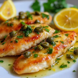 - 4 boneless, skinless chicken breasts - 1/2 cup all-purpose flour - 4 tablespoons unsalted butter, divided - 2 tablespoons olive oil - 3 cloves garlic, minced - 1 cup low-sodium chicken broth - 1 medium lemon (juice and zest) - 2 tablespoons capers, rinsed and drained To make Lemon Butter Chicken Piccata, we need fresh and simple ingredients. The chicken breasts should be boneless and skinless for ease. Flour helps create a nice crust. Butter and olive oil give richness to the dish. Fresh garlic adds flavor. Chicken broth keeps it moist. Lemon brings brightness, while capers add a salty surprise. - Salt and black pepper - Fresh parsley, chopped (for garnish) Seasoning is key to great taste. A sprinkle of salt and black pepper brings out the chicken's flavor. Fresh parsley not only adds color but also a fresh taste. Use it as a garnish for a lovely finish. These simple touches make the dish stand out. {{ingredient_image_2}} - Flattening the chicken breasts: Start by flattening the chicken. Place each breast between two sheets of plastic wrap. Use a meat mallet to pound the chicken until it is about half an inch thick. This step helps the chicken cook evenly and stay juicy. - Seasoning the chicken: Next, season both sides of the chicken with salt and black pepper. This adds flavor and enhances the dish. After seasoning, dredge each piece in all-purpose flour. Shake off any extra flour to prevent clumping. - Melting butter and olive oil: In a large skillet, melt two tablespoons of butter with two tablespoons of olive oil over medium-high heat. The butter should be bubbly and just starting to brown. This mix adds a rich flavor to the chicken. - Desired cooking time and temperature: Carefully add the chicken breasts to the skillet. Cook for four to five minutes on each side. Look for a golden brown color. The chicken should reach an internal temperature of 165°F to ensure it is fully cooked. - Sautéing garlic: After cooking the chicken, remove it from the skillet and keep it warm. In the same skillet, lower the heat slightly and add three minced garlic cloves. Sauté for about 30 seconds. Stir often until the garlic is fragrant and just starts to turn golden. - Adding chicken broth and lemon juice: Gradually pour in one cup of low-sodium chicken broth and the juice from one medium lemon. Use a wooden spoon to scrape up any brown bits from the skillet. These bits add great flavor. Bring the mixture to a gentle simmer. - Returning chicken to the skillet: After the sauce has simmered, return the chicken to the skillet. Spoon the tangy sauce over the chicken. This keeps the chicken moist and flavorful. - Final garnishing tips: To finish, add the remaining two tablespoons of butter and two tablespoons of rinsed capers to the skillet. Allow the chicken to warm in the sauce for one more minute. Serve the chicken piccata hot, garnished with fresh chopped parsley and extra lemon slices for a bright touch. How to ensure chicken remains tender? To keep chicken tender, start by flattening the breasts. Use plastic wrap and a meat mallet. Pound them to 1/2 inch thick. This helps them cook evenly. Season well with salt and pepper. Dredge lightly in flour to add a nice crust. Tips for browning without burning: Use a heavy skillet for better heat control. Melt butter and olive oil on medium-high heat. Wait until the butter is bubbly but not burnt. Add chicken in a single layer. Cook for 4-5 minutes per side. Keep an eye on the color to avoid burning. Suggestions on adding herbs or spices: To boost flavor, you can add fresh herbs like thyme or oregano. A pinch of red pepper flakes adds a nice kick. You can also try adding a splash of white wine for depth. Fresh basil or dill can give a refreshing twist. Pairing suggestions for the dish: Serve Lemon Butter Chicken Piccata with angel hair pasta for a classic touch. Sautéed greens like spinach or broccoli complement it well. A crisp green salad with a lemon vinaigrette brightens up the meal. Finish with a glass of white wine for a perfect dinner experience. Pro Tips Flattening the Chicken: Ensure even cooking by flattening the chicken breasts to about 1/2 inch thick. This helps them cook uniformly and remain tender. Perfectly Golden Brown: To achieve a beautiful golden crust, make sure the butter and oil are hot before adding the chicken. This prevents sticking and promotes a nice sear. Scrape for Flavor: When adding the chicken broth, scrape the bottom of the skillet to release the flavorful browned bits. This adds depth to your sauce. Butter for Richness: Add the remaining butter at the end of cooking to enhance the sauce’s richness and create a silky texture. {{image_4}} You can switch out the chicken breasts for other proteins. Fish, like salmon or tilapia, works well. Tofu is a great choice for a plant-based option. Just remember to adjust cooking times. Fish cooks faster, while tofu needs a little more time to soak up flavors. For gluten-free options, replace all-purpose flour with almond flour or a gluten-free blend. This will help keep the dish tasty and safe for those avoiding gluten. Pair this dish with sides that enhance its flavors. Angel hair pasta or sautéed greens make excellent choices. They soak up the lemon butter sauce well, adding a fresh taste to your meal. When serving, present the piccata on a long platter. Drizzle extra sauce over the chicken and garnish with lemon slices and fresh parsley. This brightens up the dish and makes it look more appealing. For special occasions, consider serving it with a light salad. A simple arugula salad with a lemon vinaigrette keeps the meal light and refreshing. To store leftover Lemon Butter Chicken Piccata, place it in an airtight container. Make sure to let the dish cool down before sealing it. This method keeps the chicken fresh for about 3 to 4 days. When you reheat it, do so gently on the stove or in the microwave. This will help keep it juicy and flavorful. If you want to freeze this dish, use a freezer-safe container. Make sure to label it with the date. Lemon Butter Chicken Piccata can stay fresh in the freezer for up to 3 months. To reheat, let it thaw in the fridge overnight. Then heat it on low. This will help maintain its flavor and texture. Avoid using high heat, as this may dry out the chicken. What can I use instead of capers? If you cannot find capers, you can use green olives. They add a similar briny taste. You may also try pickles or a splash of lemon juice for a tangy kick. Can I make this recipe in advance? Yes, you can prepare the chicken and sauce ahead of time. Cook the dish fully, let it cool, and store it in the fridge. Just reheat gently before serving. What to serve with Lemon Butter Chicken Piccata? This dish pairs well with angel hair pasta, rice, or sautéed greens. A fresh salad or crusty bread also makes a great side. How do I know when the chicken is fully cooked? Use a meat thermometer to check the chicken. It should reach an internal temperature of 165°F. The meat should also feel firm and no longer pink inside. Can I use bone-in chicken for this recipe? Yes, you can use bone-in chicken. Just cook it a bit longer to ensure it's fully done. You may need to adjust the cooking time based on the size. What is the best way to tenderize chicken? You can tenderize chicken by pounding it with a meat mallet. This breaks down the fibers, making it easier to cook quickly and evenly. This blog post offers a complete guide to making Lemon Butter Chicken Piccata. You learned about the main ingredients, cooking steps, tips for perfect results, and how to store leftovers. I emphasized easy ways to enhance flavor and suggested variations for different diets. This dish is not only tasty but also adaptable for any occasion. With practice, you’ll master this recipe and delight your family. Enjoy every bite and happy cooking!