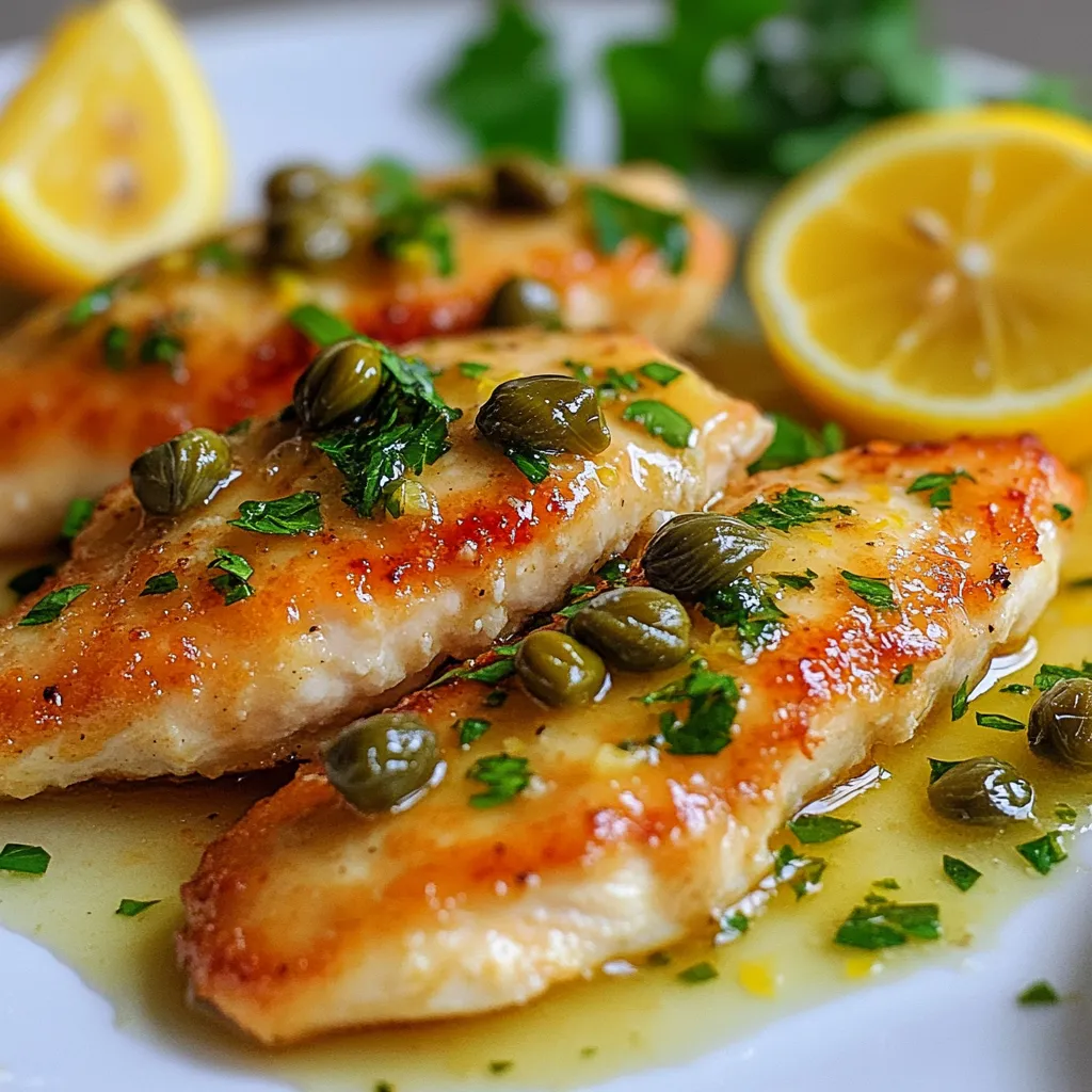 - 4 boneless, skinless chicken breasts - 1/2 cup all-purpose flour - 4 tablespoons unsalted butter, divided - 2 tablespoons olive oil - 3 cloves garlic, minced - 1 cup low-sodium chicken broth - 1 medium lemon (juice and zest) - 2 tablespoons capers, rinsed and drained To make Lemon Butter Chicken Piccata, we need fresh and simple ingredients. The chicken breasts should be boneless and skinless for ease. Flour helps create a nice crust. Butter and olive oil give richness to the dish. Fresh garlic adds flavor. Chicken broth keeps it moist. Lemon brings brightness, while capers add a salty surprise. - Salt and black pepper - Fresh parsley, chopped (for garnish) Seasoning is key to great taste. A sprinkle of salt and black pepper brings out the chicken's flavor. Fresh parsley not only adds color but also a fresh taste. Use it as a garnish for a lovely finish. These simple touches make the dish stand out. {{ingredient_image_2}} - Flattening the chicken breasts: Start by flattening the chicken. Place each breast between two sheets of plastic wrap. Use a meat mallet to pound the chicken until it is about half an inch thick. This step helps the chicken cook evenly and stay juicy. - Seasoning the chicken: Next, season both sides of the chicken with salt and black pepper. This adds flavor and enhances the dish. After seasoning, dredge each piece in all-purpose flour. Shake off any extra flour to prevent clumping. - Melting butter and olive oil: In a large skillet, melt two tablespoons of butter with two tablespoons of olive oil over medium-high heat. The butter should be bubbly and just starting to brown. This mix adds a rich flavor to the chicken. - Desired cooking time and temperature: Carefully add the chicken breasts to the skillet. Cook for four to five minutes on each side. Look for a golden brown color. The chicken should reach an internal temperature of 165°F to ensure it is fully cooked. - Sautéing garlic: After cooking the chicken, remove it from the skillet and keep it warm. In the same skillet, lower the heat slightly and add three minced garlic cloves. Sauté for about 30 seconds. Stir often until the garlic is fragrant and just starts to turn golden. - Adding chicken broth and lemon juice: Gradually pour in one cup of low-sodium chicken broth and the juice from one medium lemon. Use a wooden spoon to scrape up any brown bits from the skillet. These bits add great flavor. Bring the mixture to a gentle simmer. - Returning chicken to the skillet: After the sauce has simmered, return the chicken to the skillet. Spoon the tangy sauce over the chicken. This keeps the chicken moist and flavorful. - Final garnishing tips: To finish, add the remaining two tablespoons of butter and two tablespoons of rinsed capers to the skillet. Allow the chicken to warm in the sauce for one more minute. Serve the chicken piccata hot, garnished with fresh chopped parsley and extra lemon slices for a bright touch. How to ensure chicken remains tender? To keep chicken tender, start by flattening the breasts. Use plastic wrap and a meat mallet. Pound them to 1/2 inch thick. This helps them cook evenly. Season well with salt and pepper. Dredge lightly in flour to add a nice crust. Tips for browning without burning: Use a heavy skillet for better heat control. Melt butter and olive oil on medium-high heat. Wait until the butter is bubbly but not burnt. Add chicken in a single layer. Cook for 4-5 minutes per side. Keep an eye on the color to avoid burning. Suggestions on adding herbs or spices: To boost flavor, you can add fresh herbs like thyme or oregano. A pinch of red pepper flakes adds a nice kick. You can also try adding a splash of white wine for depth. Fresh basil or dill can give a refreshing twist. Pairing suggestions for the dish: Serve Lemon Butter Chicken Piccata with angel hair pasta for a classic touch. Sautéed greens like spinach or broccoli complement it well. A crisp green salad with a lemon vinaigrette brightens up the meal. Finish with a glass of white wine for a perfect dinner experience. Pro Tips Flattening the Chicken: Ensure even cooking by flattening the chicken breasts to about 1/2 inch thick. This helps them cook uniformly and remain tender. Perfectly Golden Brown: To achieve a beautiful golden crust, make sure the butter and oil are hot before adding the chicken. This prevents sticking and promotes a nice sear. Scrape for Flavor: When adding the chicken broth, scrape the bottom of the skillet to release the flavorful browned bits. This adds depth to your sauce. Butter for Richness: Add the remaining butter at the end of cooking to enhance the sauce’s richness and create a silky texture. {{image_4}} You can switch out the chicken breasts for other proteins. Fish, like salmon or tilapia, works well. Tofu is a great choice for a plant-based option. Just remember to adjust cooking times. Fish cooks faster, while tofu needs a little more time to soak up flavors. For gluten-free options, replace all-purpose flour with almond flour or a gluten-free blend. This will help keep the dish tasty and safe for those avoiding gluten. Pair this dish with sides that enhance its flavors. Angel hair pasta or sautéed greens make excellent choices. They soak up the lemon butter sauce well, adding a fresh taste to your meal. When serving, present the piccata on a long platter. Drizzle extra sauce over the chicken and garnish with lemon slices and fresh parsley. This brightens up the dish and makes it look more appealing. For special occasions, consider serving it with a light salad. A simple arugula salad with a lemon vinaigrette keeps the meal light and refreshing. To store leftover Lemon Butter Chicken Piccata, place it in an airtight container. Make sure to let the dish cool down before sealing it. This method keeps the chicken fresh for about 3 to 4 days. When you reheat it, do so gently on the stove or in the microwave. This will help keep it juicy and flavorful. If you want to freeze this dish, use a freezer-safe container. Make sure to label it with the date. Lemon Butter Chicken Piccata can stay fresh in the freezer for up to 3 months. To reheat, let it thaw in the fridge overnight. Then heat it on low. This will help maintain its flavor and texture. Avoid using high heat, as this may dry out the chicken. What can I use instead of capers? If you cannot find capers, you can use green olives. They add a similar briny taste. You may also try pickles or a splash of lemon juice for a tangy kick. Can I make this recipe in advance? Yes, you can prepare the chicken and sauce ahead of time. Cook the dish fully, let it cool, and store it in the fridge. Just reheat gently before serving. What to serve with Lemon Butter Chicken Piccata? This dish pairs well with angel hair pasta, rice, or sautéed greens. A fresh salad or crusty bread also makes a great side. How do I know when the chicken is fully cooked? Use a meat thermometer to check the chicken. It should reach an internal temperature of 165°F. The meat should also feel firm and no longer pink inside. Can I use bone-in chicken for this recipe? Yes, you can use bone-in chicken. Just cook it a bit longer to ensure it's fully done. You may need to adjust the cooking time based on the size. What is the best way to tenderize chicken? You can tenderize chicken by pounding it with a meat mallet. This breaks down the fibers, making it easier to cook quickly and evenly. This blog post offers a complete guide to making Lemon Butter Chicken Piccata. You learned about the main ingredients, cooking steps, tips for perfect results, and how to store leftovers. I emphasized easy ways to enhance flavor and suggested variations for different diets. This dish is not only tasty but also adaptable for any occasion. With practice, you’ll master this recipe and delight your family. Enjoy every bite and happy cooking!