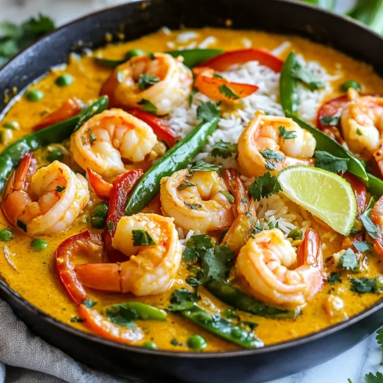 - 1 lb (450g) large shrimp, peeled and deveined - 1 can (14 oz) coconut milk - 2 tablespoons coconut oil - 1 medium onion, finely chopped - 2 garlic cloves, minced - 1 tablespoon fresh ginger, grated - 1 red bell pepper, sliced - 1 cup snap peas - 2 tablespoons red curry paste - 2 tablespoons freshly squeezed lime juice - Zest of 1 lime - Salt and freshly ground black pepper, to taste - Fresh cilantro leaves, for garnish - Cooked jasmine rice, for serving Using fresh ingredients makes a big difference in this dish. Fresh shrimp tastes sweet and tender. Fresh coconut milk adds a rich, creamy texture. Fresh herbs, like cilantro, bring bright flavor. Fresh vegetables keep their crunch and color. They help create a dish that is not only tasty but also healthy. When you select the best ingredients, you create a meal that brings joy with every bite. You can swap some ingredients if needed. For shrimp, try chicken or firm tofu for a vegetarian option. If you can't find coconut milk, you can use almond milk or soy milk, though the flavor will change. Red curry paste can be replaced with green curry paste if you like a different taste. For veggies, feel free to add broccoli, carrots, or bell peppers of any color. These changes can help you match the recipe to your taste and what you have on hand. {{ingredient_image_2}} First, heat 2 tablespoons of coconut oil in a large skillet over medium heat. Wait until the oil melts and shimmers. This oil gives a rich flavor to the dish. It also helps cook the shrimp and veggies evenly. Once the oil is hot, add 1 medium onion, finely chopped. Sauté it for 3-4 minutes. Stir often until the onion gets soft and turns translucent. Next, add 2 minced garlic cloves and 1 tablespoon of grated ginger. Cook for 1 more minute. This step fills your kitchen with a warm, inviting aroma. Now, toss in 1 sliced red bell pepper and 1 cup of snap peas. Stir constantly for about 3 minutes. You want them to soften but still stay crisp. Then, add 2 tablespoons of red curry paste. Mix it well, coating all the veggies. Cook for another minute to develop the flavors. Carefully pour in 1 can of coconut milk. Stir gently to combine everything. Increase the heat slightly and bring it to a gentle simmer. Now, it’s time to add 1 pound of large shrimp. Cook for 4-5 minutes. Stir occasionally until the shrimp turn pink and opaque. This shows they are fully cooked. After cooking the shrimp, add 2 tablespoons of fresh lime juice and lime zest. Season with salt and freshly ground black pepper to taste. Stir well to mix in these bright flavors. Let the curry sit for a couple of minutes. This helps the flavors blend beautifully. Serve over jasmine rice, topped with fresh cilantro leaves for a colorful finish. Cooking shrimp just right is key. Cook shrimp for 4-5 minutes. They should turn pink and opaque. Overcooking makes shrimp rubbery. To check, cut one open. If it’s white and firm, it’s perfect. You can change the spice to fit your taste. Start with 2 tablespoons of red curry paste. If you want it hotter, add more paste or a dash of chili flakes. For less heat, use less paste. Always taste as you go. This way, you can adjust to your liking. Fresh herbs boost the flavor of your dish. Add cilantro at the end for a bright touch. You can also try fresh basil or mint. These herbs add a fresh taste that brightens the curry. For a twist, sprinkle some toasted coconut flakes as a garnish. Pro Tips Use Fresh Ingredients: Always opt for fresh shrimp and vegetables to enhance the flavors of your curry. Adjust the Spice Level: Feel free to modify the amount of red curry paste to suit your heat preference. Let It Rest: Allowing the curry to sit for a few minutes after cooking helps the flavors meld together beautifully. Garnish for Flavor: Don’t skip the fresh cilantro; it adds a bright, fresh flavor that complements the curry perfectly. {{image_4}} You can easily make a vegetarian version of this dish. Replace the shrimp with tofu. Use firm tofu and cut it into cubes. Sauté the tofu until it is golden brown. Follow the same cooking steps as for shrimp. The tofu absorbs the coconut milk and curry flavors well. This swap keeps the dish rich and filling. If you want other protein options, consider chicken or fish. For chicken, use boneless thighs or breasts. Cut them into bite-sized pieces. Cook them until they are no longer pink, then add the coconut milk. For fish, choose a firm type like cod or tilapia. Cut it into chunks and add it when you mix in the coconut milk. Each option gives a new taste but keeps the essence of the curry. You can customize the curry by adding other vegetables. Try carrots, zucchini, or broccoli. Just cut them into small pieces. Add harder veggies first, so they have time to cook. Softer ones can go in later. This method ensures all the vegetables are tender and tasty. Each vegetable adds a unique flavor and texture to your dish. Store any leftover coconut lime shrimp curry in an airtight container. Place it in the fridge within two hours of cooking. It can stay fresh for up to three days. Make sure to let it cool before sealing the container. This helps keep the shrimp tender and the sauce creamy. When you’re ready to enjoy your leftover curry, reheat it gently. Use a saucepan over low heat. Stir it often to ensure even warming. You can also use a microwave. Heat in short bursts, stirring in between. This way, you prevent the shrimp from becoming rubbery. If you want to save the curry for later, freezing is a great option. Let it cool completely before transferring it to a freezer-safe container. It can last up to three months in the freezer. When you’re ready to eat, thaw it overnight in the fridge. Then, follow the reheating instructions to enjoy a taste of tropical bliss again! Yes, you can use frozen shrimp. Just thaw them first in cold water. This will help them cook evenly. Frozen shrimp saves time and is handy to have on hand. To add heat, use more red curry paste. You can also add sliced fresh chili peppers. Adjust the spice level to fit your taste. Start small and add until it’s just right for you. I love serving this curry with jasmine rice. The rice soaks up the sauce well. You could also try naan bread or quinoa. Fresh lime wedges on the side add brightness. The dish lasts for 3 to 4 days in the fridge. Store it in an airtight container. Reheat gently on the stove or in the microwave. Enjoy the flavors even after a few days! This blog post covered the key elements for making Coconut Lime Shrimp Curry. You learned about the importance of fresh ingredients and found helpful cooking steps. I shared tips on cooking shrimp perfectly and adjusting spice levels. You also discovered tasty variations like a vegetarian option. Proper storage information ensures you can enjoy leftovers too. Remember, cooking is fun. Experiment with flavors and ingredients. Enjoy your culinary journey!