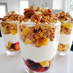 To make Maple Pecan Granola Parfaits, you need a few key items: - 1 cup rolled oats - 1/2 cup pecans, roughly chopped - 1/4 cup pure maple syrup - 1/4 cup coconut oil, melted - 1/2 teaspoon ground cinnamon - 1/4 teaspoon sea salt - 2 cups Greek yogurt (plain or vanilla) - 1 cup mixed berries (strawberries, blueberries, raspberries) These ingredients create a crunchy, sweet, and creamy delight. You can add even more flavor with these optional items: - A drizzle of honey for serving - Chia seeds for added texture and nutrition - A sprinkle of nutmeg for warmth These extras let you customize the parfait to your taste. If you have dietary needs, here are some easy swaps: - Use gluten-free oats if you're gluten-sensitive. - Substitute maple syrup with agave nectar or honey if needed. - Replace Greek yogurt with a dairy-free option like coconut yogurt. These substitutions help everyone enjoy this tasty breakfast! First, gather your ingredients. You will need rolled oats, chopped pecans, maple syrup, melted coconut oil, ground cinnamon, and sea salt. In a large bowl, mix the oats, pecans, and syrup. Stir well so every piece gets coated. Add the melted coconut oil, cinnamon, and salt. Mix again until everything is well combined. Next, preheat your oven to 350°F (175°C). Spread the granola mixture evenly on a parchment-lined baking sheet. Baking takes about 15 to 20 minutes. Halfway through, stir the granola to help it brown evenly. It should look golden and smell amazing. Once done, take it out and let it cool completely. Now comes the fun part. Grab clear glasses to show off those pretty layers. Start with a layer of Greek yogurt in each glass. Then, add a layer of your baked granola. Next, pile on some mixed berries. Repeat these layers until your glasses are full. For the final touch, top with more berries and a drizzle of honey if you like. This adds sweetness and makes it look fantastic! For the best texture in your granola, use rolled oats. They provide a chewy base. Mix in chopped pecans for crunch. Make sure to stir the granola halfway while baking. This helps it brown evenly. Bake until golden brown, but watch it closely. Burnt granola can ruin your parfait. Allow it to cool completely, as it gets crispier when cool. Serve your parfaits in clear glass cups. This allows you to show off the pretty layers. Start with a spoonful of yogurt at the bottom. Then, add a layer of granola, followed by berries. Repeat until you fill the cup. Finish with a layer of berries on top. Add a drizzle of honey for extra sweetness. You can also sprinkle a few extra pecans on top for a nice touch. Store leftover granola in an airtight container. Keep it in a cool, dry place. It stays fresh for about two weeks. If it gets soft, you can re-crisp it in the oven. Just spread it out on a baking sheet and bake at 350°F (175°C) for 5-10 minutes. This way, you can enjoy your granola longer! {{image_4}} You can switch up the nuts in this recipe. Try walnuts for a richer taste. Almonds add a nice crunch, too. Pecans are great, but don’t be shy to experiment. Use your favorite nuts or even seeds for a fun twist! Berries are the stars of this parfait. In summer, use fresh strawberries and blueberries. Fall brings a chance to add apples or pears. In winter, try frozen mixed berries for tasty results. Each season offers new flavors to explore. For a dairy-free option, use coconut yogurt instead of Greek yogurt. Almond milk yogurt works well, too. These swaps keep the parfait creamy and delicious. Enjoy a healthy breakfast that fits your diet! To keep your granola fresh, store it in an airtight container. I like to use glass jars. This keeps moisture out and lets the granola stay crunchy. Place the container in a cool, dry place. Avoid direct sunlight to prevent the nuts from going bad. If you have leftover parfaits, cover them with plastic wrap or a lid. Store them in the fridge for up to one day. The granola will lose some crunch but still taste great. Layering the yogurt and berries helps keep them fresh longer. Homemade granola can last for about two weeks when stored correctly. Check for any signs of spoilage, like a musty smell. If you see any, it’s best to toss it. For parfaits, eat them within a day for the best taste and texture. Yes, you can make granola ahead of time. I like to prepare a big batch on the weekend. Store it in an airtight container for up to two weeks. This way, breakfast is quick and easy during busy mornings. Just grab and go! If you prefer, you can use regular yogurt, dairy-free yogurt, or cottage cheese. Each option brings a unique taste. I enjoy using coconut yogurt for a tropical twist. Try what fits your diet or taste buds best! Customizing flavors is fun! You can add different fruits like bananas or peaches. Try swapping pecans for almonds or walnuts. You can also mix in spices, like nutmeg or ginger, for a flavor kick. Don’t forget to play with sweeteners too, like agave or honey. The choices are endless! In this blog post, we explored how to make delicious maple pecan granola and parfaits. We covered key ingredients, optional flavors, and tasty substitutions for diets. I shared step-by-step instructions for prep and baking. Tips helped you achieve the best texture and serving ideas. Variations allowed you to try different nuts and berries. Proper storage methods ensure freshness and great shelf life. Enjoy creating your own parfaits and have fun experimenting with flavors! You'll love the results.