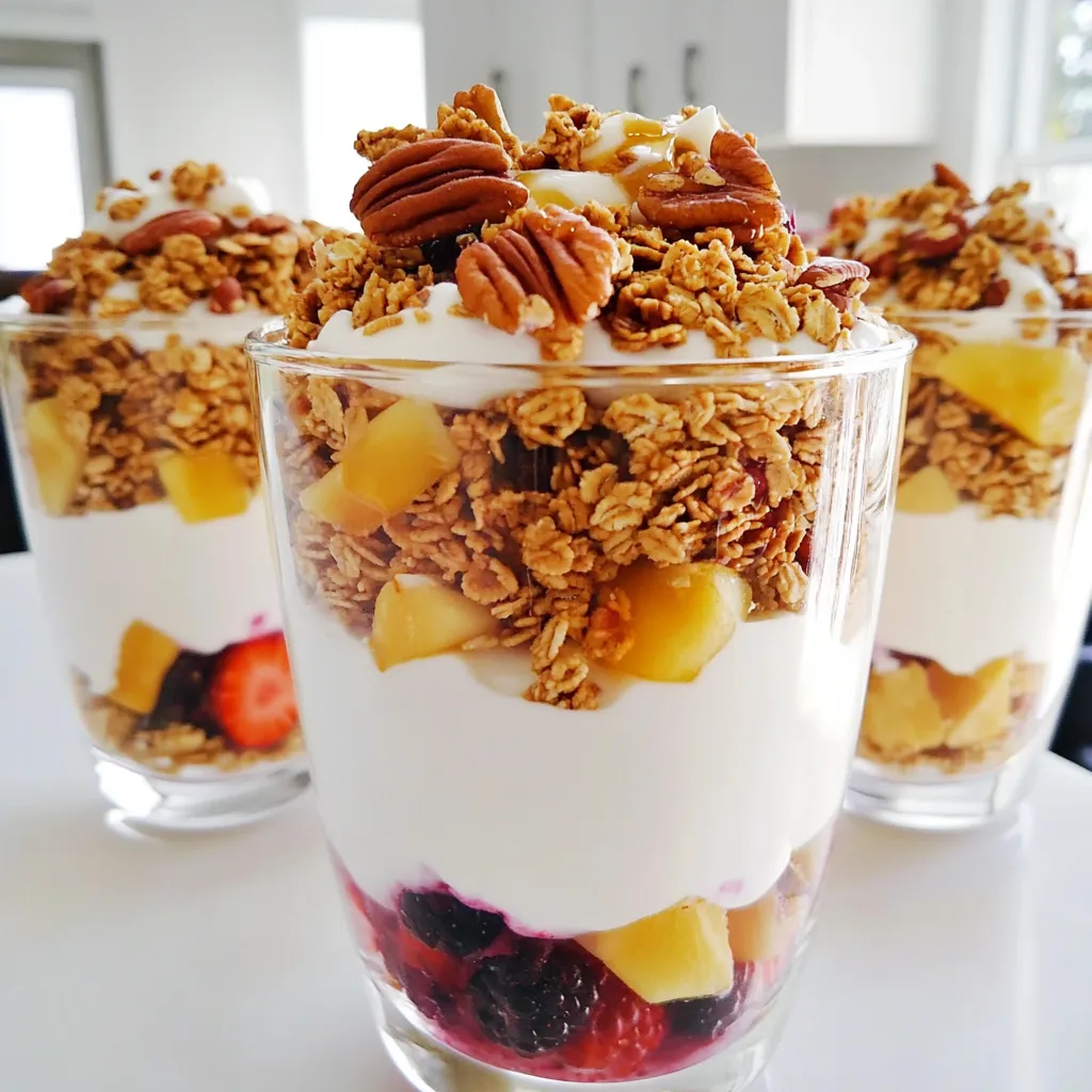 To make Maple Pecan Granola Parfaits, you need a few key items: - 1 cup rolled oats - 1/2 cup pecans, roughly chopped - 1/4 cup pure maple syrup - 1/4 cup coconut oil, melted - 1/2 teaspoon ground cinnamon - 1/4 teaspoon sea salt - 2 cups Greek yogurt (plain or vanilla) - 1 cup mixed berries (strawberries, blueberries, raspberries) These ingredients create a crunchy, sweet, and creamy delight. You can add even more flavor with these optional items: - A drizzle of honey for serving - Chia seeds for added texture and nutrition - A sprinkle of nutmeg for warmth These extras let you customize the parfait to your taste. If you have dietary needs, here are some easy swaps: - Use gluten-free oats if you're gluten-sensitive. - Substitute maple syrup with agave nectar or honey if needed. - Replace Greek yogurt with a dairy-free option like coconut yogurt. These substitutions help everyone enjoy this tasty breakfast! First, gather your ingredients. You will need rolled oats, chopped pecans, maple syrup, melted coconut oil, ground cinnamon, and sea salt. In a large bowl, mix the oats, pecans, and syrup. Stir well so every piece gets coated. Add the melted coconut oil, cinnamon, and salt. Mix again until everything is well combined. Next, preheat your oven to 350°F (175°C). Spread the granola mixture evenly on a parchment-lined baking sheet. Baking takes about 15 to 20 minutes. Halfway through, stir the granola to help it brown evenly. It should look golden and smell amazing. Once done, take it out and let it cool completely. Now comes the fun part. Grab clear glasses to show off those pretty layers. Start with a layer of Greek yogurt in each glass. Then, add a layer of your baked granola. Next, pile on some mixed berries. Repeat these layers until your glasses are full. For the final touch, top with more berries and a drizzle of honey if you like. This adds sweetness and makes it look fantastic! For the best texture in your granola, use rolled oats. They provide a chewy base. Mix in chopped pecans for crunch. Make sure to stir the granola halfway while baking. This helps it brown evenly. Bake until golden brown, but watch it closely. Burnt granola can ruin your parfait. Allow it to cool completely, as it gets crispier when cool. Serve your parfaits in clear glass cups. This allows you to show off the pretty layers. Start with a spoonful of yogurt at the bottom. Then, add a layer of granola, followed by berries. Repeat until you fill the cup. Finish with a layer of berries on top. Add a drizzle of honey for extra sweetness. You can also sprinkle a few extra pecans on top for a nice touch. Store leftover granola in an airtight container. Keep it in a cool, dry place. It stays fresh for about two weeks. If it gets soft, you can re-crisp it in the oven. Just spread it out on a baking sheet and bake at 350°F (175°C) for 5-10 minutes. This way, you can enjoy your granola longer! {{image_4}} You can switch up the nuts in this recipe. Try walnuts for a richer taste. Almonds add a nice crunch, too. Pecans are great, but don’t be shy to experiment. Use your favorite nuts or even seeds for a fun twist! Berries are the stars of this parfait. In summer, use fresh strawberries and blueberries. Fall brings a chance to add apples or pears. In winter, try frozen mixed berries for tasty results. Each season offers new flavors to explore. For a dairy-free option, use coconut yogurt instead of Greek yogurt. Almond milk yogurt works well, too. These swaps keep the parfait creamy and delicious. Enjoy a healthy breakfast that fits your diet! To keep your granola fresh, store it in an airtight container. I like to use glass jars. This keeps moisture out and lets the granola stay crunchy. Place the container in a cool, dry place. Avoid direct sunlight to prevent the nuts from going bad. If you have leftover parfaits, cover them with plastic wrap or a lid. Store them in the fridge for up to one day. The granola will lose some crunch but still taste great. Layering the yogurt and berries helps keep them fresh longer. Homemade granola can last for about two weeks when stored correctly. Check for any signs of spoilage, like a musty smell. If you see any, it’s best to toss it. For parfaits, eat them within a day for the best taste and texture. Yes, you can make granola ahead of time. I like to prepare a big batch on the weekend. Store it in an airtight container for up to two weeks. This way, breakfast is quick and easy during busy mornings. Just grab and go! If you prefer, you can use regular yogurt, dairy-free yogurt, or cottage cheese. Each option brings a unique taste. I enjoy using coconut yogurt for a tropical twist. Try what fits your diet or taste buds best! Customizing flavors is fun! You can add different fruits like bananas or peaches. Try swapping pecans for almonds or walnuts. You can also mix in spices, like nutmeg or ginger, for a flavor kick. Don’t forget to play with sweeteners too, like agave or honey. The choices are endless! In this blog post, we explored how to make delicious maple pecan granola and parfaits. We covered key ingredients, optional flavors, and tasty substitutions for diets. I shared step-by-step instructions for prep and baking. Tips helped you achieve the best texture and serving ideas. Variations allowed you to try different nuts and berries. Proper storage methods ensure freshness and great shelf life. Enjoy creating your own parfaits and have fun experimenting with flavors! You'll love the results.