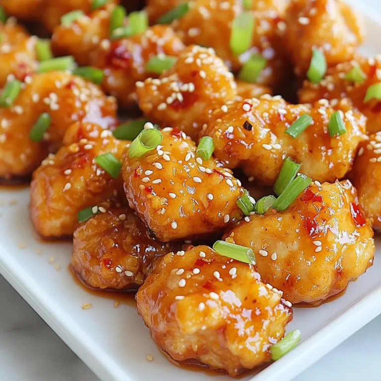 - 1 lb boneless, skinless chicken breasts, cut into bite-sized pieces - 1/2 cup honey - 3 cloves garlic, minced - 2 tablespoons low-sodium soy sauce - 1 teaspoon red pepper flakes (adjust for your spice preference) - 1 tablespoon apple cider vinegar - 1 tablespoon cornstarch - 2 tablespoons olive oil - Salt and freshly ground black pepper, to taste The main ingredient is chicken. I use boneless, skinless chicken breasts cut into bite-sized pieces. This makes them easy to eat and quick to cook. The other key component is the sauce, which combines honey, garlic, soy sauce, and red pepper flakes. This blend gives the dish its sweet and spicy kick. - Sesame seeds - Fresh green onions, chopped For garnishes, I like to use sesame seeds and fresh green onions. The sesame seeds add a nice crunch, while the green onions bring a fresh flavor. They also make the dish look bright and inviting. You can add these garnishes before serving to elevate your dish. {{ingredient_image_2}} - Mixing the Ingredients In a medium bowl, add honey, minced garlic, soy sauce, red pepper flakes, apple cider vinegar, and cornstarch. Use a whisk to mix everything together. Make sure it blends well. This mix is your honey garlic sauce. - Ensuring a Smooth Consistency Whisk until the sauce is smooth. You want it to be thick but pourable. If it feels too thick, add a bit of water to help it blend better. - Seasoning the Chicken Pieces Take your chicken pieces and place them in a bowl. Sprinkle salt and freshly ground black pepper over the chicken. Toss the chicken well. Make sure every piece gets coated evenly. - Sautéing in Olive Oil Heat two tablespoons of olive oil in a large skillet over medium heat. Once hot, add the seasoned chicken pieces. Cook them for about 5-7 minutes. Stir occasionally until they are golden brown and fully cooked. - Simmering for Thickness Lower the heat to low. Carefully pour the honey garlic sauce over the cooked chicken. Stir gently to coat each piece. Let it simmer for about 3-4 minutes. This helps the sauce thicken and stick to the chicken. - Finalizing the Dish Once the sauce is thickened, take the skillet off the heat. Transfer the chicken bites to a serving dish. Garnish with sesame seeds and chopped green onions. This adds a nice look and flavor! - Adjusting Red Pepper Flakes: Start with one teaspoon of red pepper flakes. If you want more heat, add more. Tasting as you go helps find the right balance. - Balancing Sweetness and Heat: The honey adds sweetness. If the dish is too sweet, add more red pepper flakes. A touch of acidity from the vinegar can also help balance flavors. - Best Skillet for Cooking: Use a non-stick skillet for easy cooking and cleanup. A heavy-bottomed skillet helps cook the chicken evenly. - Ensuring Even Cooking: Cut chicken pieces into uniform sizes. This ensures they cook at the same rate. Stir gently and regularly to avoid burning. - Presentation Ideas: Arrange the chicken bites on a large platter. Garnish with sesame seeds and green onions for color and flair. - Pairing Options: Serve with steamed rice or a fresh salad. Both options complement the sticky sauce well. You can also serve with toothpicks for easy eating at parties. Pro Tips Marinate for Extra Flavor: For a deeper flavor, marinate the chicken pieces in the honey garlic sauce for at least 30 minutes before cooking. Adjust Spice Levels: If you prefer a milder dish, reduce the amount of red pepper flakes or omit them entirely. You can always add more spice later. Use Fresh Garlic: Freshly minced garlic gives a more vibrant flavor compared to pre-minced garlic. Always opt for fresh when possible! Leftovers Storage: Store any leftover chicken bites in an airtight container in the refrigerator for up to 3 days. Reheat gently to maintain the sauce's sticky texture. {{image_4}} For a different flavor, try using maple syrup instead of honey. It adds a rich taste. You can also use agave nectar for a lighter sweetness. If you want to add some crunch, toss in some bell peppers or broccoli florets. They cook well with the chicken and add color. If you want to kick up the flavor, add more spices. Try ¼ teaspoon of smoked paprika for a hint of smokiness. You can also mix in some ginger for a fresh zing. To change the sauce, marinate the chicken in soy sauce and garlic before cooking. This makes it extra tasty. If you need a gluten-free dish, use tamari instead of soy sauce. It has a similar taste without gluten. For a healthier option, bake the chicken instead of frying. Just toss the chicken bites in the sauce and bake at 400°F for about 20 minutes. This keeps the dish light and delicious. - Store the chicken bites in an airtight container. - Let the chicken cool to room temperature first. - Use the chicken within 3 to 4 days for best taste. - After cooking, the chicken bites are safe for about a week. - Check for any signs of spoilage before eating. - Use a skillet over low heat for best results. - Add a splash of water to keep the chicken moist. - Cover the skillet with a lid while reheating. - Stir occasionally to heat evenly and retain sauce flavor. You can serve these bites with a variety of sides. Here are some popular options: - Steamed rice - Fried rice - Crisp salad - Roasted vegetables - French fries For creative pairings, try these ideas: - A fresh coleslaw adds crunch. - Sweet potato fries bring a nice contrast. - Noodles tossed with sesame oil can be a great match. Yes, you can prep the chicken and sauce in advance. - For prepping in advance, cut the chicken and mix the sauce. Store them separately in the fridge. - For storage recommendations, keep the chicken and sauce in airtight containers. They stay fresh for up to two days. You can easily ramp up the heat. Here are some ways: - Add more red pepper flakes to the sauce. - Mix in a teaspoon of cayenne pepper for extra kick. For hot sauce, I recommend: - Sriracha for a tangy flavor. - Franks RedHot for a classic taste. - A few drops of habanero sauce for a fiery touch. This blog post covered how to make Spicy Honey Garlic Chicken Bites. We explored key ingredients, including chicken and sauce components. You learned step-by-step instructions for cooking and combining the flavors. With tips for spice adjustment and serve ideas, you can make it your own. Lastly, I shared storage and reheating tips to keep leftovers tasty. Enjoy this dish and feel confident to try variations and garnishes that suit your taste!