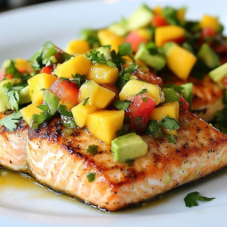To make Mango Avocado Salsa Salmon, you need a few fresh ingredients. Here’s what you’ll need: - 4 salmon fillets (approximately 6 ounces each) - 1 perfectly ripe mango, diced into small cubes - 2 ripe avocados, diced into bite-sized pieces - 1 red bell pepper, finely chopped for sweetness - 1/4 red onion, finely minced - 1 jalapeño, deseeded and minced (optional for a spicy kick) - 2 tablespoons fresh lime juice for acidity - 2 tablespoons fresh cilantro, roughly chopped - 2 tablespoons extra virgin olive oil for flavor - Salt and pepper to taste for seasoning These ingredients bring together bright and fresh flavors in this dish. The salmon acts as a rich base, while the mango and avocado add a creamy texture. The red bell pepper and onion provide crunch, and the lime juice gives it a zesty note. You can adjust the jalapeño to your spice level. This combination creates a delightful salsa that pairs perfectly with the salmon. Each bite is a burst of flavor! {{ingredient_image_2}} Mixing Ingredients Together First, grab a medium-sized mixing bowl. Add the diced mango and avocado to the bowl. Next, toss in the finely chopped red bell pepper and minced red onion. If you like spice, add the minced jalapeño. Gently mix these ingredients together. Be careful not to mash the avocado. Adding Lime and Seasoning Now, squeeze fresh lime juice over the salsa mix. This adds a bright taste that lifts all the flavors. Then, add the chopped cilantro. Finally, season with a pinch of salt and pepper. Toss everything again gently. Let this sit for at least 10 minutes to blend the flavors. Preparing Salmon Fillets Take your salmon fillets and pat them dry with paper towels. This helps them sear better. Drizzle olive oil over each fillet. Use your fingers or a brush to spread it evenly. Seasoning Tips Next, season each fillet generously with salt and pepper. Make sure every bit of salmon gets covered. This adds flavor and enhances the taste of your dish. Heat Settings and Cooking Time Heat a non-stick skillet over medium-high heat until hot. Place the salmon fillets skin-side down in the skillet. Cook them without moving them for about 4-5 minutes. This will make the skin crispy and golden. Tips for Perfectly Cooked Salmon After the skin is crispy, gently flip the fillets. Cook for another 3-4 minutes. The salmon should look opaque and flake easily with a fork. This means it is perfectly cooked! Plating the Dish Once the salmon is cooked, move it to a serving plate. Top each piece with the colorful mango avocado salsa. This adds a fresh look and taste. Garnishes and Accompaniments For extra style, sprinkle fresh cilantro leaves on top. Add lime wedges on the side for a zesty touch. This dish not only tastes great but looks stunning too! Enjoy this flavorful meal! Importance of Ripeness in Fruit Using ripe fruit is key for great taste. A mango should be sweet and fragrant. Avocados should feel soft but not mushy. If the fruit is not ripe, the salsa may taste bland. Always choose fruit that is in season for the best flavor. Adjusting Spice Levels If you want it spicy, add more jalapeño. Start with a small amount and taste as you go. You can always add more, but you can't take it out once it's in. If you prefer mild flavors, skip the jalapeño or use less. Balance is important in every bite. Skillet vs. Oven: Which to Choose I prefer using a skillet for this salmon. It gives a nice crispy skin, which adds texture. If you choose the oven, use a high temperature for best results. Both methods can work, but the skillet is quicker and easier to monitor. Tips for Achieving Crispy Skin To get crispy skin, start with dry salmon. Pat it dry with paper towels. Heat the skillet well before adding the fish. Place the salmon skin-side down and don’t move it for several minutes. This helps the skin crisp up nicely. Color Contrast in Plating When serving, use a bright plate to make the dish pop. The colors of the salsa and salmon should contrast well. Place the salsa on top of the salmon for a beautiful look. This adds visual appeal and makes the dish more inviting. Adding Fresh Herbs for Garnish Fresh herbs like cilantro can enhance the dish. Sprinkle some over the top before serving. This not only looks nice, but it also adds freshness. You can also add lime wedges on the side for a zesty touch. Pro Tips Use Fresh Ingredients: Always opt for ripe, fresh mangoes and avocados for the best flavor and texture in your salsa. Adjust Spice Level: If you prefer a milder salsa, omit the jalapeño or use a small amount. Taste as you go! Perfectly Cooked Salmon: Avoid overcooking the salmon; it should be opaque and flake easily. Use a meat thermometer for precision—145°F is ideal. Flavor Enhancement: Let the salsa sit for at least 10 minutes after mixing to allow the flavors to meld together beautifully before serving. {{image_4}} Alternative Protein Options You can swap salmon for other proteins. Try chicken or shrimp for a change. Both options cook well and absorb flavors nicely. If you prefer plant-based protein, use firm tofu. Tofu grills beautifully and takes on the salsa’s flavors. Swap Fruit Varieties While mango and avocado shine in this dish, feel free to mix it up. Pineapple adds a sweet twist, while peaches bring a juicy bite. You can also use pears for a crunchy texture. Experimenting with different fruits can lead to exciting new flavors. Tropical Salsa Mix-ins Add different fruits to your salsa for a tropical vibe. Consider adding diced kiwi or papaya. These fruits bring a sweet and tangy taste that pairs well with salmon. If you want a crunch, add diced cucumbers or jicama for texture. Spicy vs. Mild Salsas Adjust the heat level to your liking. For a spicy kick, keep the jalapeño in your salsa. If you prefer mild, skip the jalapeño or replace it with sweet bell pepper. You can also add diced serrano peppers for extra heat without overwhelming the dish. Tacos, Bowls, or Lettuce Wraps You can enjoy this dish in many ways. Serve it in soft corn tortillas for tacos. Or, create a colorful bowl with rice and beans. For a low-carb option, use large lettuce leaves as wraps. Each style offers a unique eating experience. Meal Prep Options This recipe is perfect for meal prep. Cook extra salmon and salsa for easy lunches. Store them separately to keep the salmon fresh. Mix them together at mealtime for a quick, healthy meal that tastes great even on busy days. - Best Practices for Refrigeration: Place any leftover salmon and salsa in airtight containers. This keeps them fresh. Make sure the salsa does not touch the salmon to avoid sogginess. - Duration for Freshness: Consume leftovers within 2 days. The salmon can lose its flavor, while the salsa may brown over time. - Recommended Methods: Reheat salmon gently in a skillet on low heat. This keeps it moist. You can also use the microwave on a lower setting for short bursts. - Avoiding Overcooking: Watch the salmon closely while reheating. It should warm up without cooking further. Aim for just enough heat to warm it through, not to cook it again. You should let the salsa sit for at least 10 minutes. This time allows the flavors to mix nicely. The lime juice helps the fruits blend well together. Yes, you can prepare the salsa ahead of time. Make it up to a few hours in advance. Just keep it in the fridge, covered. This keeps the salsa fresh and tasty. Several sides pair well with this dish. Here are some great options: - Cilantro rice - Quinoa salad - Grilled vegetables - Fresh corn on the cob These sides add color and flavor to your meal. Absolutely! Grilling salmon adds a lovely smoky flavor. Just follow the same seasoning steps. Cook it on medium heat for about 5-7 minutes per side. This keeps the salmon moist and tender. To make it vegan, swap the salmon for grilled tofu or chickpeas. You can use the same salsa recipe. This way, you still enjoy the fresh flavors without the fish. We explored a tasty dish featuring salmon and mango avocado salsa. You learned the key ingredients and step-by-step cooking tips to create a balanced flavor. I shared helpful tricks for perfect texture and gorgeous plates. Variations let you personalize the dish, and storage tips ensure your leftovers stay fresh. Enjoy making this simple yet flavorful meal with friends and family. Your cooking skills will shine!