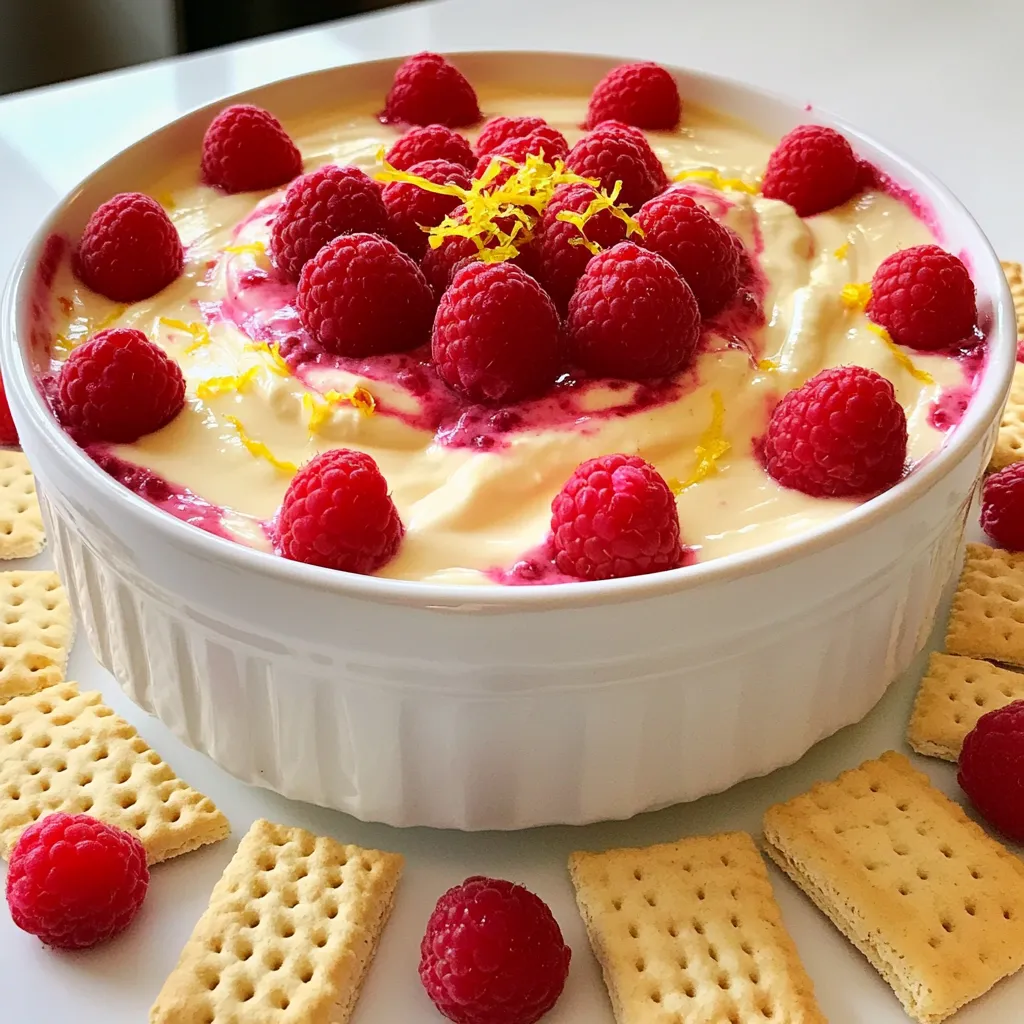 - 8 oz cream cheese - 1 cup powdered sugar - 1/2 cup sour cream - 1 tablespoon fresh lemon juice - Zest of 1 lemon - 1 teaspoon pure vanilla extract - 1 cup fresh raspberries When making Lemon Raspberry Cheesecake Dip, the ingredients are simple yet key. First, cream cheese gives the dip its rich and creamy base. I always use 8 oz, softened to room temp. This helps create a smooth texture. Next, I mix in 1 cup of powdered sugar. This adds sweetness and balances the tang from the lemon. For creaminess, I add 1/2 cup of sour cream. It makes the dip light and fluffy. The fresh lemon juice is a must. Just 1 tablespoon adds a bright tang. I also include the zest of 1 lemon for extra flavor. The zest makes the dip smell amazing and taste fresh. Finally, I add 1 teaspoon of pure vanilla extract. This deepens the flavor and complements the lemon and raspberry. Speaking of raspberries, I use 1 cup of fresh ones. They add color and a burst of juicy flavor. Make sure to save a few for garnish! - Graham crackers - Vanilla wafers - Fruit garnishes When it comes to serving, I like to keep it fun and easy. Graham crackers and vanilla wafers are perfect for dipping. They add a crunchy texture that pairs well with the creamy dip. I also love to decorate the dip with fresh fruit garnishes. Slices of lemon and extra raspberries make the dish pop. Not only does it look good, but it also invites guests to dig in. Enjoy this delightful and simple treat! - Step 1: Beat cream cheese Start by taking your softened cream cheese. Place it in a medium bowl. Use an electric mixer on medium speed. Beat for about 2-3 minutes until it is smooth and creamy. - Step 2: Incorporate powdered sugar Gradually add the sifted powdered sugar into the bowl. Mix on low speed until it is well combined. This step helps avoid lumps in your dip. - Step 3: Add remaining ingredients Now, add the sour cream, fresh lemon juice, lemon zest, and vanilla extract. Mix on medium speed again for 1-2 minutes. You want everything to blend well and become fluffy. - Step 4: Fold in raspberries Take fresh raspberries and carefully fold them into the mixture. Use a spatula for this. Keep some whole berries for texture and flavor bursts. - Step 5: Transfer and garnish Transfer the dip to a decorative serving bowl. Smooth the top with your spatula for a clean look. Garnish with extra raspberries and a sprinkle of lemon zest. - Presentation ideas Serve this dip in a colorful bowl at the center of a platter. This will catch everyone’s eye. - Creating a vibrant platter Surround the bowl with graham crackers or vanilla wafers. Scatter fresh lemon slices and extra raspberries around for color. - Suggested dippers Graham crackers and vanilla wafers make great dippers. You can also use fresh fruit for a fun twist! - Alternative sweeteners: You can use honey, agave, or maple syrup instead of powdered sugar. These options add unique flavors and can be healthier. - Non-dairy options: If you want a dairy-free dip, use vegan cream cheese and coconut yogurt. This keeps the creamy texture and flavor. - Different berry varieties: Feel free to swap raspberries with strawberries, blueberries, or blackberries. Each berry brings its own flavor, making it fun to mix things up. - Additional flavorings: Try adding a splash of almond extract or a hint of cinnamon for warmth. These flavors can elevate the dip and surprise your taste buds. - Tips on achieving fluffiness: Make sure your cream cheese is at room temperature. This helps it mix smoothly and become fluffy when blended. - Achieving the best texture: Fold in the raspberries gently to keep some whole. This adds bites of fruit that make every dip special. {{image_4}} You can make Lemon Raspberry Cheesecake Dip even more fun by adding flavors. - Adding chocolate: Mix in some cocoa powder or melted chocolate. This gives the dip a rich, sweet twist. Try dark chocolate for a bold taste or white chocolate for creaminess. - Mixing in other fruits: You can swap or add fruits. Try strawberries, blueberries, or peaches. Each fruit brings its own flavor, making the dip unique. - Infusing with herbs: For a fresh taste, add herbs like mint or basil. Just a little can change the flavor. It adds a fun surprise to your dip! You can also adjust this dip to fit different diets. - Gluten-free dippers: Use gluten-free graham crackers or rice cakes. They pair well and keep the dip safe for those avoiding gluten. - Vegan adaptations: Replace cream cheese with a vegan option made from cashews or tofu. Use maple syrup instead of powdered sugar for sweetness. - Low-sugar options: Try using a sugar substitute like stevia or monk fruit. These keep the dip sweet without the added sugar. To keep your Lemon Raspberry Cheesecake Dip fresh, store it in the fridge. Use an airtight container to prevent air from changing its texture. Make sure to cover it well. If you want to freeze it, put it in a freezer-safe container. Leave some space at the top for expansion as it freezes. This dip stays fresh for about 3 to 5 days in the fridge. Check for signs of spoilage. If it smells sour or has a strange color, throw it away. If you freeze it, it can last for about 2 months. However, the texture may change when thawed. Always taste a small amount before serving. How do I make this dip ahead of time? You can make this dip a day before serving. Just follow the steps and store it in the fridge. Cover it with plastic wrap to keep it fresh. Before serving, stir gently to make it smooth again. Can I use frozen raspberries? Yes, you can use frozen raspberries. Just thaw them and drain any excess juice. This helps keep the dip from getting watery. Fresh raspberries add a nice texture, but frozen ones work well too. What can I serve with Lemon Raspberry Cheesecake Dip? Serve this dip with graham crackers or vanilla wafers. You can also add fresh fruits like apple slices or strawberries. These add color and taste to your platter. My dip is too runny, what to do? If your dip is too runny, check if you added too much sour cream or lemon juice. You can add more cream cheese to thicken it. Mix in a little at a time until it reaches the right texture. How can I thicken the dip? To thicken the dip, add more cream cheese. You can also use a bit of powdered sugar. Mix well until the dip is thick and creamy. What’s the best way to store leftovers? Store leftovers in an airtight container in the fridge. This keeps it fresh for up to three days. Before serving again, stir the dip to bring back its smoothness. This blog post covered how to make a delicious Lemon Raspberry Cheesecake Dip. You learned the key ingredients, step-by-step instructions, and serving tips. We explored tips for flavor, ingredient swaps, and variations to try. You now have solid ways to store this dip and answers to common questions. Enjoy creating this treat! Your friends and family will love it. Try different flavors and serving ideas for fun. Happy dipping!