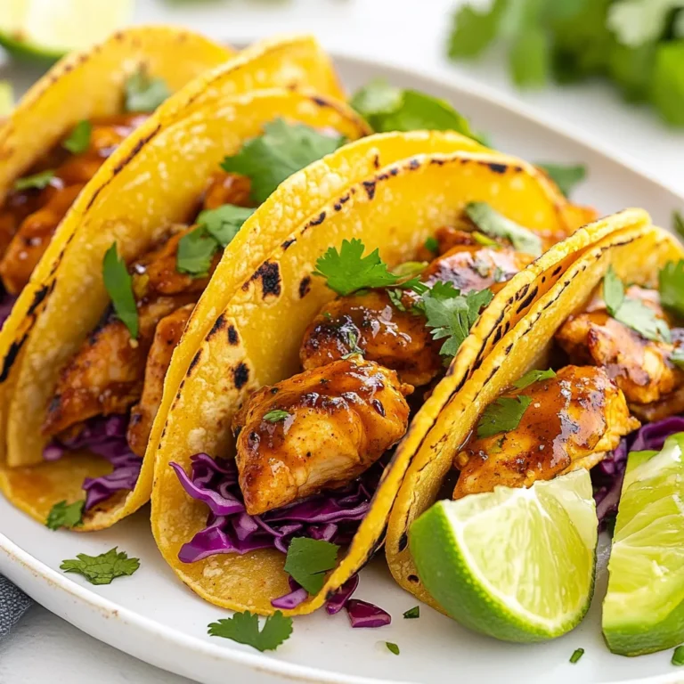 - 1 lb boneless, skinless chicken breast, diced into bite-sized pieces - 2 tablespoons pure honey - 2 tablespoons chipotle peppers in adobo sauce, finely minced - 1 tablespoon extra virgin olive oil - 1 teaspoon garlic powder - 1 teaspoon ground cumin - Salt and freshly ground black pepper, to taste For these tacos, I focus on fresh and simple flavors. The chicken breast is the star. Dicing it into bite-sized pieces makes it easy to cook and eat. Honey adds sweetness, while chipotle peppers bring a smoky heat. Olive oil keeps the chicken juicy. Garlic powder and cumin spice things up with their earthy tones. Don’t forget to season with salt and pepper! - 1 cup red cabbage, finely shredded - 1 ripe avocado, sliced - ½ cup fresh cilantro leaves, roughly chopped - Lime wedges, for serving Toppings make these tacos special. The red cabbage adds a nice crunch and color. Avocado gives creaminess. Fresh cilantro adds a burst of flavor. Lime wedges are a must. The lime juice brightens up the whole dish and balances the sweetness from the honey. - Mixing Bowl - Non-Stick Skillet - Serving Platter Having the right tools makes cooking easier. A mixing bowl helps combine the chicken and marinade well. A non-stick skillet cooks the chicken evenly without sticking. Finally, a serving platter makes your tacos look great when you serve them. This simple setup brings joy to taco night! {{ingredient_image_2}} - Mixing the Ingredients In a medium bowl, add 1 pound of diced chicken. Pour in 2 tablespoons of pure honey and 2 tablespoons of minced chipotle peppers. Add 1 tablespoon of olive oil, 1 teaspoon of garlic powder, and 1 teaspoon of ground cumin. Don’t forget a pinch of salt and pepper. Stir until the chicken is well-coated in the marinade. This mix adds sweet and spicy flavors. - Coating the Chicken Make sure each piece of chicken is covered in the marinade. This step is key for taste. Let it sit for a few minutes. This helps the chicken soak up all the flavors. - Heating the Skillet Heat a large non-stick skillet over medium-high heat. You want it hot before adding the chicken. This step gives a nice sear, adding flavor. - Cooking Time and Techniques Once the skillet is hot, add the marinated chicken. Cook for 7 to 10 minutes, stirring often. Look for the chicken to turn golden brown. This means it’s caramelizing and getting rich flavors. Make sure the chicken is fully cooked, with no pink inside. - Warming the Tortillas While the chicken cooks, grab another skillet. Warm the corn tortillas over low heat. Cook each side for about 30 seconds. This makes them soft and ready to hold the filling. - Achieving the Right Texture You want the tortillas to be pliable, not crispy. This will help them wrap around the chicken and toppings easily. Warming them also enhances their flavor. Adjusting Spice Levels To change the heat in your honey chipotle chicken, add more or less chipotle peppers. If you want it milder, use only one tablespoon of peppers. For more heat, try adding a splash of hot sauce. Enhancing with Additional Ingredients You can boost the flavor by adding pineapple or mango chunks to the chicken mix. These fruits add a sweet touch that pairs well with the spice. Try also adding some diced red onion for a sharper taste. Layering Ingredients for Best Presentation Start with the chicken in each tortilla. Place the red cabbage on top for crunch. Add slices of avocado next. Finish with cilantro for color and flavor. This order keeps each bite balanced and tasty. Creative Presentation Ideas Serve the tacos on a bright platter. Add lime wedges around the tacos for a pop of color. You can also include a small bowl of salsa. Let guests customize their tacos with extra toppings. Best Pans for Even Cooking A large non-stick skillet works best for cooking the chicken. It allows the chicken to brown evenly, giving it a great flavor. If you don’t have a non-stick pan, use cast iron for good heat retention. Recommended Utensils for Assembly Use a spatula to help scoop the chicken into the tortillas. Tongs make it easy to place the avocado slices without squishing them. A spoon is handy for adding toppings like cabbage and cilantro. Pro Tips Marinate for More Flavor: For deeper flavor, let the chicken marinate for at least 30 minutes or up to 2 hours in the refrigerator before cooking. Use Fresh Ingredients: Fresh cilantro and ripe avocados can significantly enhance the taste and texture of your tacos, making them more vibrant and delicious. Warm Tortillas Properly: Always warm your tortillas before assembling tacos. This makes them more pliable and helps prevent tearing. Customize Your Toppings: Feel free to add your favorite toppings like diced tomatoes, jalapeños, or a drizzle of sour cream for added flavor and variety. {{image_4}} Substituting Chicken You can swap chicken with turkey or pork. Both options give a nice flavor. Turkey is lean and cooks fast. Pork adds richness and works well with the honey and chipotle. Vegetarian Alternatives If you want a veggie option, use jackfruit or mushrooms. Jackfruit mimics chicken's texture well. Just marinate and cook it the same way. Mushrooms add a savory depth. Portobello or shiitake work great here. Adding Fruit Elements For a twist, add mango or pineapple. These fruits balance the heat with sweetness. Chop them finely and mix them into the chicken for a fruity kick. Different Spice Combinations You can vary spices too. Try smoked paprika for a deeper flavor. Or add cumin and chili powder for a more complex taste. This keeps the dish exciting and fresh. Colorful Garnishes Garnish your tacos with radishes or pomegranate seeds. These add color and crunch. Fresh lime zest also brightens the dish and enhances the flavors. Serving Styles Serve on a vibrant platter for a festive feel. Arrange tacos in a circle with lime wedges in the middle. You could also offer a taco bar style, letting guests build their own. - Refrigerating Leftovers Place leftover tacos in an airtight container. Store them in the fridge for up to three days. This keeps the chicken juicy and the flavors fresh. - Freezing Tips for Tacos You can freeze the cooked chicken separately from the tortillas. Wrap the chicken in plastic wrap, then place it in a freezer bag. It stays good for about three months. For tortillas, stack them with parchment paper, then seal in a bag. - Best Methods to Reheat Without Drying Out To reheat, use a skillet on low heat. Add a splash of water to create steam. Cover the pan to keep the moisture in. This way, the chicken stays tender. - Tips for Maintaining Texture When reheating tortillas, warm them in a dry skillet for about 20 seconds on each side. This keeps them soft and pliable. Avoid using the microwave, as it can make them tough. The best way to cook chicken for tacos is to use a skillet. Start with medium-high heat. This method gives the chicken a nice sear. It helps develop rich flavors. Cook the chicken until it is no longer pink. This usually takes about 7 to 10 minutes. Stir the chicken often to cook it evenly. You want a slight caramelization for extra taste. Yes, you can prepare the marinated chicken in advance. Marinating enhances the flavor of the chicken. You can marinate it for up to 24 hours. Just keep it in the fridge until you’re ready to cook. This makes it easy to have a quick meal later. Great sides for honey chipotle chicken tacos include: - Mexican rice - Refried beans - Corn salad - Guacamole - Salsa These sides add more flavor and variety to your meal. They also complement the tacos nicely. To make your tacos spicier, you can add more chipotle peppers. You can also use fresh jalapeños or hot sauce. For a different heat, try adding cayenne pepper or chili powder. Adjust the spice to your taste. Just remember to start small and taste as you go. Yes, there are gluten-free options for tortillas. Look for corn tortillas, as they are naturally gluten-free. Many brands offer gluten-free flour tortillas as well. Check the packaging to be sure. This way, everyone can enjoy the tacos without worry. Honey Chipotle Chicken Tacos are easy to make. You’ve learned about key ingredients, tasty toppings, and recommended tools. Marinating and cooking the chicken adds great flavor. We also covered tips to enhance your dish and ways to mix things up. Don’t forget proper storage and reheating for leftovers. Enjoy creating your tacos by trying different proteins and spice levels. With these steps, you can make perfect tacos that impress everyone. Dive in and start cooking!