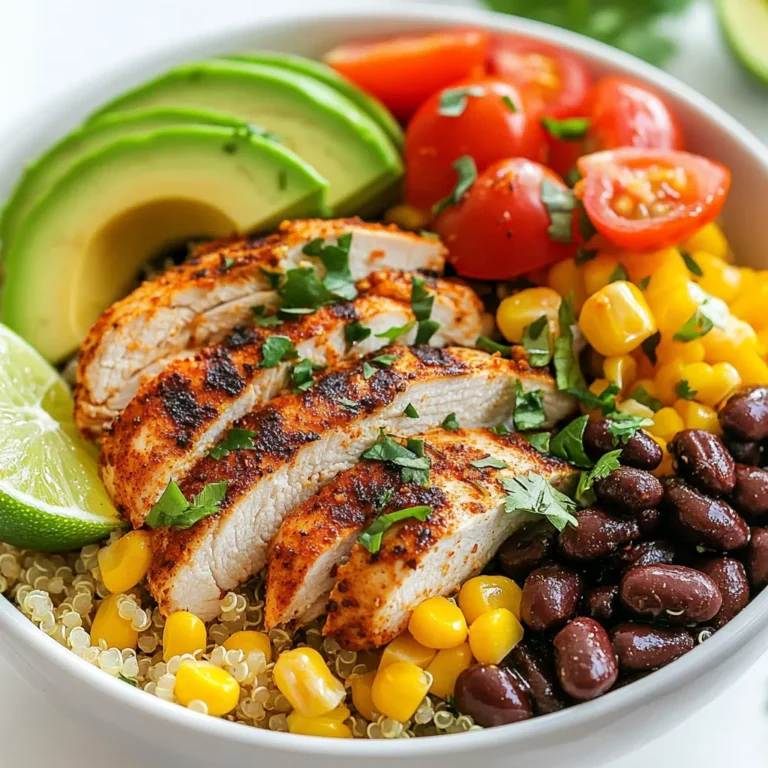 - 2 boneless, skinless chicken breasts - 2 tablespoons Cajun seasoning - 1 tablespoon olive oil - 1 cup quinoa, thoroughly rinsed - 2 cups vegetable broth (or water) - 1 red bell pepper, diced - 1 cup black beans, drained and rinsed - 1 cup corn (fresh or frozen) - 1 ripe avocado, sliced - 1 cup cherry tomatoes, halved - 1/4 cup fresh cilantro, finely chopped - 1 lime, cut into wedges - Salt and pepper to taste For the Cajun Chicken Power Bowl, you need fresh, quality ingredients. The chicken breasts are the stars here. Choose ones that are plump and firm. Cajun seasoning brings the heat and flavor that makes this dish special. I use a good olive oil for cooking. It adds richness and helps the spices stick to the chicken. Quinoa is a great base. It’s packed with protein and gives you a nice texture. Rinse it well to remove its natural coating. This helps it cook better and taste great. The vegetable broth adds depth. You can use water, but broth gives it a richer flavor. Now for the veggies. I love the crunch of red bell pepper. Black beans provide protein and fiber. Corn adds a sweet touch, and I prefer fresh if I can find it. The avocado gives creaminess, while the cherry tomatoes add freshness. The finishing touch is cilantro. It brightens up the bowl. Serve with lime wedges for that zesty kick. Use salt and pepper to season to your taste. Each ingredient plays a role in this flavorful and filling meal. {{ingredient_image_2}} To start, take your chicken breasts and place them in a bowl. Drizzle olive oil over the chicken. Next, sprinkle Cajun seasoning evenly on both sides. Make sure each piece is well coated. Marinate the chicken for at least 15 minutes. This time helps the flavors soak in and makes it taste amazing. In a medium saucepan, combine the rinsed quinoa and vegetable broth. Set the pot over medium heat. Once it boils, turn the heat down low, cover it, and let it simmer. Cook for about 15 minutes. You know the quinoa is done when it looks fluffy and the liquid is gone. Fluff the quinoa gently with a fork to keep it light. Heat a skillet over medium heat. If needed, add a bit more olive oil. Place the marinated chicken breasts in the skillet. Cook each side for about 6-7 minutes. Use a meat thermometer to check that the chicken reaches 165°F (75°C). Once cooked, move the chicken to a cutting board and let it rest for a few minutes before slicing. In the same skillet, add diced red bell pepper, black beans, and corn. Sauté these for about 3-4 minutes. Stir them occasionally until the bell pepper is tender but still crisp. Season with salt and pepper to boost the flavor. This step adds color and texture to your bowl. Grab a large bowl and start with a base layer of fluffy quinoa. Next, layer on the sautéed veggies, sliced Cajun chicken, halved cherry tomatoes, and avocado slices. Arrange everything nicely for a great look. Each layer brings its own color and flavor to the dish. Finish your bowl by sprinkling chopped cilantro on top. Serve with lime wedges on the side. The lime adds a fresh zing when you squeeze it over the bowl. This dish not only looks good but tastes even better, making it a hit for any meal! Marinating chicken makes it taste better. I suggest using olive oil and Cajun seasoning. Let the chicken sit for 15 minutes. This helps the flavors soak in. Before you slice the chicken, let it rest for a few minutes. This keeps the juices inside. If you skip this step, your chicken may end up dry. Rinse quinoa well before cooking. This removes the bitter coating called saponin. Use cold water and a fine mesh strainer for the best results. To enhance quinoa flavor, try cooking it in vegetable broth instead of water. You can also add a pinch of salt or herbs while cooking. For a beautiful bowl, use a large white bowl. This color makes the food pop. Arrange the ingredients in sections for a neat look. Add a few lime wedges around the bowl. This not only looks good but lets guests add fresh juice, enhancing the dish's flavor. Pro Tips Marinate for More Flavor: Let the chicken marinate for at least 30 minutes if you have time. This will infuse the meat with deeper flavors from the Cajun seasoning. Perfectly Fluffy Quinoa: Make sure to rinse the quinoa thoroughly before cooking to remove any bitterness. This step ensures a light and fluffy texture. Customizable Veggies: Feel free to swap in your favorite vegetables. Zucchini, spinach, or even roasted sweet potatoes make great additions to the power bowl. Fresh Lime Juice: Squeezing fresh lime juice over the assembled bowl just before serving adds a refreshing zing that enhances all the flavors. {{image_4}} You can switch the chicken for many other proteins. Try shrimp or fish for a lighter option. Tofu works well if you want a vegetarian choice. Tempeh is another great vegan protein source. It has a nice texture and absorbs flavors well. Quinoa is great, but you can use other grains too. Brown rice or farro adds a hearty touch. Couscous cooks quickly and is very easy to prepare. Just follow the package directions for cooking times. You can also use barley for a nutty flavor. Seasoning can change the whole dish. Try adding smoked paprika for a deeper flavor. You can use garlic powder or onion powder for extra taste. Mix in more veggies like zucchini or spinach for added nutrition. For toppings, consider feta cheese or a dollop of sour cream. To keep your Cajun Chicken Power Bowl fresh, store leftovers in airtight containers. Refrigerate them within two hours of cooking. This will help keep the flavors intact. You can store the chicken, quinoa, and veggies together or separately. If you want to freeze your bowl, let it cool first. Then, pack it in freezer-safe bags or containers. This way, you can enjoy it later. When it’s time to eat, reheating is key for good texture. For the chicken, the best way is in a skillet over medium heat. This keeps the chicken juicy. If you’re reheating quinoa and veggies, use a microwave. Add a splash of water to prevent drying out. Heat in short bursts and stir occasionally. This helps everything warm evenly. Leftovers can stay fresh in the fridge for 3 to 4 days. If frozen, eat within 3 months for the best taste. Watch for signs of spoilage. If you see mold or a strange smell, throw it out. Always trust your senses when checking food freshness. A Cajun Chicken Power Bowl is a hearty dish. It combines seasoned chicken, quinoa, and fresh veggies. This bowl bursts with flavor and color. The Cajun seasoning adds a spicy kick. It’s a perfect balance of protein, grains, and veggies. Yes, you can prepare this dish ahead of time. Cook the chicken and quinoa in advance. Store them in airtight containers in the fridge. You can also chop the veggies earlier. Just add them when you are ready to serve. This recipe is quite healthy. It includes lean chicken, quinoa, and fresh vegetables. Quinoa provides protein and fiber. Beans and veggies add vitamins and minerals. This meal is filling and offers good nutrition. You can easily customize this bowl. If you prefer a different protein, try shrimp or tofu. For grains, use brown rice or farro. Change the vegetables based on your taste. Add cheese or nuts for extra flavor. Serve the bowl with a side salad or steamed veggies. You can also pair it with crusty bread. A refreshing drink like iced tea works well. Try a light beer for a casual meal. This blog post covered all you need to know for a Cajun Chicken Power Bowl. We listed ingredients, detailed cooking steps, and provided storage tips. You can make this meal fresh or ahead of time for easy meals. Remember, you can customize the bowl with different proteins or grains. Enjoy putting your twist on this flavorful dish. With these tips, you’ll create a satisfying meal that looks and tastes great. Dive in and make your Cajun Chicken Power Bowl today!