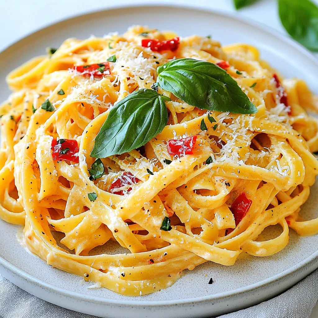 - 2 large red bell peppers - 1 tablespoon olive oil - 3 cloves garlic, finely minced - 1 cup heavy cream - 1 cup freshly grated Parmesan cheese - 1 teaspoon Italian seasoning blend - Salt and freshly cracked black pepper, to taste - 12 ounces fettuccine pasta - Fresh basil leaves, for garnish For this Roasted Red Pepper Alfredo, you need fresh, simple ingredients. The star of the show is the red bell peppers. They give the dish a rich, sweet flavor. Choose large, firm peppers for the best taste. Next, you will need olive oil. This adds a nice depth to the roasted flavor. Garlic is also key here. It brings warmth and aroma to the sauce. Use heavy cream for a smooth and rich sauce. Freshly grated Parmesan cheese is a must. It melts beautifully and gives a lovely salty kick. Don't forget Italian seasoning. It ties all the flavors together. You’ll also need salt and black pepper for seasoning. For the pasta, fettuccine works great. Its wide shape holds the sauce well. Lastly, fresh basil leaves are perfect for a colorful and fragrant garnish. Gather these ingredients, and you're ready to create a creamy pasta delight! {{ingredient_image_2}} Set your oven to 400°F (200°C). This will get it hot enough to roast the peppers. First, wash the red bell peppers under cool water. Cut them in half from top to bottom. Remove the seeds and stems carefully. Place the pepper halves cut-side down on a baking sheet lined with parchment paper. Drizzle one tablespoon of olive oil over the tops of the peppers. Put the baking sheet in the oven. Roast the peppers for 20-25 minutes. You’ll know they are done when the skins blister and blacken. Once finished, take them out and let them cool for a few minutes. When the peppers are cool enough to touch, peel off the blistered skins. Place the soft roasted flesh into a blender. Add three minced garlic cloves. Blend until smooth, then set the mix aside for later. In a large saucepan, pour in one cup of heavy cream. Heat it over medium heat until it simmers. Gradually whisk in the blended roasted red pepper mixture. Keep whisking until everything is smooth and well combined. Increase the heat slightly. Stir in one cup of freshly grated Parmesan cheese and one teaspoon of Italian seasoning. Keep stirring until the cheese melts and the sauce is creamy. Taste it and add salt and freshly cracked black pepper as needed. While the sauce simmers, bring a large pot of salted water to a boil. Add 12 ounces of fettuccine pasta. Cook it according to the package instructions, usually 8-10 minutes. The pasta should be al dente. Drain and set aside a small cup of the pasta water. Add the drained fettuccine directly to the saucepan with the sauce. Toss gently to coat the pasta evenly. If the sauce is too thick, add a splash of the reserved pasta water to reach your desired consistency. Plate the pasta right away. Garnish each serving with fresh basil leaves for a pop of color and flavor. Enjoy your delicious Roasted Red Pepper Alfredo! To enhance the taste of your Roasted Red Pepper Alfredo, consider a few simple tweaks. You can add a pinch of cayenne for heat. A squeeze of lemon juice will brighten the dish. Fresh herbs like thyme or oregano can add depth, too. Always taste your sauce before serving to adjust the salt and pepper. If your sauce is too thick, add a bit of pasta water. Just a tablespoon can make a big difference. For a thicker sauce, let it simmer longer to reduce. If you prefer a creamier texture, whisk in more heavy cream slowly until you reach your desired consistency. Timing is key for perfect pasta and sauce. Cook the fettuccine for 8-10 minutes for al dente. While the pasta cooks, roast your peppers for 20-25 minutes. This way, everything finishes at the same time. Keep an eye on the sauce; it needs about 5-7 minutes to blend well with the cheese. Pro Tips Roasting Technique: To enhance the sweetness of the peppers, ensure they are roasted until the skins are blistered and slightly charred, as this adds depth to the flavor. Cheese Quality: Use freshly grated Parmesan cheese for the best melting properties and a richer flavor compared to pre-grated options. Pasta Water Magic: Don’t forget to reserve some pasta cooking water; it’s starchy and can help adjust the sauce's consistency without diluting the flavor. Basil Freshness: Add fresh basil leaves as a garnish just before serving to retain their vibrant color and aromatic properties. {{image_4}} You can switch up the pasta type in this dish. Fettuccine is great, but other options work too. Try using penne, rigatoni, or even whole wheat pasta. Gluten-free pasta is also a good choice for those with dietary needs. Each type brings a unique texture. Mix it up to find your favorite! Want to make this dish heartier? Add some protein! Grilled chicken is a classic choice. Cook the chicken separately, then slice it and add it to the pasta. Shrimp also pairs well with the creamy sauce. For a vegetarian option, consider chickpeas or tofu. Both add texture and protein without meat. Looking to spice things up? You can add herbs and spices to enhance flavor. Fresh basil is a lovely touch, but you can also try thyme or oregano. For a kick, add red pepper flakes. You can even stir in a splash of lemon juice for brightness. Each addition gives the dish a new twist! After you enjoy your Roasted Red Pepper Alfredo, store leftovers in an airtight container. This keeps the pasta fresh and tasty. You should refrigerate the leftovers within two hours of cooking. They will last for up to three days in the fridge. Before you eat the leftovers, look for any signs of spoilage, like bad smells or mold. If you want to keep your Roasted Red Pepper Alfredo longer, freezing is a great option. To freeze, let the pasta cool completely before packing. Use a freezer-safe container or a zip-top bag. Make sure to squeeze out as much air as possible. This helps prevent freezer burn. The dish can stay fresh in the freezer for up to three months. When you are ready to eat it, just thaw in the fridge overnight. To reheat, I recommend using the stove. Place the pasta in a pan over low heat. Add a splash of water or cream to keep it creamy. Stir often to avoid sticking. If you prefer the microwave, use a microwave-safe bowl. Heat in short bursts of one minute, stirring in between. This way, you won’t lose the nice texture of the sauce. Enjoy your creamy pasta delight! You can use several options in place of heavy cream. Here are some great alternatives: - Half-and-Half: This is a mix of milk and cream. It makes a lighter sauce. - Coconut Milk: This adds a nice flavor and is dairy-free. Use full-fat for a creamy texture. - Greek Yogurt: This gives a tangy taste and thickens the sauce. Mix it with a bit of milk for smoothness. - Silken Tofu: Blend it for a dairy-free option. It provides creaminess without dairy. These substitutes can help you create a tasty sauce that fits your diet. Yes, jarred roasted red peppers are a good choice! Here are some pros and cons: Pros: - They save time since they are already roasted. - They are often very soft and blend easily. - They add a nice flavor without the roasting step. Cons: - They may have added salt or preservatives. - The flavor can be less fresh than homemade. - They might not be as sweet as fresh roasted peppers. Using jarred peppers makes this recipe quicker, but fresh ones can enhance the taste. To add some heat to your Roasted Red Pepper Alfredo, try these ideas: - Red Pepper Flakes: Add a pinch or more to the sauce for instant heat. - Cayenne Pepper: A small dash can make a big difference. - Hot Sauce: Mix in your favorite hot sauce to taste. - Spicy Sausage: Cook some spicy sausage with the garlic for a meaty kick. These options can help you adjust the heat level to your liking. This creamy pasta pairs well with many sides: - Garlic Bread: The crunchy texture contrasts nicely with the creamy pasta. - Caesar Salad: The crispness of the salad balances the rich sauce. - Steamed Vegetables: Broccoli or green beans add color and nutrients. - Caprese Salad: The fresh tomatoes and basil bring brightness to the meal. These sides can enhance your dining experience and make for a well-rounded meal. In this post, we explored making Roasted Red Pepper Alfredo, from ingredients to serving. You learned how to prepare the sauce, cook the pasta, and achieve the best flavor. Remember, feel free to tweak the recipe with your favorite pasta or proteins. Proper storage and reheating will keep your dish fresh and creamy. Enjoy every bite of this tasty meal! Now, get cooking and impress your family or friends with your skills.