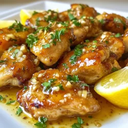 To make garlic butter chicken bites, you need these main ingredients: - 1 pound boneless, skinless chicken breasts, cut into bite-sized pieces - 4 tablespoons unsalted butter - 4 cloves garlic, minced - 1 tablespoon olive oil These ingredients create a tasty base for your dish. The chicken needs to be fresh. Butter adds richness, while garlic gives that great flavor. The spices and seasonings are key to making this dish pop. You will use: - 1 teaspoon smoked paprika - 1 teaspoon onion powder - 1 teaspoon dried thyme - Salt and black pepper to taste These spices work together well. Smoked paprika adds a nice depth. Onion powder and thyme complement the chicken. Garnishing is simple yet important. Use: - 2 tablespoons fresh parsley, finely chopped for garnish - Lemon wedges for squeezing over the dish Fresh parsley adds color and flavor. Lemon juice brightens up the dish. Just squeeze some over the chicken before eating for extra zest. {{ingredient_image_2}} Start by cutting one pound of boneless, skinless chicken breasts into bite-sized pieces. In a large bowl, season the chicken with smoked paprika, onion powder, and dried thyme. Add a good pinch of salt and black pepper. Toss the chicken well until all pieces are coated in the spices. This step makes sure the chicken is flavorful. Next, heat a large skillet over medium-high heat. Pour in one tablespoon of olive oil. When the oil shimmers, add the seasoned chicken pieces in a single layer. Avoid crowding the pan. Cook the chicken for about 5-7 minutes. Use tongs to turn the pieces halfway through. The chicken should be golden brown and fully cooked. Now, lower the heat to medium-low. Move the cooked chicken to one side of the skillet. On the empty side, add four tablespoons of unsalted butter and four minced garlic cloves. Let the butter melt slowly while sautéing the garlic for about 1-2 minutes. Stir occasionally to keep the garlic from burning. Once the garlic is fragrant and golden, mix the chicken into the garlic butter. Let everything simmer together for 1-2 minutes to absorb those rich flavors. To make your chicken bites perfect, start with good-quality chicken. Fresh breasts will taste best. Cut them into even pieces for uniform cooking. Make sure your skillet is hot before adding the chicken. This helps create a nice sear. Cook the chicken in a single layer. Avoid crowding the pan to keep them crispy. Flip them halfway through cooking for even browning. To get the best garlic flavor, use fresh garlic cloves. Mince them finely to release more oils. Add the garlic to the pan only after the chicken is cooked. This keeps the garlic from burning. Saute it in melted butter for a rich, savory taste. Stir it often to ensure even cooking. This method gives you a deep, aromatic garlic flavor. Serve your garlic butter chicken bites hot for the best taste. A sprinkle of fresh parsley adds color and freshness. Pair them with lemon wedges. Squeezing lemon over the chicken brings out the flavors. You can serve them with rice, pasta, or a fresh salad. They also make a great appetizer for parties. Enjoy them with friends and family! Pro Tips Use Fresh Garlic: For the best flavor, always use fresh garlic instead of pre-minced garlic. Freshly minced garlic provides a more robust and aromatic taste. Let Chicken Rest: After cooking, let the chicken rest for a few minutes before serving. This allows the juices to redistribute, making the chicken more tender and flavorful. Experiment with Spices: Don’t hesitate to customize the spice blend! Adding a pinch of cayenne pepper or Italian seasoning can elevate the dish to new flavor heights. Garnish for Color: Always finish your dish with a sprinkle of fresh herbs like parsley or cilantro. It not only adds color but also enhances the final flavor profile. {{image_4}} You can easily swap chicken for other meats. Try using shrimp for a quick meal. Cook the shrimp until they turn pink. You can also use turkey if you want a leaner choice. Just cut it into bite-sized pieces like chicken. Adjust cooking times to ensure everything cooks through. For a vegetarian twist, use mushrooms or tofu. Slice mushrooms into thick pieces and cook until golden. If using tofu, press it first to remove excess water. Then, cut it into cubes and season well. Both options soak up the garlic butter flavor nicely. You can even mix in some veggies like bell peppers or zucchini for added taste. Want to boost the flavor? Add a splash of soy sauce or Worcestershire sauce. This adds a savory kick. You can also toss in crushed red pepper flakes for heat. Fresh herbs like basil or cilantro can brighten the dish. Lastly, experiment with different spices like cumin or curry powder. These tweaks keep your meal exciting and new. To store your garlic butter chicken bites, let them cool down first. Place them in an airtight container. Use parchment paper between layers if you stack them. Store the container in the fridge for up to three days. This keeps the chicken moist and tasty. When you’re ready to eat the leftovers, reheating is easy. You can use the microwave or a skillet. If using a skillet, add a little butter to keep them juicy. Heat on low until warm, stirring gently. If using a microwave, cover the bowl with a lid to keep moisture in. Heat in short bursts, checking often. Freezing is a great way to keep these bites for longer. Place the cooled chicken in a single layer on a baking sheet. Freeze for about an hour until solid. Then, transfer them to a freezer-safe bag or container. Squeeze out any extra air before sealing. They can last up to three months in the freezer. To enjoy, thaw overnight in the fridge and reheat as needed. Yes, you can use chicken thighs. They have more fat, making them juicier. The cooking time may be the same. Just cut them into bite-sized pieces. This change gives you a richer flavor. Many people prefer thighs for their tenderness. To spice up the recipe, add red pepper flakes. Start with a pinch and taste. You can also use hot sauce or spicy paprika. For a stronger kick, try adding jalapeños. Mix these with the chicken before cooking. Adjust the heat level to match your taste. Garlic butter chicken bites pair well with many sides. Consider serving them with rice or pasta. A fresh salad complements the dish nicely. You could also serve them with crusty bread. This helps soak up the tasty garlic butter. Lastly, steamed veggies add a healthy touch. In this article, we explored the key ingredients and detailed steps to make garlic butter chicken bites. We covered cooking tips, variations for different tastes, and how to store your leftovers properly. Garlic butter chicken bites are versatile and easy to make. You can swap proteins or even go vegetarian. Enhance flavors as you like. I hope this guide inspires you to cook and enjoy this delicious dish!