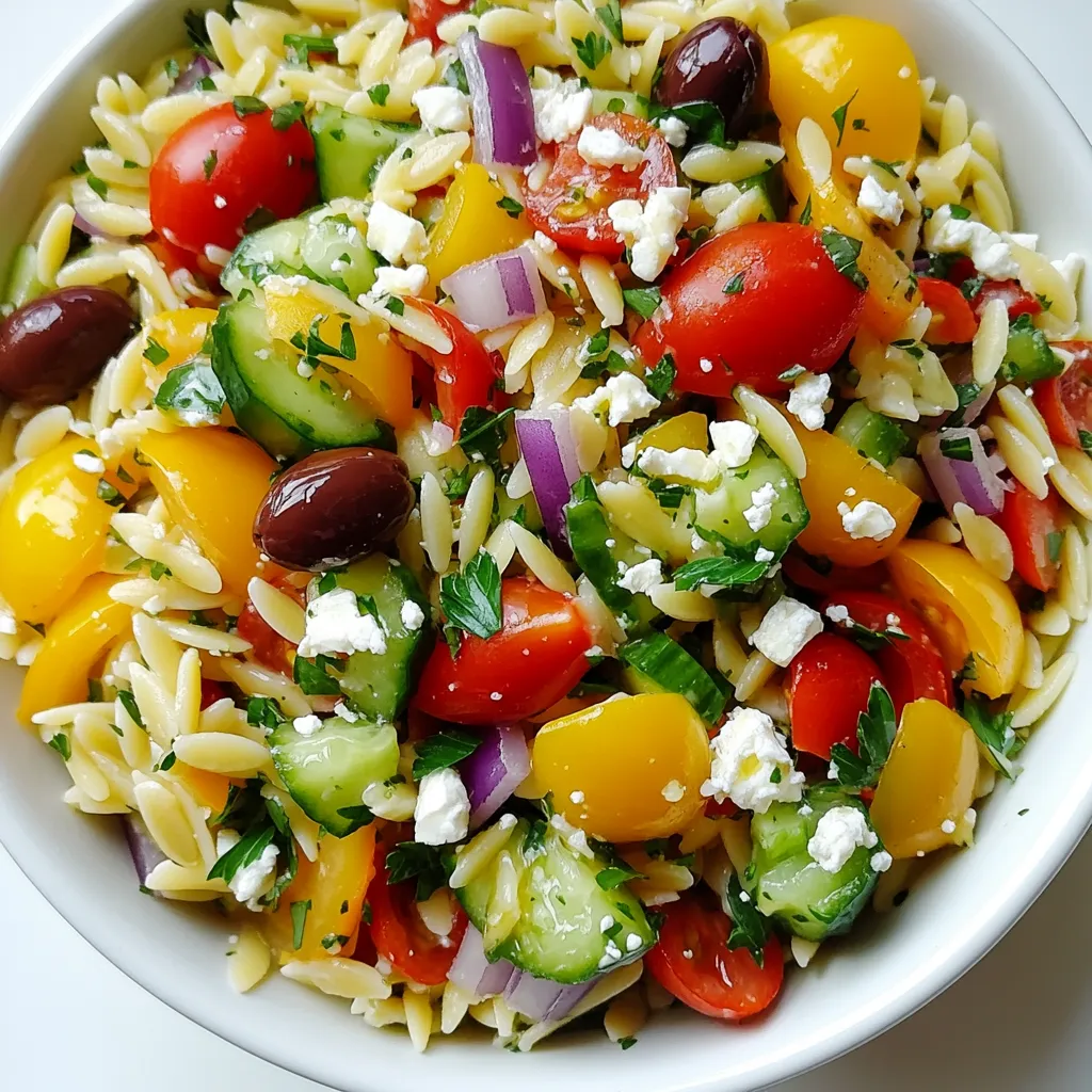 - 1 cup orzo pasta - 1 cup cherry tomatoes, halved - 1 cucumber, diced - 1 bell pepper (red or yellow), diced - 1/2 red onion, finely chopped I love orzo pasta for its fun shape. It cooks quickly and adds a nice bite. Cherry tomatoes burst with flavor, while cucumbers add a cool crunch. Bell peppers bring sweetness, and red onion gives a sharp taste. - 1/2 cup Kalamata olives, pitted and sliced - 1/2 cup feta cheese, crumbled Kalamata olives are salty and rich. They add depth to the salad. Feta cheese provides a creamy texture and tangy flavor. Together, they balance the fresh veggies. - 1/4 cup extra virgin olive oil - 2 tablespoons fresh lemon juice - 1 teaspoon dried oregano - Salt and pepper, to taste The dressing is simple yet bursting with flavor. Extra virgin olive oil offers healthy fats and a fruity taste. Fresh lemon juice brightens the dish, while oregano adds an earthy note. Don’t forget salt and pepper for the perfect finish. {{ingredient_image_2}} - Boiling Water: First, bring 2 cups of water to a boil in a medium pot. Make sure the water is bubbling before adding the orzo. - Cooking Time and Technique: Once the water boils, add 1 cup of orzo pasta. Cook it for about 8 to 10 minutes. You want it to be tender, but still firm. This is called al dente. After cooking, drain the orzo in a colander. Rinse it with cold water to stop the cooking. Set it aside to cool completely. - Chopping Instructions: Take 1 cup of cherry tomatoes and cut them in half. Dice 1 cucumber and 1 bell pepper. For a nice flavor punch, finely chop 1/2 of a red onion. Lastly, slice 1/2 cup of Kalamata olives. - Mixing: In a large bowl, add all the chopped vegetables. Stir them together gently. This helps mix all the flavors evenly. - Incorporating Orzo and Vegetables: Take the cooled orzo and gently fold it into the bowl of vegetables. Be careful not to mash the orzo. Use a spatula to mix everything well. - Preparing the Dressing: In a small bowl, whisk together 1/4 cup of extra virgin olive oil, 2 tablespoons of fresh lemon juice, 1 teaspoon of dried oregano, and a pinch of salt and pepper. Mix until it looks smooth and fragrant. - Tossing the Salad: Drizzle the dressing over the orzo salad. Use a large spoon to toss it all together. Make sure every ingredient is coated in the dressing. - Adding Feta and Garnishing: Gently fold in 1/2 cup of crumbled feta cheese. Be light-handed to keep the feta intact. Taste the salad and add more salt, pepper, or lemon juice if needed. Finally, garnish with freshly chopped parsley for color and taste. Enjoy your Zesty Greek Orzo Salad! Cooking Orzo Al Dente Cook the orzo in boiling water for 8-10 minutes. You want it tender but still firm. This is called al dente. It gives the salad a great bite and texture. Rinsing and Cooling Once cooked, drain the orzo in a colander. Rinse it under cold water. This stops the cooking process. Let it cool completely before adding it to the salad. Adjusting Seasoning Taste the salad after mixing. You can add more salt, pepper, or lemon juice to boost flavor. Adjust to your liking for the best taste. Using Fresh Herbs Fresh herbs can make a big difference. Add chopped parsley or mint for brightness. Fresh herbs enhance the overall flavor and aroma of the dish. Plating Options Serve the salad on a colorful platter. You can also use individual bowls for a nice touch. A beautiful presentation makes the dish even more inviting. Pairing Ideas Pair your orzo salad with grilled chicken or fish. This adds protein and makes it a complete meal. You can also enjoy it as a side dish with any main course. Pro Tips Cook Orzo Al Dente: Ensure you cook the orzo until it's al dente for the best texture in your salad. This prevents it from becoming mushy after mixing with the other ingredients. Chill for Flavor: Allow the salad to chill in the refrigerator for at least 30 minutes before serving. This step helps the flavors meld together, enhancing the overall taste. Use Fresh Ingredients: Opt for fresh vegetables and herbs to elevate the salad's flavor profile. Freshly chopped parsley and ripe tomatoes make a significant difference. Customize Your Dressing: Feel free to adjust the dressing ingredients based on your taste preferences. Adding more lemon juice can provide extra zing, while a hint of honey can balance the acidity. {{image_4}} If you have dietary needs or preferences, you can easily change some ingredients. - Gluten-free Orzo Options: You can find gluten-free orzo made from rice or quinoa. It cooks just like regular orzo, so the swap is easy. - Other Cheese Alternatives: If you cannot have feta, try goat cheese or vegan cheese. Both options add a nice tangy flavor that pairs well with the salad. Want to make the salad even tastier? Here are some great ideas. - Adding Proteins: Chicken or Chickpeas: You can add cooked chicken for a hearty touch. For a vegetarian option, toss in canned chickpeas. Both will boost the protein and make the salad more filling. - Incorporating Different Vegetables: Feel free to mix in other veggies you love. Spinach, artichokes, or olives add great flavor and color. Use what you have on hand for a dish that feels fresh every time. To keep your Zesty Greek Orzo Salad fresh, store it in the fridge. Here are some best practices: - Use airtight containers: This prevents air from spoiling the flavors. - Cover tightly: If using plastic wrap, press it against the food to limit air contact. - Keep it cool: Place it in the coldest part of your fridge, usually at the back. Your salad stays fresh for about 3 to 5 days in the fridge. After this time, the veggies may become soggy. The flavors might also fade. It's best to eat it within the first few days for the best taste and texture. How long does Zesty Greek Orzo Salad last in the fridge? Zesty Greek Orzo Salad lasts about 3 to 5 days in the fridge. Store it in an airtight container. Make sure it is well sealed to keep it fresh. Can I make this salad ahead of time? Yes, you can make this salad ahead of time. It tastes even better after the flavors mix. I suggest you chill it for at least 30 minutes before serving. Is this recipe vegan-friendly? No, this recipe is not vegan-friendly due to the feta cheese. To make it vegan, you can use a plant-based cheese. You can also skip the cheese for a lighter dish. How can I make it more filling? To make Zesty Greek Orzo Salad more filling, add protein. You can include grilled chicken, chickpeas, or even shrimp. This will turn your salad into a complete meal. This blog post explored the fresh ingredients, cooking steps, and storage tips for the Zesty Greek Orzo Salad. You learned how to cook orzo perfectly and mix it with vibrant veggies, olives, and feta. Remember to adjust flavors and use fresh herbs for a tasty boost. Whether you keep it simple or try variations, this salad is sure to impress. Store it well, and enjoy leftovers for days. Try these tips and savor this delicious dish anytime!