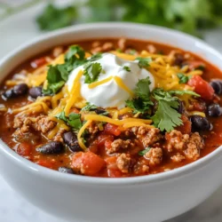 - 1 pound ground turkey - 2 tablespoons chipotle peppers in adobo sauce, finely minced - 1 can (14.5 oz) diced tomatoes with their juices - 1 can (15 oz) black beans, drained and rinsed - 1 can (15 oz) kidney beans, drained and rinsed The main ingredients give this chili its bold flavor. Ground turkey is lean yet hearty. Chipotle peppers in adobo sauce bring a smoky heat. The diced tomatoes add sweetness and juiciness. Black and kidney beans provide texture and protein. - Toppings: sour cream, grated cheese, cilantro - Serving suggestions: crusty bread, tortilla chips You can add toppings for extra flavor. Sour cream adds creaminess. Grated cheese brings richness. Fresh cilantro adds a bright touch. Serve the chili with crusty bread or tortilla chips for a satisfying meal. - Large pot or Dutch oven - Cooking utensils A large pot or Dutch oven works best. You need it to cook the chili evenly. Use basic cooking utensils like a spoon and knife. These tools help you chop and stir with ease. {{ingredient_image_2}} First, gather all your ingredients. Dice one medium onion and one red bell pepper into small pieces. Mince two garlic cloves finely. This helps release their flavors. Next, measure out your spices: one tablespoon of ground cumin, one tablespoon of chili powder, and one teaspoon of smoked paprika. Also, get one teaspoon of salt and half a teaspoon of black pepper ready. Finally, open and rinse the black and kidney beans, making sure they are clean. Grab a large pot or Dutch oven and heat two tablespoons of olive oil over medium heat. Add the diced onion and red bell pepper. Sauté them for about five to seven minutes. Stir often until the onion turns translucent and the veggies soften. Once they are ready, add the minced garlic and cook for one more minute. You want the garlic fragrant but not burnt. Now, raise the heat to medium-high. Add one pound of ground turkey. Use a spoon to break it apart as it cooks. Brown the turkey for about five to six minutes until it is no longer pink. Next, stir in one can of diced tomatoes, chicken broth, the rinsed black beans, the rinsed kidney beans, the minced chipotle peppers, and all your measured spices. Mix everything together well. Bring your chili to a gentle boil. Once it starts bubbling, reduce the heat to low. Let it simmer uncovered for 30 to 40 minutes. Stir it occasionally to stop it from sticking. This time allows the flavors to meld beautifully. Before you serve, taste your chili. Adjust the seasoning if needed. If you want more kick, add more chipotle or spices. Enjoy the rich, smoky flavor! To make your chili extra smoky, add more chipotle peppers. You can also try smoked salt. This brings a rich depth to the dish. If you want more heat, increase the chili powder. A touch more cumin can boost its earthiness too. Sautéing the onion and bell pepper is key. This step builds flavor right at the start. Cook them until soft and sweet. Then, browning the ground turkey adds a nice crust. This locks in juices and flavor. Simmering is just as important. Let your chili bubble gently for 30 to 40 minutes. This helps all the flavors mix well. Stir it often to keep it from sticking to the pot. Taste it before serving. Adjust spices if needed for your perfect bowl. You can serve chili in bowls or even in bread bowls. Both are fun and tasty! Top with fresh cilantro for color. Sour cream and cheese add creaminess and flavor. For sides, try crusty bread or tortilla chips. They add a nice crunch. A simple green salad also works well to balance the meal. Enjoy your chili adventure! Pro Tips Quality Matters: Use fresh ingredients for the best flavor. Fresh spices and ripe vegetables can significantly enhance the taste of your chili. Customize the Heat: Adjust the amount of chipotle peppers according to your heat preference. Start with less if you're unsure, as you can always add more later! Let It Rest: Allowing your chili to sit for a little while after cooking can help the flavors meld together even more, making it taste even better the next day. Garnish Creatively: Elevate your presentation with different garnishes like avocado slices, chopped green onions, or a squeeze of lime for a fresh twist. {{image_4}} To make a vegetarian chili, swap the ground turkey for plant-based protein. You can use: - 1 pound of lentils - 1 pound of textured vegetable protein (TVP) - 1 pound of mushrooms, finely diced For beans, try these options: - Pinto beans - Garbanzo beans - White beans Add veggies like: - Zucchini - Carrots - Corn These swaps create a hearty dish while keeping the flavors bold and rich. Want more heat? You can boost the spice by adding more chipotle peppers or fresh hot peppers. Try: - Jalapeños - Serrano peppers You can also use hotter chili powders, like: - Ancho chili powder - Cayenne pepper Adjust the amount to fit your taste buds. Just remember, it’s easier to add heat than to take it away. Different styles of chili bring unique flavors. Explore these regional influences: - Texas-style often has no beans and focuses on meat and spices. - Mexican-style uses more spices and fresh ingredients like cilantro and lime. You can also incorporate local ingredients. Try adding: - Local beans - Seasonal vegetables These changes can make your chili a true reflection of your region and its flavors. To store leftover chili, let it cool to room temperature first. Then, transfer it to an airtight container. This keeps it fresh and tasty. In the fridge, your chili can last up to 4 days. Always check for any off smells before eating leftovers. For freezing, portion the chili into freezer-safe bags or containers. Squeeze out as much air as you can before sealing. This helps prevent freezer burn. You can freeze it for up to 3 months. When you’re ready to eat, thaw the chili in the fridge overnight. Reheat it on the stove or in the microwave until hot. Making chili ahead is a smart way to save time. You can cook a big batch on the weekend and enjoy it all week. Portion it out into meal containers for easy lunches or dinners. This way, you always have a hearty meal ready to go. Chipotle in adobo sauce is a mix of smoked jalapeño peppers and a rich, tangy sauce. The sauce includes tomatoes, garlic, and spices, adding depth to dishes. You can use it to spice up stews, sauces, and marinades. In this chili, it adds a smoky heat that makes each bite special. Yes, you can use leaner turkey or chicken. However, lean meat may lead to a drier chili. The fat in regular ground turkey helps keep the chili moist and flavorful. If you choose lean meat, consider adding a bit more broth or some olive oil to keep it juicy. There are several ways to thicken your chili. You can let it simmer longer, which helps reduce excess liquid. Adding more beans or vegetables also works well. Another method is to mix in a little cornstarch or flour mixed with water. This adds thickness without changing the flavor. If you prefer, you can mash some beans and stir them in for a creamy texture. This blog post covered everything you need to make a tasty chili. We talked about key ingredients like ground turkey, chipotle peppers, beans, and tomatoes. I shared tips for cooking, enhancing flavor, and serving options. You can even switch things up with vegetarian or spicier variations. Remember to store leftovers properly for future meals. With these pointers, you can create a satisfying dish. Enjoy your chili-making journey and make it your own!