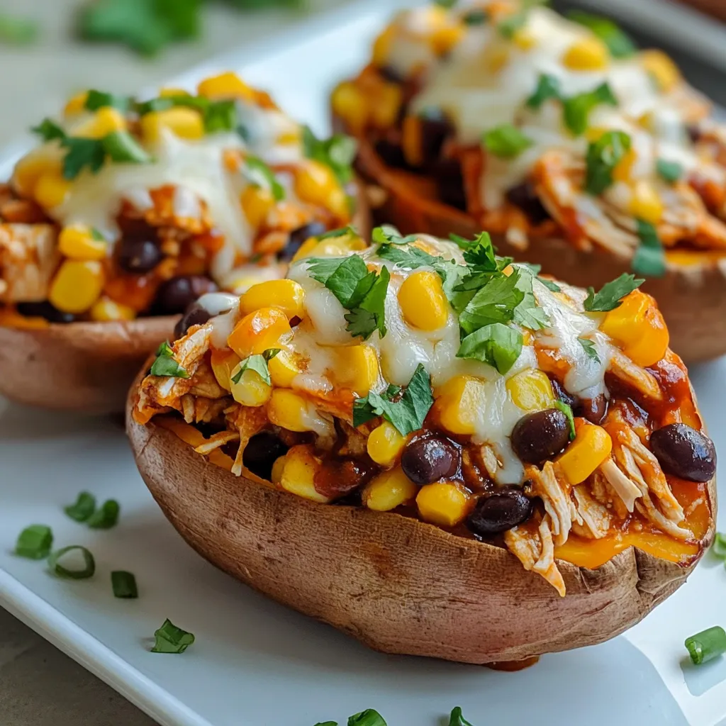 Here are the key ingredients you need for BBQ chicken stuffed sweet potatoes: - 4 medium sweet potatoes - 2 cups cooked shredded chicken - 1 cup BBQ sauce - 1 cup corn - 1 cup black beans - 1 cup shredded cheddar cheese - 1/4 cup green onions - 1/4 cup fresh cilantro - Salt and pepper - Olive oil These ingredients come together to create a dish that is not only tasty but also filling. Sweet potatoes bring a natural sweetness and a creamy texture when baked. Shredded chicken adds protein, while BBQ sauce gives it a smoky and tangy flavor. The corn and black beans add a nice crunch and extra nutrients. You can customize this list to fit your taste. For example, you can choose a BBQ sauce that you love. You can also add more spices or toppings to make it unique. The fresh green onions and cilantro add a bright touch, but they are optional. This dish is versatile, so feel free to mix and match as you like. Enjoy creating a meal that suits your palate! {{ingredient_image_2}} First, set your oven to 400°F (200°C). This step warms the oven, so the sweet potatoes bake perfectly. Wash the sweet potatoes well under cold water. Grab a fork and poke each potato 4-5 times. This lets steam escape. Put them on a baking sheet lined with parchment paper. Drizzle a little olive oil over them and sprinkle with salt. Now, place the baking sheet in the oven. Let the sweet potatoes bake for 45-60 minutes. They should feel soft when you poke them with a fork. The time may change based on their size. While the sweet potatoes bake, take a mixing bowl. Add the shredded chicken and pour in the BBQ sauce. Stir it well. Make sure every piece of chicken gets the sauce. This gives great flavor. In another bowl, mix the corn, rinsed black beans, and half of the shredded cheddar cheese. Add salt and pepper to taste. This mixture will add a nice crunch and flavor. Once the sweet potatoes are done, take them out of the oven. Let them cool for a few minutes. Cut a lengthwise slit on top of each potato. Use a fork to fluff the inside gently. Start by adding the corn and black bean mix into each sweet potato. Then, spoon the BBQ chicken on top. Make sure you spread it evenly. Finally, sprinkle the rest of the cheddar cheese over all the stuffed potatoes. Put the stuffed sweet potatoes back in the oven. Bake for another 10-15 minutes. You want the cheese to melt and bubble. This creates a tasty topping. After the cheese melts, take the sweet potatoes out of the oven. Add sliced green onions and chopped cilantro on top, if you like. Serve warm and enjoy this tasty meal! When picking sweet potatoes, look for firm, smooth skin. Avoid any with bruises or soft spots. The color should be bright and rich. I like to choose medium-sized sweet potatoes. They cook evenly and are easier to stuff. For BBQ sauce, I suggest using well-known brands. Sweet Baby Ray's and Stubbs are great choices. They offer a balance of sweet and tangy flavors. If you prefer a kick, try a spicy BBQ sauce. It adds a nice twist to the dish. Seasoning is key to making your dish pop. I recommend adding salt and pepper to the corn and black bean mix. You can also sprinkle in some garlic powder or chili powder for extra flavor. Fresh herbs like cilantro and green onions brighten the dish. Always taste as you go to find your perfect balance. Pro Tips Choose the Right Sweet Potatoes: Opt for medium-sized sweet potatoes for even cooking and easy stuffing. Larger ones can take longer to bake, while smaller ones might not hold enough filling. Shred Chicken Efficiently: Use a stand mixer with a paddle attachment to shred cooked chicken quickly and effortlessly. Just toss the chicken in and let the mixer do the work! Customize Your BBQ Sauce: Enhance your BBQ sauce by adding a splash of apple cider vinegar or a sprinkle of smoked paprika for a deeper flavor that complements the sweet potatoes beautifully. Serve with a Side Salad: Pair these stuffed sweet potatoes with a fresh side salad to balance the flavors and add a crunchy texture, making your meal even more satisfying. {{image_4}} You can make a tasty vegetarian version of BBQ chicken stuffed sweet potatoes. Replace the chicken with grilled mushrooms or tofu. Use your favorite BBQ sauce to coat the mushrooms or tofu. This keeps the flavor and adds a nice texture. You can also add additional veggies like bell peppers or zucchini for extra color and taste. Want some heat? You can spice up your BBQ chicken. Add chopped jalapeños or a few dashes of hot sauce to the BBQ sauce. You could also use spicy BBQ sauce if you like. This option gives your meal a nice kick while still being delicious. Toppings can make your stuffed sweet potatoes even better. Here are some ideas: - Sliced avocado for creaminess - Crumbled feta or goat cheese for tang - Sour cream or Greek yogurt for coolness - Extra green onions for crunch - Fresh herbs like parsley or cilantro for brightness Feel free to mix and match these toppings. Customizing your dish makes each meal unique and fun! You can store leftover BBQ chicken stuffed sweet potatoes in the fridge. Place them in an airtight container. They will stay fresh for about 3-4 days. Make sure they cool down before you seal the container. This keeps them safe and tasty for later. To reheat your stuffed sweet potatoes, use an oven or microwave. If using the oven, preheat it to 350°F (175°C). Place the sweet potatoes on a baking sheet and cover them with foil. Heat for about 15-20 minutes until warm. In the microwave, heat each potato for 1-2 minutes. Check to see if they are hot enough. You can freeze the stuffed sweet potatoes too! Wrap each one tightly in plastic wrap, then place them in a freezer bag. They can last for up to 3 months in the freezer. When you want to eat them, let them thaw overnight in the fridge. Then, reheat them using the oven or microwave. This is a great way to have a quick meal ready! Yes, you can use other potatoes. Russet or Yukon gold potatoes work well. They may change the taste and texture a bit. Sweet potatoes add a nice sweetness that pairs great with BBQ chicken. Stuffed sweet potatoes can last about 3-5 days in the fridge. Make sure to store them in an airtight container to keep them fresh. When you're ready to eat, just reheat them in the oven or microwave. Absolutely! You can prepare the sweet potatoes and filling ahead of time. Bake the sweet potatoes and mix the filling. Store them separately in the fridge. When you're ready, just stuff and bake them. These stuffed sweet potatoes are filling on their own. You can add a simple salad for some crunch. Grilled veggies or coleslaw also make great sides. They add freshness and balance the meal. To make the BBQ sauce less sweet, use a low-sugar sauce. You can also add vinegar or hot sauce for a tangy kick. Mixing in some mustard can also cut down the sweetness and add more flavor. In this post, I shared a tasty recipe for BBQ chicken stuffed sweet potatoes. We covered ingredients, step-by-step instructions, and helpful tips. You learned ways to adapt the recipe and store leftovers. These sweet potatoes are not just filling; they are fun to make too. Try this dish for a quick meal, or impress your friends with your cooking skills. Enjoy the flavors and the joy of cooking something new!