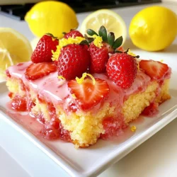 To make a Strawberry Lemonade Sheet Cake, gather these fresh and simple ingredients: - 1 ½ cups all-purpose flour - 1 cup granulated sugar - ½ teaspoon baking powder - ½ teaspoon baking soda - ½ teaspoon salt - ½ cup unsalted butter, softened - 2 large eggs, at room temperature - 1 teaspoon pure vanilla extract - ½ cup buttermilk, at room temperature - ½ cup fresh lemon juice - Zest of 1 medium lemon - 1 cup fresh strawberries, hulled and diced These ingredients create a cake that is soft, moist, and full of flavor. The fresh strawberries add sweetness, while the lemon juice and zest give a bright and zesty taste. When mixed, the batter becomes a vibrant yellow, hinting at the deliciousness to come. The combination of buttermilk and butter makes this cake rich yet light. Each bite feels like summer on your palate. Using room temperature ingredients allows for better mixing. This helps create a delicate crumb. Fresh strawberries not only taste great but also bring a lovely color. Make sure to use ripe and juicy berries for the best results. The balance of sweet and tart flavors in this cake is simply divine. Every ingredient plays a key role, ensuring your cake is a fresh and flavorful delight. {{ingredient_image_2}} Preheat your oven to 350°F (175°C). Take a 9x13 inch baking pan. Grease it lightly with butter or cooking spray. Then, line the bottom with parchment paper. This step helps you remove the cake easily later. In a medium bowl, whisk together 1 ½ cups of all-purpose flour, ½ teaspoon of baking powder, ½ teaspoon of baking soda, and ½ teaspoon of salt. Mix these well to ensure they blend together. Set this mixture aside for now. In a large bowl, add ½ cup of softened unsalted butter and 1 cup of granulated sugar. Use an electric mixer to beat them together. Mix on medium speed until the mixture is fluffy and pale. This should take about 3-4 minutes. Crack 2 large eggs into the bowl, adding them one at a time. Mix well after each egg. Then, pour in 1 teaspoon of pure vanilla extract, ½ cup of fresh lemon juice, and the zest of 1 medium lemon. Stir until everything is well blended. Gradually add the dry mixture to the butter-sugar mix. Alternate this with ½ cup of buttermilk. Start and end with the flour mix. Mix carefully until just combined. Do not overmix to keep the cake light and fluffy. Take 1 cup of hulled and diced fresh strawberries. Gently fold them into the batter using a spatula. Be careful not to break the berries too much. You want them to stay nice and whole. Pour the batter into the greased baking pan. Smooth the top with a spatula. Place the pan in the oven and bake for 25-30 minutes. Check if it’s done by inserting a toothpick in the center. It should come out clean when the cake is ready. Once baked, let the cake cool in the pan for about 10 minutes. After that, move it to a wire rack to cool completely. If you want an extra touch, mix 1 cup of powdered sugar with 2-3 tablespoons of lemon juice. Drizzle this glaze over the cooled cake. Enjoy the burst of flavor! To bake a perfect strawberry lemonade sheet cake, avoid common mistakes. Here are some key tips: - Measure Ingredients Accurately: Use measuring cups and spoons for better results. - Room Temperature Ingredients: Make sure butter, eggs, and buttermilk are at room temperature. This helps them mix well. - Don't Overmix: Stir the batter gently. Overmixing can make the cake tough. - Check Oven Temperature: Always use an oven thermometer. An accurate temperature ensures even baking. - Use Parchment Paper: This makes removing the cake easy and helps prevent sticking. You can add more flavors to your cake for a twist. Here are some suggestions: - Berry Mix: Try using blueberries or raspberries along with strawberries for a berry medley. - Herbs: Fresh mint or basil can add a refreshing taste. - Citrus Zest: Mix in some orange or lime zest to brighten the flavors. - Spices: A hint of cinnamon or nutmeg can add warmth and depth. - Extracts: Almond or coconut extract can give a unique flavor twist. A beautiful presentation makes the cake even more inviting. Here are some ideas: - Slice Neatly: Cut the cake into even squares for a tidy look. - Garnish: Top each slice with a fresh strawberry and a twist of lemon zest. - Platter Choice: Serve on a colorful platter to make the cake pop. - Glaze Drizzle: Drizzle the optional lemon glaze over the cake right before serving. - Fresh Herbs: Add a sprig of mint on the side for a touch of color. Pro Tips Use Room Temperature Ingredients: Ensure that your butter, eggs, and buttermilk are at room temperature. This helps the ingredients to mix more evenly, resulting in a lighter cake texture. Don’t Overmix: When combining the wet and dry ingredients, mix just until incorporated. Overmixing can lead to a dense cake by developing the gluten in the flour. Fresh Strawberries: Use fresh strawberries and chop them just before adding to the batter. This helps maintain their flavor and texture in the cake. Adjust Baking Time: Keep an eye on your cake as it bakes; ovens can vary. Check for doneness a few minutes before the recommended time by inserting a toothpick and ensuring it comes out clean. {{image_4}} You can switch out strawberries for other fruits. Blueberries work well. Their sweet flavor pairs nicely with lemon. Raspberries add a tart twist. Peaches bring a juicy touch, while pineapple gives a tropical flair. Feel free to mix and match for fun flavors. Just cut the fruit into small pieces, like you do with strawberries. To make a gluten-free version, swap the all-purpose flour for a gluten-free blend. Look for a blend that has xanthan gum. This helps keep the cake light and fluffy. You can find these blends at most grocery stores. Follow the same steps in the recipe. Your cake will taste just as good without gluten. For a vegan Strawberry Lemonade Sheet Cake, you can replace eggs with applesauce or flaxseed meal. Use 1/4 cup of applesauce for each egg. Mix 1 tablespoon of flaxseed meal with 2.5 tablespoons of water for a similar effect. Replace buttermilk with almond milk and add a splash of lemon juice. This will help mimic the tangy taste. Your cake will still be light and moist! To keep your Strawberry Lemonade Sheet Cake fresh, store it in the fridge. First, let the cake cool completely. Then, cover it with plastic wrap or place it in an airtight container. This prevents it from drying out. The cake will stay good in the fridge for about 3 to 4 days. If you added the glaze, it’s best to store the cake without it to avoid sogginess. If you want to enjoy this cake later, freezing is a great option. Cut the cake into squares for easy servings. Wrap each piece tightly in plastic wrap. Then, place the wrapped pieces in a freezer-safe bag. This method helps keep the cake fresh for up to 3 months. When ready to eat, thaw it in the fridge overnight. To revive your leftover cake, you can reheat it gently. Preheat your oven to 300°F (150°C). Place the cake on a baking sheet and warm it for about 10 minutes. This step makes the cake soft and tasty again. If you want to refresh the flavor, drizzle a bit more lemon juice over it or add fresh strawberries on top. Enjoy your delicious leftovers! Yes, you can use frozen strawberries, but they change the cake's texture. Frozen berries have more water than fresh ones. This extra moisture can make the cake soggy. If you use frozen strawberries, thaw and drain them first. Pat them dry with a paper towel to remove excess water. This way, your cake stays light and fluffy. The cake stays fresh for about 3 to 5 days at room temperature. Keep it covered with plastic wrap or in an airtight container. Signs of spoilage include a dry texture or an off smell. If you see any mold, discard the cake immediately. For the best taste, enjoy it within the first few days. Yes, you can make the cake a day ahead. Bake and cool it completely first. Wrap it in plastic wrap or foil to keep it fresh. You can store it at room temperature or in the fridge for extra freshness. If you plan to serve it later, add the glaze just before serving to keep it nice and bright. Serve the cake at room temperature for the best flavor. Cut it into squares and place them on a colorful platter. For fun, garnish each piece with a fresh strawberry and a twist of lemon zest. Pair it with a scoop of vanilla ice cream or a dollop of whipped cream for added delight. This makes for a refreshing treat on a warm day. You learned how to make a delicious Strawberry Lemonade Sheet Cake. We discussed the key ingredients, from fresh strawberries to tangy lemon juice. I shared step-by-step instructions to help you bake it perfectly. Tips and variations make this cake fun for everyone. I hope you feel inspired to try this recipe. Enjoy your baking adventure and share this treat with loved ones.