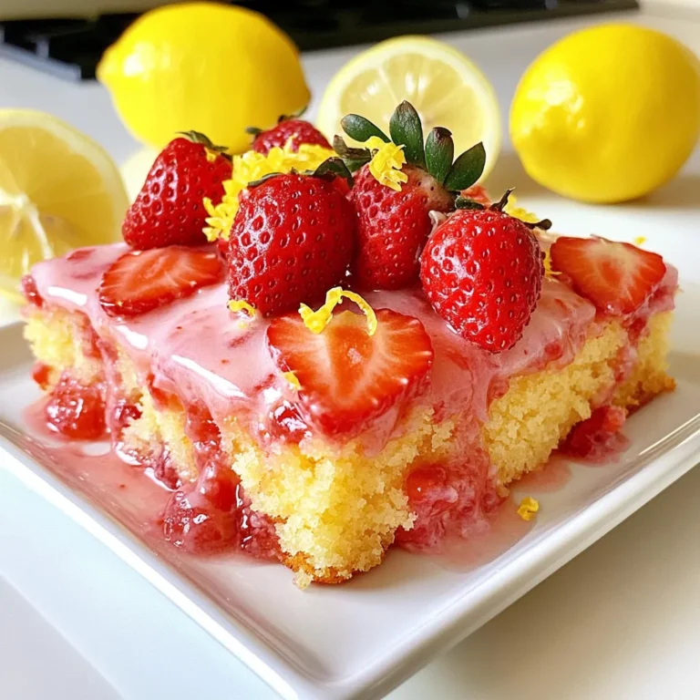 To make a Strawberry Lemonade Sheet Cake, gather these fresh and simple ingredients: - 1 ½ cups all-purpose flour - 1 cup granulated sugar - ½ teaspoon baking powder - ½ teaspoon baking soda - ½ teaspoon salt - ½ cup unsalted butter, softened - 2 large eggs, at room temperature - 1 teaspoon pure vanilla extract - ½ cup buttermilk, at room temperature - ½ cup fresh lemon juice - Zest of 1 medium lemon - 1 cup fresh strawberries, hulled and diced These ingredients create a cake that is soft, moist, and full of flavor. The fresh strawberries add sweetness, while the lemon juice and zest give a bright and zesty taste. When mixed, the batter becomes a vibrant yellow, hinting at the deliciousness to come. The combination of buttermilk and butter makes this cake rich yet light. Each bite feels like summer on your palate. Using room temperature ingredients allows for better mixing. This helps create a delicate crumb. Fresh strawberries not only taste great but also bring a lovely color. Make sure to use ripe and juicy berries for the best results. The balance of sweet and tart flavors in this cake is simply divine. Every ingredient plays a key role, ensuring your cake is a fresh and flavorful delight. {{ingredient_image_2}} Preheat your oven to 350°F (175°C). Take a 9x13 inch baking pan. Grease it lightly with butter or cooking spray. Then, line the bottom with parchment paper. This step helps you remove the cake easily later. In a medium bowl, whisk together 1 ½ cups of all-purpose flour, ½ teaspoon of baking powder, ½ teaspoon of baking soda, and ½ teaspoon of salt. Mix these well to ensure they blend together. Set this mixture aside for now. In a large bowl, add ½ cup of softened unsalted butter and 1 cup of granulated sugar. Use an electric mixer to beat them together. Mix on medium speed until the mixture is fluffy and pale. This should take about 3-4 minutes. Crack 2 large eggs into the bowl, adding them one at a time. Mix well after each egg. Then, pour in 1 teaspoon of pure vanilla extract, ½ cup of fresh lemon juice, and the zest of 1 medium lemon. Stir until everything is well blended. Gradually add the dry mixture to the butter-sugar mix. Alternate this with ½ cup of buttermilk. Start and end with the flour mix. Mix carefully until just combined. Do not overmix to keep the cake light and fluffy. Take 1 cup of hulled and diced fresh strawberries. Gently fold them into the batter using a spatula. Be careful not to break the berries too much. You want them to stay nice and whole. Pour the batter into the greased baking pan. Smooth the top with a spatula. Place the pan in the oven and bake for 25-30 minutes. Check if it’s done by inserting a toothpick in the center. It should come out clean when the cake is ready. Once baked, let the cake cool in the pan for about 10 minutes. After that, move it to a wire rack to cool completely. If you want an extra touch, mix 1 cup of powdered sugar with 2-3 tablespoons of lemon juice. Drizzle this glaze over the cooled cake. Enjoy the burst of flavor! To bake a perfect strawberry lemonade sheet cake, avoid common mistakes. Here are some key tips: - Measure Ingredients Accurately: Use measuring cups and spoons for better results. - Room Temperature Ingredients: Make sure butter, eggs, and buttermilk are at room temperature. This helps them mix well. - Don't Overmix: Stir the batter gently. Overmixing can make the cake tough. - Check Oven Temperature: Always use an oven thermometer. An accurate temperature ensures even baking. - Use Parchment Paper: This makes removing the cake easy and helps prevent sticking. You can add more flavors to your cake for a twist. Here are some suggestions: - Berry Mix: Try using blueberries or raspberries along with strawberries for a berry medley. - Herbs: Fresh mint or basil can add a refreshing taste. - Citrus Zest: Mix in some orange or lime zest to brighten the flavors. - Spices: A hint of cinnamon or nutmeg can add warmth and depth. - Extracts: Almond or coconut extract can give a unique flavor twist. A beautiful presentation makes the cake even more inviting. Here are some ideas: - Slice Neatly: Cut the cake into even squares for a tidy look. - Garnish: Top each slice with a fresh strawberry and a twist of lemon zest. - Platter Choice: Serve on a colorful platter to make the cake pop. - Glaze Drizzle: Drizzle the optional lemon glaze over the cake right before serving. - Fresh Herbs: Add a sprig of mint on the side for a touch of color. Pro Tips Use Room Temperature Ingredients: Ensure that your butter, eggs, and buttermilk are at room temperature. This helps the ingredients to mix more evenly, resulting in a lighter cake texture. Don’t Overmix: When combining the wet and dry ingredients, mix just until incorporated. Overmixing can lead to a dense cake by developing the gluten in the flour. Fresh Strawberries: Use fresh strawberries and chop them just before adding to the batter. This helps maintain their flavor and texture in the cake. Adjust Baking Time: Keep an eye on your cake as it bakes; ovens can vary. Check for doneness a few minutes before the recommended time by inserting a toothpick and ensuring it comes out clean. {{image_4}} You can switch out strawberries for other fruits. Blueberries work well. Their sweet flavor pairs nicely with lemon. Raspberries add a tart twist. Peaches bring a juicy touch, while pineapple gives a tropical flair. Feel free to mix and match for fun flavors. Just cut the fruit into small pieces, like you do with strawberries. To make a gluten-free version, swap the all-purpose flour for a gluten-free blend. Look for a blend that has xanthan gum. This helps keep the cake light and fluffy. You can find these blends at most grocery stores. Follow the same steps in the recipe. Your cake will taste just as good without gluten. For a vegan Strawberry Lemonade Sheet Cake, you can replace eggs with applesauce or flaxseed meal. Use 1/4 cup of applesauce for each egg. Mix 1 tablespoon of flaxseed meal with 2.5 tablespoons of water for a similar effect. Replace buttermilk with almond milk and add a splash of lemon juice. This will help mimic the tangy taste. Your cake will still be light and moist! To keep your Strawberry Lemonade Sheet Cake fresh, store it in the fridge. First, let the cake cool completely. Then, cover it with plastic wrap or place it in an airtight container. This prevents it from drying out. The cake will stay good in the fridge for about 3 to 4 days. If you added the glaze, it’s best to store the cake without it to avoid sogginess. If you want to enjoy this cake later, freezing is a great option. Cut the cake into squares for easy servings. Wrap each piece tightly in plastic wrap. Then, place the wrapped pieces in a freezer-safe bag. This method helps keep the cake fresh for up to 3 months. When ready to eat, thaw it in the fridge overnight. To revive your leftover cake, you can reheat it gently. Preheat your oven to 300°F (150°C). Place the cake on a baking sheet and warm it for about 10 minutes. This step makes the cake soft and tasty again. If you want to refresh the flavor, drizzle a bit more lemon juice over it or add fresh strawberries on top. Enjoy your delicious leftovers! Yes, you can use frozen strawberries, but they change the cake's texture. Frozen berries have more water than fresh ones. This extra moisture can make the cake soggy. If you use frozen strawberries, thaw and drain them first. Pat them dry with a paper towel to remove excess water. This way, your cake stays light and fluffy. The cake stays fresh for about 3 to 5 days at room temperature. Keep it covered with plastic wrap or in an airtight container. Signs of spoilage include a dry texture or an off smell. If you see any mold, discard the cake immediately. For the best taste, enjoy it within the first few days. Yes, you can make the cake a day ahead. Bake and cool it completely first. Wrap it in plastic wrap or foil to keep it fresh. You can store it at room temperature or in the fridge for extra freshness. If you plan to serve it later, add the glaze just before serving to keep it nice and bright. Serve the cake at room temperature for the best flavor. Cut it into squares and place them on a colorful platter. For fun, garnish each piece with a fresh strawberry and a twist of lemon zest. Pair it with a scoop of vanilla ice cream or a dollop of whipped cream for added delight. This makes for a refreshing treat on a warm day. You learned how to make a delicious Strawberry Lemonade Sheet Cake. We discussed the key ingredients, from fresh strawberries to tangy lemon juice. I shared step-by-step instructions to help you bake it perfectly. Tips and variations make this cake fun for everyone. I hope you feel inspired to try this recipe. Enjoy your baking adventure and share this treat with loved ones.