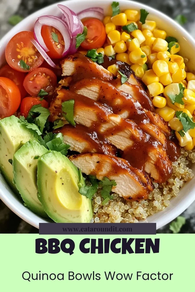 Savor the deliciousness of BBQ Chicken Quinoa Bowls, a healthy BBQ chicken recipe that's perfect for meal prep! These flavorful quinoa bowl recipes are packed with grilled chicken, fresh veggies, and a tangy BBQ sauce. Ideal for an easy quinoa meal prep, this dish is not only nutritious but also visually appealing. Try it today and elevate your weeknight dinners! Save this recipe for later! #BBQChickenQuinoaBowls #HealthyRecipes #QuinoaMealPrep #GrilledChickenSalad