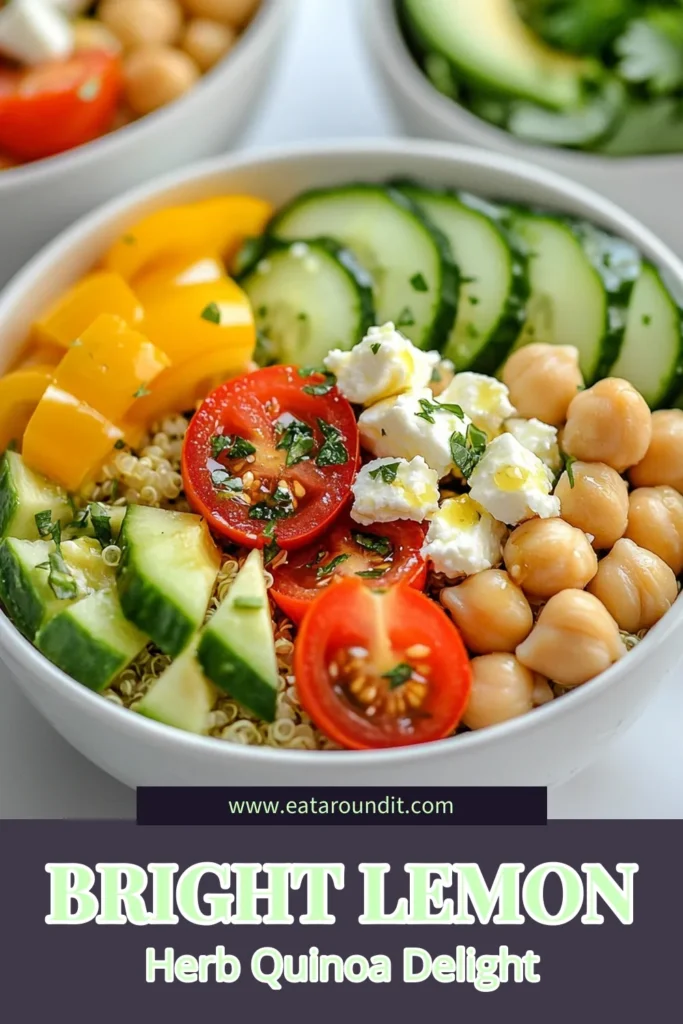 Discover the vibrant flavors of Zesty Lemon Herb Quinoa with this easy Quinoa Bowl Recipe. Packed with fresh veggies and chickpeas, this Healthy Quinoa Salad offers a refreshing taste that’s perfect for lunch or dinner. It's a delightful Mediterranean Quinoa Bowl that’s completely vegan! Elevate your meal prep and impress your guests with this delicious Vegan Quinoa Recipe. Try it today and save it for your next meal! #QuinoaBowl #HealthyEating #VeganRecipes #MealPrepIdeas