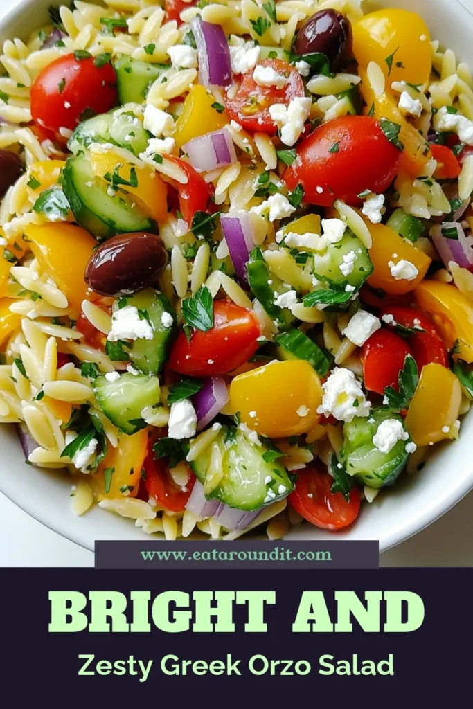 Refresh your meals with this Zesty Greek Orzo Salad, the perfect Mediterranean pasta salad that’s bursting with flavor. This healthy Greek salad features orzo pasta, fresh veggies, and tangy feta cheese for a delightful and nutritious dish everyone's sure to love. Perfect for potlucks or a quick lunch, this zesty orzo recipe is a must-try! Save the recipe and bring a taste of Greece to your table! #GreekOrzoSalad #ZestyOrzoRecipe #FetaCheeseSalad #MediterraneanPastaSalad