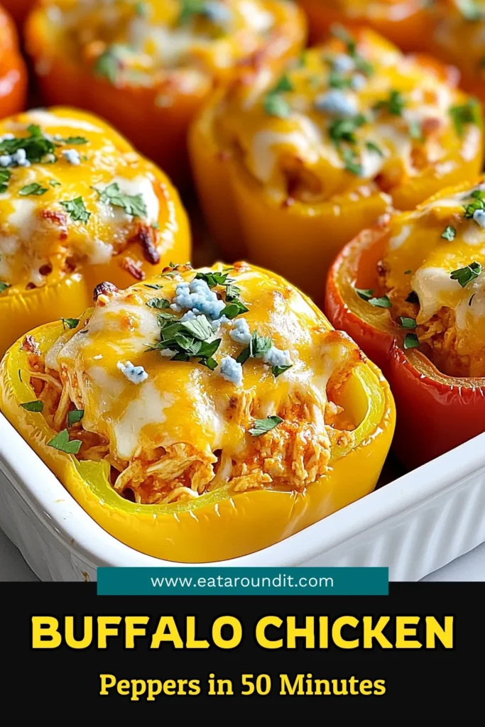 Discover a tasty twist on dinner with these Buffalo Chicken Stuffed Peppers! This stuffed bell peppers recipe is perfect for anyone craving a spicy buffalo chicken flavor while keeping it healthy. Made with shredded chicken and topped with melted cheese, this chicken and pepper casserole is a crowd-pleaser. Try this easy and delicious spicy buffalo chicken recipe today! Save for later! #buffalochicken #stuffedpeppers #healthyrecipes #dinnerideas
