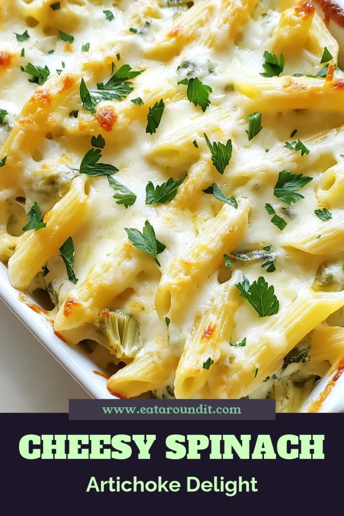 Looking for a delicious vegetarian option? Try this creamy spinach artichoke pasta bake! This easy spinach artichoke dish features a rich blend of cream cheese, artichokes, and fresh spinach, all baked to perfection. Perfect as a comforting meal or a crowd-pleasing casserole. Enjoy this flavorful baked pasta with artichokes that your family will love. Save this creamy pasta bake recipe for your next dinner night! #PastaBake #VegetarianRecipe #QuickMeals #ComfortFood