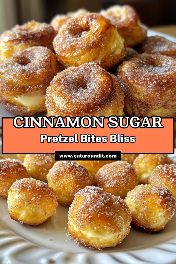 Discover the irresistible delight of cinnamon sugar pretzel bites with this easy homemade pretzel bites recipe. These soft pretzel bites with cinnamon are quick to make and perfect for any occasion. Enjoy the warm, fluffy texture and sweet cinnamon sugar coating that will have everyone coming back for more. Try making these baking soda pretzel bites today and elevate your snacking game! Save this recipe now! #CinnamonSugarPretzelBites #EasyPretzelBites #HomemadePretzelBites #BakingSodaPretzelBites