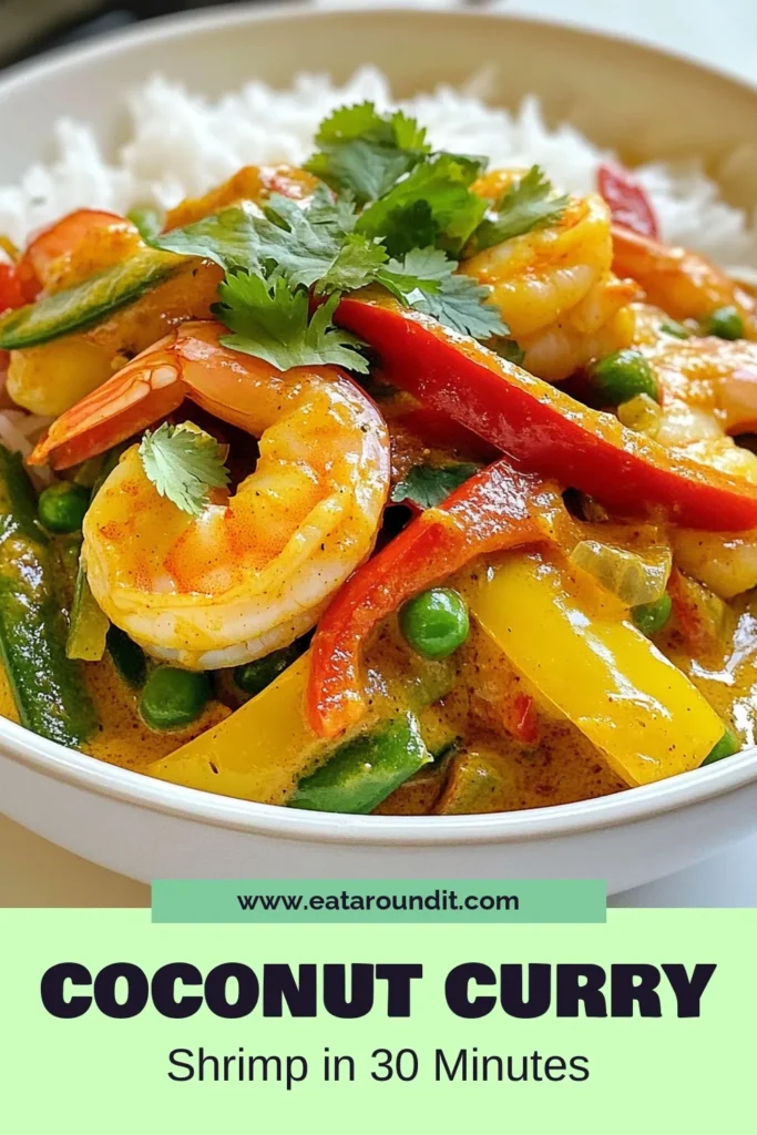 Looking for a quick dinner that's bursting with flavor? Try this Coconut Curry Shrimp recipe! Simple to make, you’ll love this easy shrimp curry that's rich and creamy with Thai coconut curry flavors. Packed with shrimp and vibrant vegetables, it's a perfect weeknight meal. Ready in just 30 minutes, this shrimp and vegetable curry is sure to impress. Save this recipe for your next quick dinner! #CoconutCurry #ShrimpRecipe #EasyDinner #ThaiCuisine