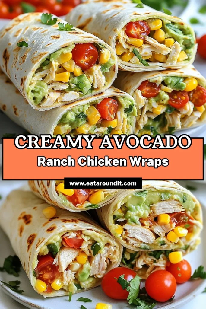 Looking for a delicious and easy chicken wrap recipe? Try these Avocado Ranch Chicken Wraps! Packed with creamy avocado, tender shredded chicken, and zesty ranch dressing, these healthy wraps with avocado are perfect for lunch or a quick dinner. Ready in just 15 minutes, these Ranch Dressing Chicken Wraps will delight your taste buds! Don’t forget to save this recipe for your next meal! #ChickenWrapRecipe #HealthyWrapsWithAvocado #EasyChickenTortillaWraps #AvocadoRanchChickenWraps