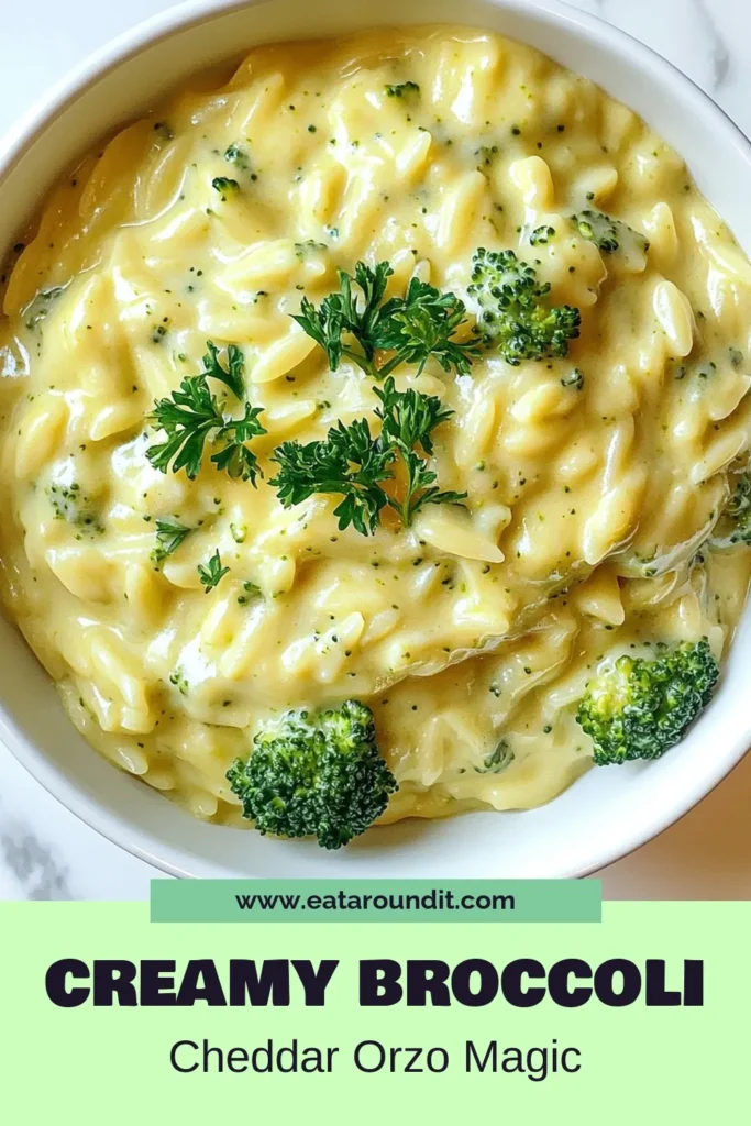 Indulge in this creamy and delicious Broccoli Cheddar Orzo! This easy comfort food recipe combines tender orzo pasta and fresh broccoli with a rich cheddar cheese sauce, making it perfect for quick vegetarian dishes. In just 30 minutes, you can serve up this delightful Broccoli Cheddar Pasta that everyone will love. Try this Creamy Broccoli Cheddar Orzo today and enjoy a burst of flavors! #OrzoPastaRecipes #EasyComfortFood #QuickVegetarianDishes #BroccoliCheddarPasta