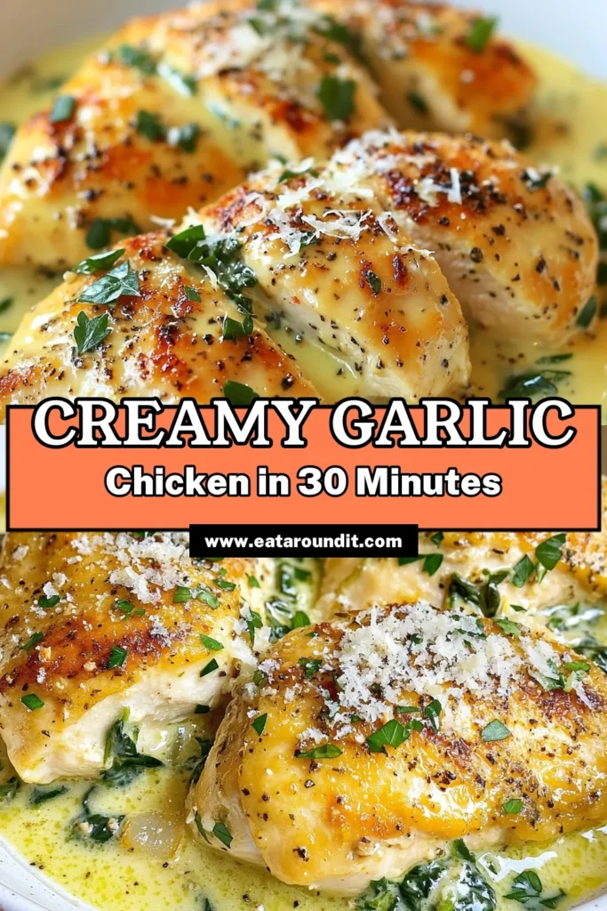 Discover this delicious creamy garlic herb chicken recipe that will transform your weeknight dinners! With tender chicken breasts simmered in a rich garlic and herb sauce, this easy chicken dinner is perfect for busy nights. This Parmesan chicken recipe, featuring garlic chicken with spinach, is not only flavorful but also quick to prepare. Give it a try and elevate your dinner game today! #CreamyGarlicHerbChicken #EasyChickenDinner #ParmesanChickenRecipe #GarlicChickenWithSpinach