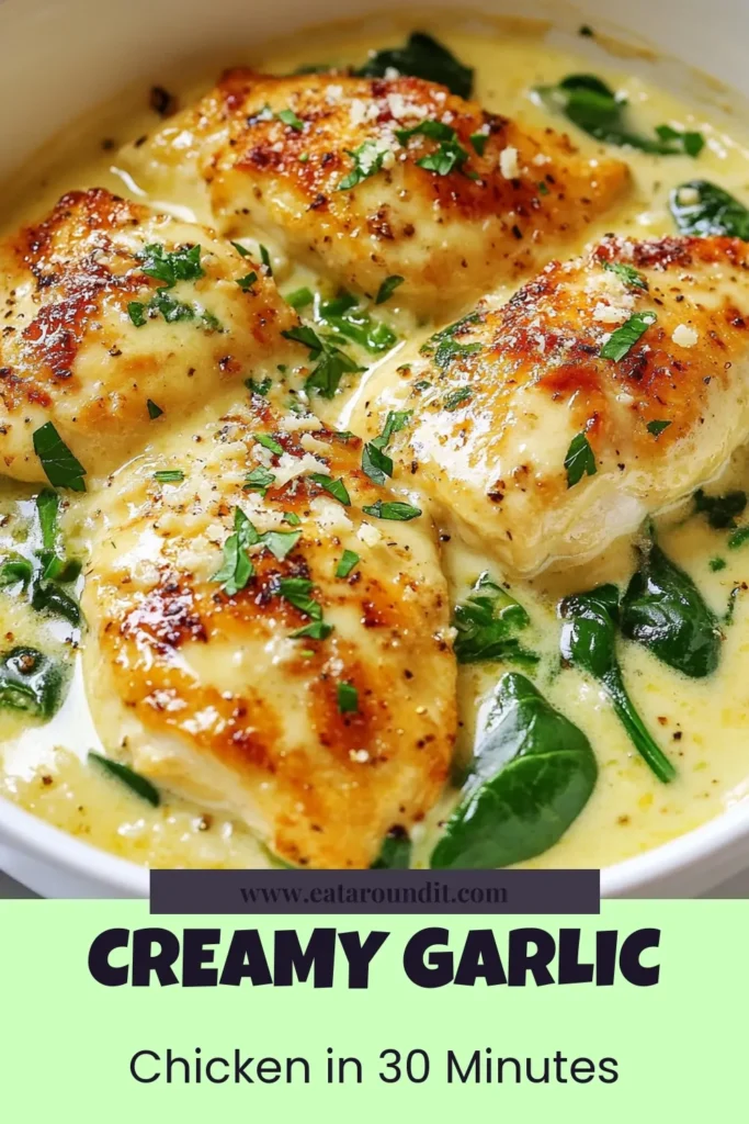 Indulge in this Creamy Garlic Parmesan Chicken Skillet, the ultimate one-pan chicken dinner that’s both delicious and easy to make! This Easy Garlic Chicken Recipe features tender chicken breasts in a rich sauce made with heavy cream, Parmesan cheese, and fresh spinach. Perfect for a weeknight meal or a special occasion, this Parmesan Chicken with Spinach will surely impress. Save this Chicken Skillet Recipe for your next dinner idea! #CreamyGarlicParmesanChicken #OnePanDinner #EasyChickenRecipe #ChickenSkillet