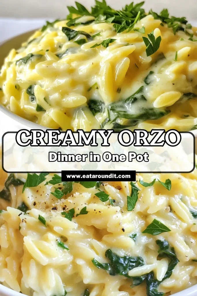 Indulge in this creamy orzo recipe featuring one-pot Alfredo pasta that’s perfect for busy weeknights. With fresh spinach and Parmesan, this quick creamy pasta meal is a breeze to make. Perfect for meal prep or a last-minute dinner, enjoy easy orzo dishes that delight your taste buds. Get the full recipe for this flavorful Spinach Parmesan orzo and save it for later! #OnePotMeals #EasyPasta #OrzoRecipes #CreamyPastaMeals