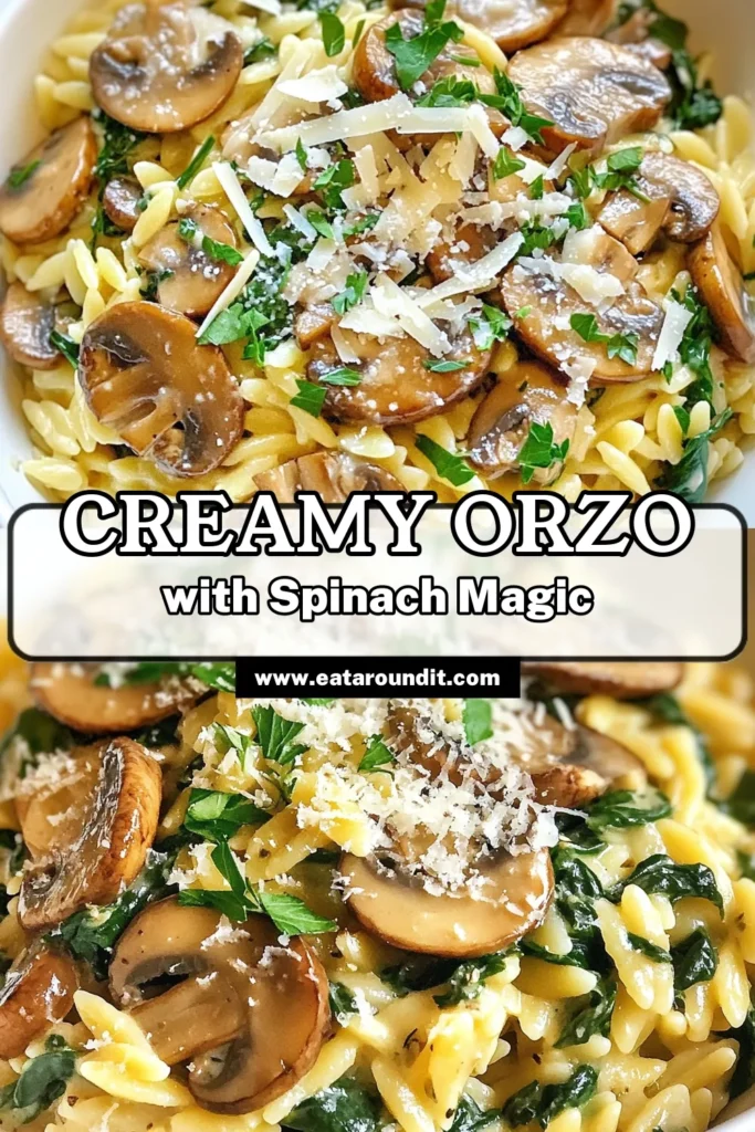 Discover this easy creamy orzo with our creamy mushroom orzo recipe! This vegetarian orzo recipe combines tender orzo pasta with vibrant spinach and rich mushrooms for a delicious spinach orzo pasta dish. Perfect for a quick weeknight meal, this mushroom spinach pasta recipe is sure to impress. Get ready to savor every bite! Save this recipe for your next cooking adventure! #CreamyMushroomOrzo #VegetarianRecipes #EasyPasta #OrzoRecipes