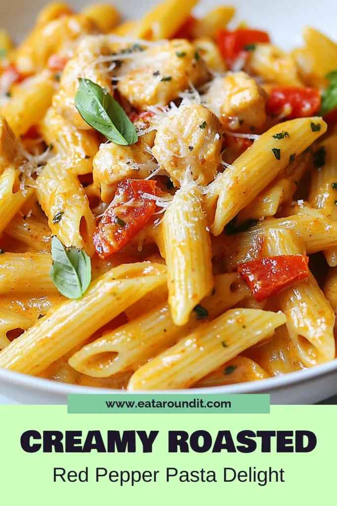 Discover the delightful flavors of Roasted Red Pepper Chicken Pasta, a creamy chicken penne recipe that's perfect for a quick chicken pasta dinner! This easy weeknight pasta recipe combines tender chicken and Italian pasta with roasted peppers in a luscious sauce. Ready in just 30 minutes, it's a must-try. Save this recipe for your next meal and impress your family with a delicious homemade dish! #PastaRecipe #ChickenDinner #EasyRecipes #ItalianCuisine