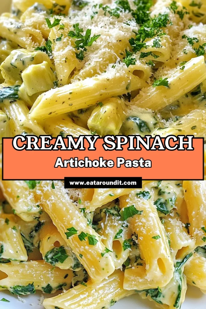 Discover the ultimate comfort food with this Spinach Artichoke Pasta recipe! This creamy spinach pasta recipe combines fresh spinach and artichokes in a delicious one-pot dish, perfect for busy weeknights. Enjoy an easy pasta with spinach and artichokes that's vegetarian-friendly and bursting with flavor. Don't miss out on this delectable meal—pin it now for later! #SpinachArtichokePasta #CreamyPasta #VegetarianRecipes #OnePotMeals