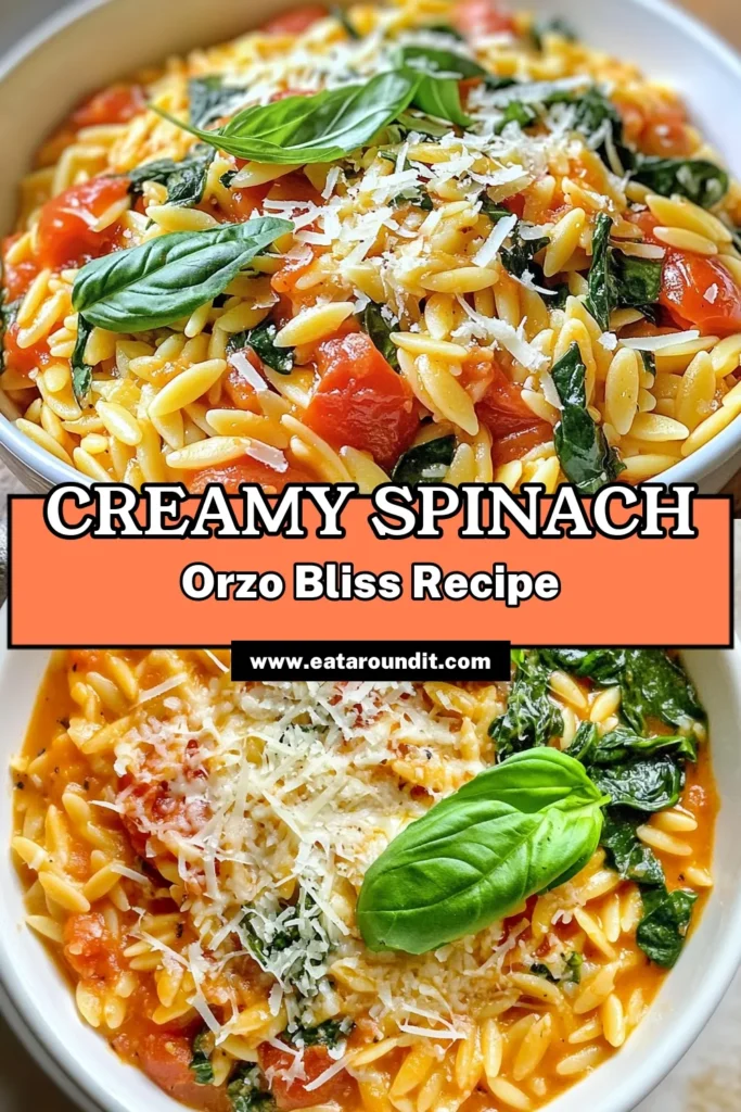 Savor the goodness of this creamy tomato spinach orzo, a delightful vegetarian orzo dish that is both rich and comforting. This one-pot tomato orzo recipe is quick and easy, making it perfect for busy weeknights. With just a few simple ingredients, you’ll create a delicious meal in just 30 minutes! Save this recipe for your next dinner and make mealtime a breeze! #CreamyTomatoSpinachOrzo #EasyOrzoRecipes #VegetarianOrzoDish #OnePotTomatoOrzo
