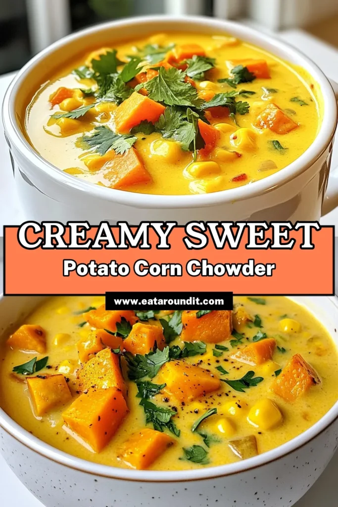 Indulge in this delicious, creamy sweet potato corn chowder that’s both comforting and healthy! This vegan sweet potato soup is made with rich coconut milk for a luscious texture, perfect for chilly days. Enjoy this easy creamy corn chowder recipe packed with flavor and nutrition. Ideal for lunch or dinner, it's sure to be a hit with family and friends. Try it today and elevate your soup game! #SweetPotatoCornChowder #VeganSoup #HealthyChowder #CreamyCornChowder
