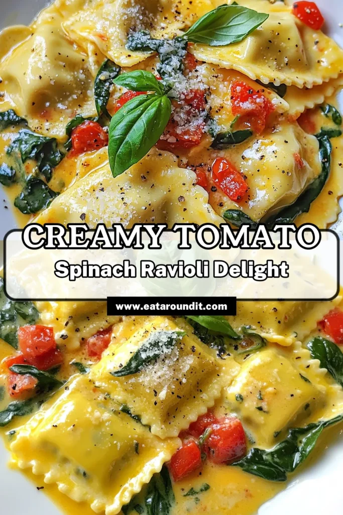 Savor the deliciousness of this creamy tomato spinach ravioli! This easy weeknight pasta recipe features fresh cheese ravioli bathed in a rich creamy tomato sauce, enhanced with fresh spinach and aromatic garlic. Perfect for dinner, this savory ravioli dish is quick to prepare and bursting with Italian flavors. Ready to impress your family? Try this Italian creamy pasta recipe tonight! Save now for a tasty dinner idea! #RavioliRecipe #PastaLovers #ItalianCuisine #EasyRecipes