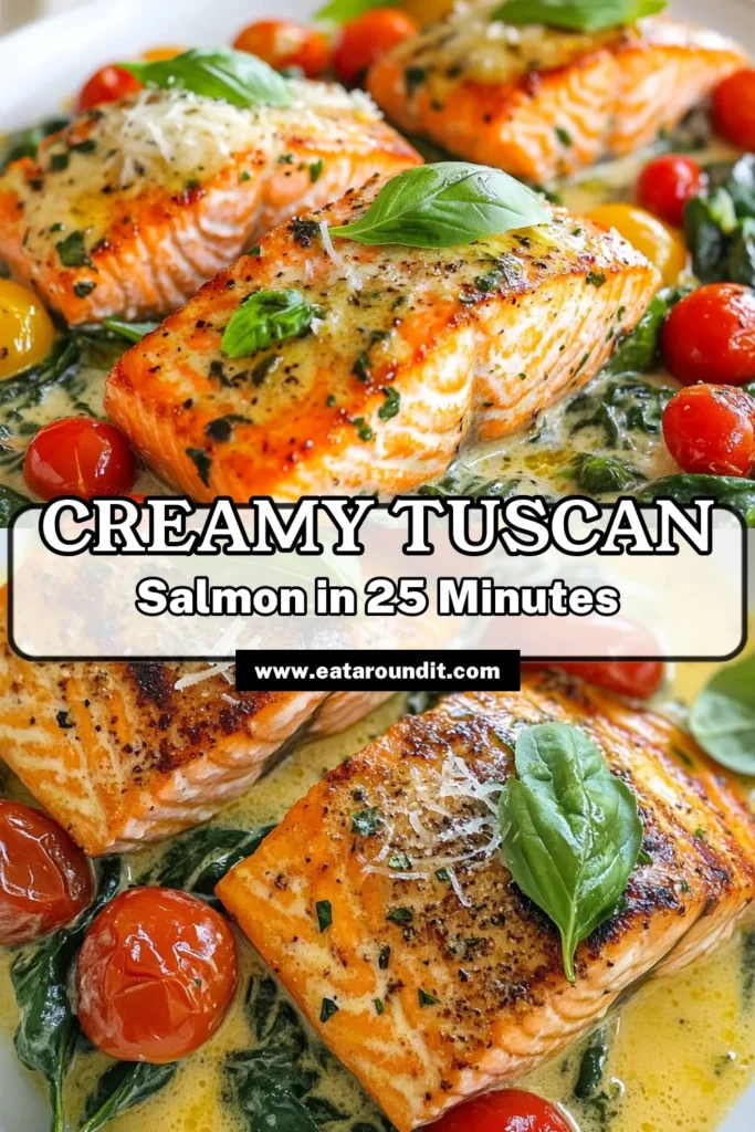 Indulge in this delicious Tuscan salmon recipe featuring a creamy salmon sauce that’s both healthy and easy to prepare. This Italian salmon dish is perfect for a weeknight dinner, combining juicy salmon fillets with cherry tomatoes, spinach, and a rich cream sauce. Elevate your meal with this quick and flavorful recipe that your family will love. Try it today and savor every bite! #TuscanSalmon #CreamySalmonSauce #HealthyDinner #EasyRecipe