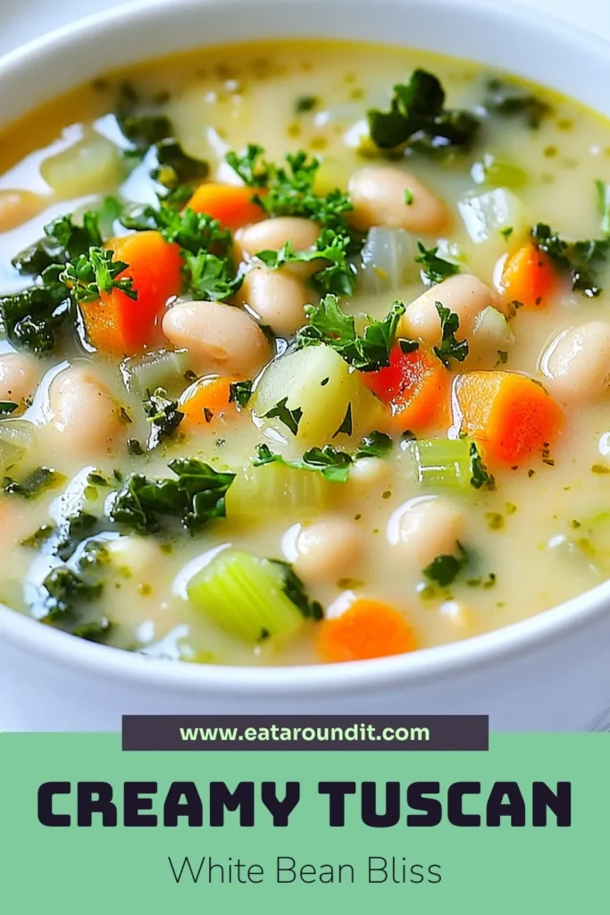 Discover the comforting flavors of Creamy Tuscan White Bean Soup with this easy white bean soup recipe. Packed with healthy ingredients like kale and white beans, this vegan soup is not only delicious but also nutritious. Perfect for cozy dinners, this creamy soup comes together effortlessly in just 40 minutes. Try this healthy bean soup and warm up your day! Save this recipe for later! #VeganSoupRecipes #EasySoupWithKale #HealthyBeanSoup #CreamyTuscanWhiteBeanSoup